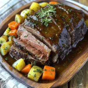 - 3-4 lb beef chuck roast - 4 cloves garlic, minced - 1 large onion, quartered - 4 medium carrots, chopped - 3 medium potatoes, diced - 2 cups low-sodium beef broth - 2 tablespoons Worcestershire sauce - 2 teaspoons dried thyme - 2 teaspoons dried rosemary - 1 teaspoon salt - 1 teaspoon black pepper - 2 tablespoons olive oil - 1 bay leaf Drying the meat before cooking is very important. It helps the roast sear well. Searing adds a nice crust and locks in flavors. To sear, heat olive oil in a skillet. Once hot, place the roast in the pan. Cook each side for about 3 to 4 minutes. You want it brown and golden, not burnt. After searing, let it rest for a few minutes. This step makes the meat juicy. For the vegetables, chop them into bite-sized pieces. This helps them cook evenly in the crock pot. The garlic and onion should be minced and quartered, respectively. This helps their flavors spread throughout the dish. The Full Recipe gives you a clear guide on how to combine these ingredients into a delicious meal. First, pat the beef chuck roast dry with paper towels. This helps create a nice crust. Next, sprinkle salt and black pepper all over the roast. This seasoning adds great flavor. Now, heat olive oil in a large skillet over medium-high heat. When it shimmers, place the roast in the skillet. Sear each side for 3-4 minutes. You want a nice brown color. Once done, take the roast out and set it aside on a plate. In the same skillet, add minced garlic and quartered onion. Cook them for 2-3 minutes, stirring often. This step makes the onions soft and fragrant. Layer chopped carrots and diced potatoes at the bottom of the crock pot. This creates a tasty bed for the roast. Place the seared roast on top of the vegetables. Now, pour the sautéed garlic and onions over the roast. This allows the flavors to mix while cooking. In a separate bowl, mix low-sodium beef broth, Worcestershire sauce, dried thyme, and dried rosemary. Stir until blended. Pour this mixture over the roast in the crock pot. Finally, add the bay leaf on top. This little herb adds a wonderful depth of flavor. Cover the crock pot with the lid. If you have time, set it to low for 8-10 hours. This slow cook makes the meat super tender. If you're short on time, use the high setting for 4-6 hours. The meat should be fork-tender and easy to shred. For best results, check the roast near the end of cooking. This way, you ensure it stays juicy and tender. Resting the meat is key for a juicy roast. After cooking, let the roast sit for 10-15 minutes. This helps the juices spread evenly. If you skip this step, the juices will run out when you slice it. Next, adjusting seasoning is important. Taste the broth and meat before serving. You might need a pinch more salt or pepper. Everyone's taste is different, so make it your own. Arranging the roast and veggies well makes the dish pop. Slice the roast neatly and place it on a platter. Surround it with the soft carrots and potatoes. This creates a beautiful display. For a nice touch, garnish with fresh herbs. Sprinkle some chopped parsley or rosemary on top. This adds color and a fresh aroma that will impress your family. One common mistake is skipping the seasoning. Always season the roast well before cooking. This step makes a big difference in flavor. Another mistake is not allowing the meat to rest. Cutting into the roast too soon leads to dry meat. Always wait a bit to let those juices settle. {{image_4}} You can use different cuts of meat for a crock pot roast. While beef chuck roast is popular, you might try brisket or round roast. Brisket gives a nice flavor and stays tender. Round roast is leaner but can still be tasty. Each cut has its own charm. Adjust the cooking time for each type to get the best results. Seasonal vegetables can add color and flavor. Instead of carrots, try parsnips or sweet potatoes. You can also use turnips or butternut squash for a twist. Don't forget greens like green beans or Brussels sprouts. Fresh herbs like parsley or thyme can brighten up your dish. They add a fresh taste that makes each bite special. Experiment with sauces and marinades to boost flavor. A splash of balsamic vinegar or red wine can make a big difference. Try adding soy sauce or barbecue sauce for a different flavor profile. You can also use mustard or honey for a sweet and tangy taste. Each addition brings its own unique twist to your meal. When storing leftovers, cool them quickly. Leave the meat and veggies at room temperature for no more than two hours. After that, place them in shallow containers. This helps them cool fast. Store your crock pot roast in the refrigerator for up to four days. For longer storage, use your freezer. You can keep it frozen for up to three months. To reheat your crock pot roast, the oven works best. Preheat it to 325°F. Place the meat in a baking dish and add a splash of broth. Cover it with foil to keep it moist. Heat for about 30 minutes or until warm. If you're in a hurry, use the microwave. Heat in short bursts, stirring in between. This helps keep the flavor and texture nice. To freeze your roast for meal prep, cut it into portions. Place the portions in freezer bags or airtight containers. Remove as much air as you can to prevent freezer burn. Label each bag with the date. For thawing, move it to the fridge overnight. This keeps it safe and tasty. You can also thaw it in cold water if you need it faster. You should cook a crock pot roast for 8-10 hours on low and 4-6 hours on high. Cooking on low gives you tender, flavorful meat. On high, the roast will also be tasty, but it may not be as tender. Either way, check for doneness by using a fork. If the meat shreds easily, it is ready to serve. No, you should not put frozen meat in a crockpot. Cooking frozen meat can lead to food safety issues. The meat may not reach a safe temperature fast enough. Always thaw meat first. You can do this in the fridge overnight or use the microwave for a quick thaw. Crock pot roast pairs well with a variety of sides. Here are some ideas: - Mashed potatoes - Steamed green beans - Roasted Brussels sprouts - Creamy coleslaw - Fresh salad These sides balance the hearty flavors of the roast and make the meal feel complete. Yes, this recipe can be healthy. A beef chuck roast provides protein and iron. You can make it healthier by using less oil and salt. Swap in more vegetables like zucchini or bell peppers. Consider using leaner cuts of meat for less fat. Always adjust the recipe to fit your dietary needs. You can find the Full Recipe for a Savory Herb Infused Crock Pot Roast. It includes all the ingredients and steps you need to make this delicious dish. Look for it online or in your favorite cookbook for more details. This blog post guides you through making a delicious crock pot roast. We covered key ingredients, seasoning, and step-by-step instructions. I shared tips for achieving the perfect roast and common mistakes to avoid. You can also explore different variations and storage tips for leftovers. Cooking isn't just about food; it's an act of love and care. Enjoy the process, and happy cooking!