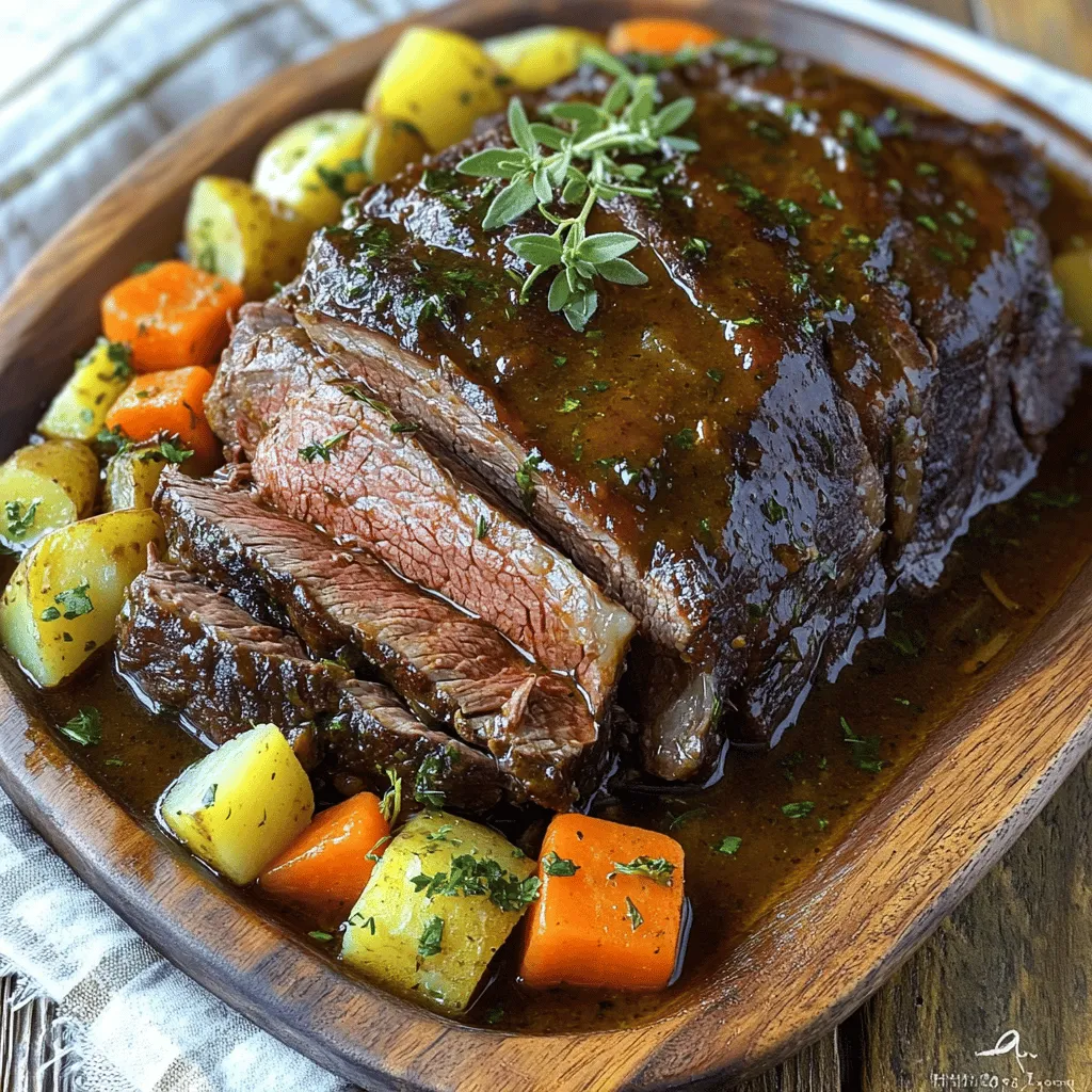 - 3-4 lb beef chuck roast - 4 cloves garlic, minced - 1 large onion, quartered - 4 medium carrots, chopped - 3 medium potatoes, diced - 2 cups low-sodium beef broth - 2 tablespoons Worcestershire sauce - 2 teaspoons dried thyme - 2 teaspoons dried rosemary - 1 teaspoon salt - 1 teaspoon black pepper - 2 tablespoons olive oil - 1 bay leaf Drying the meat before cooking is very important. It helps the roast sear well. Searing adds a nice crust and locks in flavors. To sear, heat olive oil in a skillet. Once hot, place the roast in the pan. Cook each side for about 3 to 4 minutes. You want it brown and golden, not burnt. After searing, let it rest for a few minutes. This step makes the meat juicy. For the vegetables, chop them into bite-sized pieces. This helps them cook evenly in the crock pot. The garlic and onion should be minced and quartered, respectively. This helps their flavors spread throughout the dish. The Full Recipe gives you a clear guide on how to combine these ingredients into a delicious meal. First, pat the beef chuck roast dry with paper towels. This helps create a nice crust. Next, sprinkle salt and black pepper all over the roast. This seasoning adds great flavor. Now, heat olive oil in a large skillet over medium-high heat. When it shimmers, place the roast in the skillet. Sear each side for 3-4 minutes. You want a nice brown color. Once done, take the roast out and set it aside on a plate. In the same skillet, add minced garlic and quartered onion. Cook them for 2-3 minutes, stirring often. This step makes the onions soft and fragrant. Layer chopped carrots and diced potatoes at the bottom of the crock pot. This creates a tasty bed for the roast. Place the seared roast on top of the vegetables. Now, pour the sautéed garlic and onions over the roast. This allows the flavors to mix while cooking. In a separate bowl, mix low-sodium beef broth, Worcestershire sauce, dried thyme, and dried rosemary. Stir until blended. Pour this mixture over the roast in the crock pot. Finally, add the bay leaf on top. This little herb adds a wonderful depth of flavor. Cover the crock pot with the lid. If you have time, set it to low for 8-10 hours. This slow cook makes the meat super tender. If you're short on time, use the high setting for 4-6 hours. The meat should be fork-tender and easy to shred. For best results, check the roast near the end of cooking. This way, you ensure it stays juicy and tender. Resting the meat is key for a juicy roast. After cooking, let the roast sit for 10-15 minutes. This helps the juices spread evenly. If you skip this step, the juices will run out when you slice it. Next, adjusting seasoning is important. Taste the broth and meat before serving. You might need a pinch more salt or pepper. Everyone's taste is different, so make it your own. Arranging the roast and veggies well makes the dish pop. Slice the roast neatly and place it on a platter. Surround it with the soft carrots and potatoes. This creates a beautiful display. For a nice touch, garnish with fresh herbs. Sprinkle some chopped parsley or rosemary on top. This adds color and a fresh aroma that will impress your family. One common mistake is skipping the seasoning. Always season the roast well before cooking. This step makes a big difference in flavor. Another mistake is not allowing the meat to rest. Cutting into the roast too soon leads to dry meat. Always wait a bit to let those juices settle. {{image_4}} You can use different cuts of meat for a crock pot roast. While beef chuck roast is popular, you might try brisket or round roast. Brisket gives a nice flavor and stays tender. Round roast is leaner but can still be tasty. Each cut has its own charm. Adjust the cooking time for each type to get the best results. Seasonal vegetables can add color and flavor. Instead of carrots, try parsnips or sweet potatoes. You can also use turnips or butternut squash for a twist. Don't forget greens like green beans or Brussels sprouts. Fresh herbs like parsley or thyme can brighten up your dish. They add a fresh taste that makes each bite special. Experiment with sauces and marinades to boost flavor. A splash of balsamic vinegar or red wine can make a big difference. Try adding soy sauce or barbecue sauce for a different flavor profile. You can also use mustard or honey for a sweet and tangy taste. Each addition brings its own unique twist to your meal. When storing leftovers, cool them quickly. Leave the meat and veggies at room temperature for no more than two hours. After that, place them in shallow containers. This helps them cool fast. Store your crock pot roast in the refrigerator for up to four days. For longer storage, use your freezer. You can keep it frozen for up to three months. To reheat your crock pot roast, the oven works best. Preheat it to 325°F. Place the meat in a baking dish and add a splash of broth. Cover it with foil to keep it moist. Heat for about 30 minutes or until warm. If you're in a hurry, use the microwave. Heat in short bursts, stirring in between. This helps keep the flavor and texture nice. To freeze your roast for meal prep, cut it into portions. Place the portions in freezer bags or airtight containers. Remove as much air as you can to prevent freezer burn. Label each bag with the date. For thawing, move it to the fridge overnight. This keeps it safe and tasty. You can also thaw it in cold water if you need it faster. You should cook a crock pot roast for 8-10 hours on low and 4-6 hours on high. Cooking on low gives you tender, flavorful meat. On high, the roast will also be tasty, but it may not be as tender. Either way, check for doneness by using a fork. If the meat shreds easily, it is ready to serve. No, you should not put frozen meat in a crockpot. Cooking frozen meat can lead to food safety issues. The meat may not reach a safe temperature fast enough. Always thaw meat first. You can do this in the fridge overnight or use the microwave for a quick thaw. Crock pot roast pairs well with a variety of sides. Here are some ideas: - Mashed potatoes - Steamed green beans - Roasted Brussels sprouts - Creamy coleslaw - Fresh salad These sides balance the hearty flavors of the roast and make the meal feel complete. Yes, this recipe can be healthy. A beef chuck roast provides protein and iron. You can make it healthier by using less oil and salt. Swap in more vegetables like zucchini or bell peppers. Consider using leaner cuts of meat for less fat. Always adjust the recipe to fit your dietary needs. You can find the Full Recipe for a Savory Herb Infused Crock Pot Roast. It includes all the ingredients and steps you need to make this delicious dish. Look for it online or in your favorite cookbook for more details. This blog post guides you through making a delicious crock pot roast. We covered key ingredients, seasoning, and step-by-step instructions. I shared tips for achieving the perfect roast and common mistakes to avoid. You can also explore different variations and storage tips for leftovers. Cooking isn't just about food; it's an act of love and care. Enjoy the process, and happy cooking!