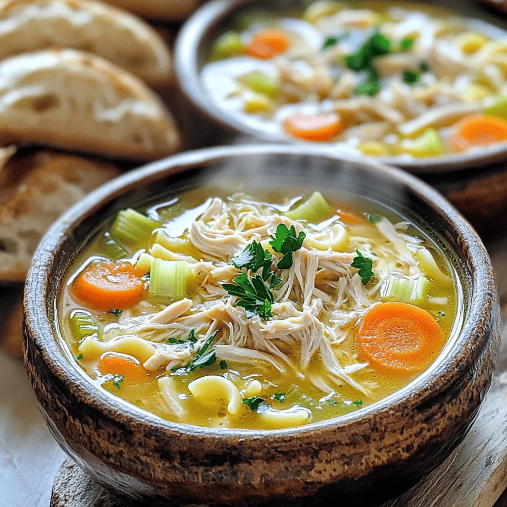 When making Slow Cooker Chicken Noodle Soup, you need fresh, simple ingredients. Each one adds flavor and warmth to the dish. Here’s what you will need: - 1 pound boneless, skinless chicken breasts - 4 cups low-sodium chicken broth - 2 cups water - 1 medium onion, diced - 3 cloves garlic, minced - 3 medium carrots, sliced - 2 stalks celery, sliced - 2 teaspoons dried thyme - 1 teaspoon dried oregano - 1 bay leaf - Salt and pepper to taste - 4 ounces egg noodles - 1 cup frozen peas - Fresh parsley, chopped (for garnish) Each ingredient plays a crucial role. The chicken provides protein, while the broth builds a savory base. Onions and garlic create a fragrant foundation. Carrots and celery add natural sweetness and crunch. Thyme and oregano bring in herbal notes, enhancing the soup’s warmth. The noodles make it hearty, and peas add a pop of color and sweetness. You can find the full recipe to guide you through the cooking process. Enjoy crafting this comforting dish! To make this soup, start by layering the ingredients. Place the chicken breasts at the bottom of the slow cooker. This gives a solid base for the soup. Next, pour in 4 cups of low-sodium chicken broth and 2 cups of water. Make sure the chicken is fully covered. Now, add the diced onion, minced garlic, sliced carrots, and sliced celery. Spread them evenly over the liquids. This layering adds great flavor. Then, sprinkle in the dried thyme, dried oregano, a bay leaf, and a good pinch of salt and pepper. For cooking, you have two options: low heat or high heat. If you choose low heat, cook for 6-8 hours. For high heat, cook for 4-5 hours. The chicken should be tender enough to shred easily. When it’s almost done, add the egg noodles and frozen peas. It’s best to add these 20-30 minutes before you finish cooking. This way, the noodles cook perfectly without getting mushy. Once the chicken is cooked, remove it from the slow cooker. Use two forks to shred the chicken into bite-sized pieces. Then, return the shredded chicken to the soup. Stir it in well. Before serving, taste the soup. You might need to adjust the seasoning with more salt and pepper. Don’t forget to remove the bay leaf! For a fresh touch, sprinkle chopped parsley on top. This adds color and brightness to your comforting dish. Suggested Seasoning Adjustments To boost flavor, think about adding a splash of lemon juice. It brightens the soup. You can also mix in a teaspoon of smoked paprika for depth. If you love spice, a pinch of cayenne adds a nice kick. Taste your soup before serving. Adjust with more salt or pepper if needed. Adding Fresh Herbs Fresh herbs make a big difference. Try adding thyme or dill right at the end. Chopped parsley adds color and freshness. You can also add fresh basil for a unique twist. Just remember to add them just before serving to keep their flavor bright. Benefits of Slow Cooking Slow cooking lets flavors blend nicely. It makes tough cuts of meat tender. You don’t need to stand by the stove. Just set it and forget it. Plus, it fills your home with a cozy aroma. Common Mistakes to Avoid Avoid lifting the lid too often. Each time you do, heat escapes. This can extend cooking time. Also, be careful not to overfill your slow cooker. Leave some space for steam. Lastly, always check your slow cooker’s manual for specific cooking times. Ideal Accompaniments Serve your soup with crusty bread for a filling meal. A fresh green salad pairs well too. If you want more flavor, try a sprinkle of grated cheese on top. This makes each bite even better. Presentation Tips When serving, use deep bowls for a hearty look. Ladle in the soup and then add a sprinkle of parsley. This adds a nice splash of green. You can also offer lemon wedges on the side. This allows guests to add a zing if they wish. {{image_4}} You can switch the chicken for other proteins. Try turkey for a lighter dish. If you prefer beef, use stew meat. For a fun twist, add shrimp in the last hour of cooking. Each protein brings its own taste, making the soup unique. If you want a meatless option, use chickpeas or lentils. Both add protein and heartiness. Replace chicken broth with vegetable broth for flavor. You can also add more veggies. Consider mushrooms, zucchini, or bell peppers. These choices keep the soup rich and filling. To spice things up, add red pepper flakes or cayenne. This gives a nice kick without being too spicy. You can also try fresh herbs like dill or basil for a fresh taste. Experimenting with flavors can make your soup special. For a creamy version, stir in some heavy cream or coconut milk at the end. This adds a rich texture and taste. If you like the traditional style, stick to the original recipe. Both versions are delicious in their own way. For more ideas, check out the Full Recipe for additional tips and variations. - Best Containers for Storing Soup: Use airtight containers. Glass containers work well since they won't stain. If you use plastic, ensure it is BPA-free. - Refrigeration and Freezing Tips: Store leftover soup in the fridge for up to four days. For longer storage, freeze the soup. Cool it to room temperature before freezing. Use freezer-safe bags or containers for easy storage. Leave some space at the top, as soup expands when frozen. - Recommended Methods: To reheat, use a pot on the stove. Stir the soup often for even heating. You can also use the microwave. Heat in a microwave-safe bowl, stirring every minute for the best results. - Keeping Noodles from Getting Soggy: If you freeze the soup, add the noodles fresh when reheating. This keeps them firm. If you have leftovers with noodles, add a splash of broth when reheating. This helps maintain their texture. How to make Slow Cooker Chicken Noodle Soup gluten-free? To make this soup gluten-free, use gluten-free noodles. You can find many brands that offer tasty options. Also, ensure the chicken broth is labeled gluten-free. This keeps your soup safe and delicious. Can I add other vegetables? Absolutely! You can add vegetables like corn, green beans, or bell peppers. Just chop them small so they cook well. Feel free to mix and match based on what you like. How long does Slow Cooker Chicken Noodle Soup last in the fridge? This soup can last in the fridge for about 3-4 days. Store it in an airtight container for best results. Reheat it on the stove or in the microwave until hot. What type of chicken works best? Boneless, skinless chicken breasts work best for this recipe. They cook evenly and shred easily. You can also use thighs for a richer flavor, but the cooking time may vary. Can I use fresh instead of frozen peas? Yes, you can use fresh peas! Just add them in the last few minutes of cooking. This way, they stay bright and tender. Is it necessary to sauté vegetables first? No, it’s not necessary to sauté the vegetables. Adding them raw allows them to cook slowly and soak up flavors. This saves time and makes it easier. How do I know when the chicken is cooked through? The chicken is cooked when it reaches 165°F. You can check this with a meat thermometer. If you don't have one, look for the chicken to be white and no longer pink inside. In this blog post, we covered making Slow Cooker Chicken Noodle Soup. We discussed the key ingredients, step-by-step instructions, and cooking times. You learned tips for enhancing flavors and ways to customize your soup. We also explored storage methods and answered common questions. This soup is easy to make and tasty. With the right tools and tips, you can enjoy a warm bowl every time. Try it today and enjoy!