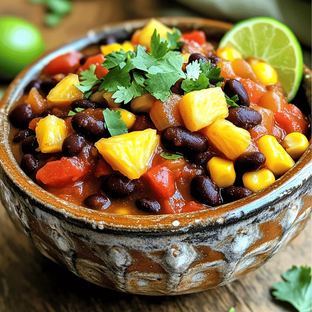 To create a sweet and spicy pineapple chili, gather these fresh and flavorful ingredients: - 1 can (15 oz) black beans, drained and rinsed - 1 can (15 oz) kidney beans, drained and rinsed - 1 can (15 oz) diced tomatoes, undrained - 1 cup frozen corn - 1 fresh pineapple, peeled, cored, and diced into bite-sized pieces - 1 large red bell pepper, chopped into 1-inch pieces - 1 small red onion, diced finely - 2 cloves garlic, minced - 2 tablespoons olive oil - 1 tablespoon chili powder - 1 teaspoon ground cumin - 1 teaspoon smoked paprika - ½ teaspoon cayenne pepper (adjust based on spice preference) - Salt and freshly ground black pepper to taste - 2 tablespoons honey or maple syrup for sweetness - Fresh cilantro leaves for garnish Each ingredient plays a vital role in bringing the sweet and spicy flavors to life. The black and kidney beans add protein and texture, while the pineapple brings a lovely sweetness. The spices create warmth, making each bite a delightful experience. I love using fresh ingredients because they enhance the dish's vibrant taste. 1. Cooking the base mixture Start by heating 2 tablespoons of olive oil in a large saucepan over medium heat. Add 1 small diced red onion and 1 large chopped red bell pepper. Sauté these for about 5 minutes. You want the onion to be clear and fragrant. 2. Adding fresh pineapple Next, add 1 fresh pineapple that you’ve peeled, cored, and diced into bite-sized pieces. Cook this mix for 3 to 4 minutes. Stir occasionally until the pineapple turns golden and caramelizes. 3. Incorporating beans and tomatoes Now, stir in 1 can of drained black beans, 1 can of drained kidney beans, and 1 can of undrained diced tomatoes. Also, add 1 cup of frozen corn. Mix all these well to combine everything evenly. 4. Seasoning and sweetening Season the chili with 1 tablespoon of chili powder, 1 teaspoon of ground cumin, 1 teaspoon of smoked paprika, and ½ teaspoon of cayenne pepper. Add salt and pepper to taste. Then, drizzle in 2 tablespoons of honey or maple syrup. Stir until the spices and sweetener blend into the mixture. 1. Adjusting the heat and flavors Lower the heat to simmer the chili. Let it cook for 20 to 25 minutes. Stir occasionally to keep it from sticking and to help the flavors blend well. 2. Cooking time and techniques As the chili cooks, the flavors meld together beautifully. The pineapple adds a sweet touch, while the spices kick up the heat. 3. Final adjustments before serving After simmering, taste the chili. If you want it spicier, add more cayenne pepper. Once the chili is thickened, turn off the heat. Let it rest for a few minutes to enhance the flavors before serving. For the full recipe, be sure to check the detailed steps above! Enjoy your sweet and spicy creation! To get the best flavor, focus on three main areas: spice levels, sweetness, and sautéing. Adjusting spice levels: Start with half a teaspoon of cayenne pepper. Taste it, then add more if you like extra heat. Remember, you can always add spice, but you can't take it out! Sweetening methods: Honey or maple syrup enhances the chili's sweetness. Use two tablespoons to balance the heat. For a twist, try brown sugar or agave syrup. Sautéing techniques: Sauté the onions and peppers until they are soft. This brings out their natural sweetness. Cook them for about five minutes. Add garlic last to avoid burning it. Presentation matters! Serve your chili in bright bowls. Top with fresh cilantro for a visual spark. A lime wedge adds a refreshing twist. Best side dishes to pair: Crispy tortilla chips are a great match. They add crunch and texture. You might also enjoy cornbread or a light salad on the side. Garnish for enhanced flavor: Sprinkle chopped green onions or a dollop of sour cream for creaminess. These add depth and balance to the spicy chili. Enjoy experimenting with your own toppings! {{image_4}} If you want to mix things up, consider different beans. You can use pinto beans or cannellini beans for a new taste. Each type adds its own flair to the chili. For the fresh pineapple, you can use canned pineapple chunks. Just be sure to drain it well. This option saves time and still brings sweetness to the dish. If you're feeling adventurous, try mango for a fun twist. If you crave more heat, add jalapeños or serrano peppers. These spicy options will kick up the flavor. You can also increase the cayenne pepper to suit your taste. Making this chili vegan is easy. Simply skip the honey and use maple syrup instead. This keeps it sweet without animal products. For gluten-free chili, check your spices. Most are gluten-free, but always read labels. If you use canned beans, ensure they're labeled gluten-free. If you're watching sugar intake, reduce the sweetener. You can even skip it altogether. The natural sweetness of the pineapple may be enough for you. For more ideas, check out the Full Recipe. This allows you to explore every option and find what works best for you. - Use an airtight container for best results. - Let the chili cool down before sealing. - Store in the fridge for up to 5 days. - Freeze in a freezer-safe container. - Leave some space for expansion. - It can last up to 3 months in the freezer. - For stovetop reheating, use a saucepan over low heat. - Stir often to keep flavors intact. - For microwave reheating, cover with a lid to avoid splatters. - Heat for 1-2 minutes, stirring halfway through. I find that knowing how to store and reheat your Sweet & Spicy Pineapple Chili makes it easier to enjoy later. This dish is perfect for meal prep, and it tastes even better the next day! What to do if the chili is too spicy? If your chili is too spicy, add more sweeteners like honey or maple syrup. You can also mix in extra beans or corn to balance the heat. If it is still too hot, serve it with sour cream or yogurt. This cools down the spice nicely. Can I make this dish in advance? Yes, you can make Sweet & Spicy Pineapple Chili ahead of time. Store it in an airtight container in the fridge. It will taste even better the next day as the flavors blend. Just reheat it on the stove or in the microwave when you are ready to serve. What can I serve with Sweet & Spicy Pineapple Chili? This chili pairs well with rice or quinoa. You can also serve it with tortilla chips for crunch. A fresh salad or some cornbread makes for a great side too. Full Recipe access for details For the full recipe and step-by-step guide, check the full recipe section above. Variations for different tastes You can change the flavor by using different beans. Black beans and pinto beans work well. If you want it sweeter, add more pineapple or a splash of orange juice. For a spicier kick, use jalapeños or hot sauce. Tips for enhancing flavor further To enhance the flavor, sauté the garlic until it’s fragrant but not burnt. This gives a nice depth. Adding fresh lime juice just before serving brightens the dish. Try topping it with avocado or cheese for extra creaminess. This blog post breaks down how to make a tasty Sweet & Spicy Pineapple Chili. We explored ingredients like black beans, fresh pineapple, and spices. I shared steps for cooking, simmering, and perfecting your chili. Don't forget the tips on adjustments and serving ideas. In summary, making chili is easy and fun. You can try new flavors and variations, too. Enjoy your cooking journey!
