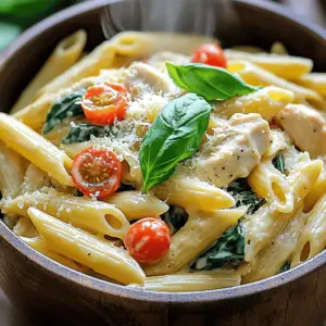 For this creamy dish, you will need: - 2 boneless, skinless chicken breasts, diced into bite-sized pieces - 8 ounces pasta (penne or fusilli recommended for optimal texture) - 2 tablespoons extra virgin olive oil - 3 cloves garlic, finely minced - 1 teaspoon dried Italian seasoning blend - 2 cups fresh baby spinach - 1 cup cherry tomatoes, halved for a burst of flavor - 1 cup low-sodium chicken broth - 1 cup heavy cream for richness - ½ cup freshly grated Parmesan cheese, plus extra for garnish - Salt and freshly cracked black pepper to taste - Fresh basil leaves for garnish This mix brings great taste and harmony to the dish. You might want to enhance your dish with: - Extra grated Parmesan cheese for a cheesy touch - Fresh basil leaves for a pop of color and flavor - Crushed red pepper flakes for a little heat - Sliced black olives for added depth - A squeeze of lemon juice for brightness These options let you customize the recipe to your liking. If you have special dietary needs, consider these swaps: - For a lighter dish, use chicken breast or turkey instead of heavier meats - Swap heavy cream with coconut milk for a dairy-free option - Use gluten-free pasta for a gluten-free meal - If avoiding chicken, try shrimp or tofu for a different protein These substitutions keep the essence of the dish while catering to your needs. First, heat 2 tablespoons of extra virgin olive oil in a large pot over medium heat. When the oil is hot, add 2 diced boneless chicken breasts. Sprinkle salt, pepper, and 1 teaspoon of dried Italian seasoning on the chicken. Cook the chicken for 5-7 minutes. Stir it often until it turns golden brown and is fully cooked. Once done, remove the chicken and set it aside on a plate. Next, add 3 cloves of finely minced garlic to the same pot. Sauté for about 30 seconds. You want to see it become fragrant but not burned. Now, add 1 cup of halved cherry tomatoes to the pot. Cook them for 2 minutes. This will help them soften and release their juices. After that, pour in 1 cup of low-sodium chicken broth. Use a wooden spoon to scrape any browned bits off the bottom of the pot. This adds great flavor. Bring the broth to a boil. Once boiling, stir in 8 ounces of pasta, either penne or fusilli. Reduce the heat to a gentle simmer and cover the pot. Cook the pasta according to the package instructions, usually about 10-12 minutes. Stir it occasionally to keep it from sticking. Once the pasta is al dente and most of the liquid is absorbed, gently stir in 1 cup of heavy cream and the cooked chicken. Add 2 cups of fresh baby spinach next. Let the mixture simmer for another 2-3 minutes. This will help the spinach wilt and warm everything through. Finally, remove the pot from heat. Stir in ½ cup of freshly grated Parmesan cheese until the sauce is creamy. Taste and adjust the seasoning with salt and pepper as needed. For serving, dish up the creamy pasta in wide bowls. Garnish each serving with fresh basil leaves and extra Parmesan cheese. Enjoy your pasta delight! To make the sauce creamy, use heavy cream. It adds richness and smoothness. Stir in the cream after the pasta is almost done cooking. This allows it to blend perfectly. You can also add more cheese for extra creaminess. Parmesan cheese works best. Stir it in off the heat. This keeps the sauce silky and smooth. To cook pasta al dente, follow these steps: - Use a large pot with plenty of water. - Add a generous amount of salt to the water. - Stir the pasta often while it cooks. - Check the package for cooking time. Start testing a minute early. - When it's firm but not hard, it's ready. Drain it quickly but save some pasta water. This can help adjust the sauce later. Herbs and spices can boost flavor in your dish. Fresh herbs like basil add brightness. You can add dried Italian seasoning for depth. If you enjoy heat, sprinkle in red pepper flakes. They bring warmth and spice. Garlic is key for flavor, so use fresh minced garlic. Each of these enhances your creamy Tuscan chicken pasta, making it truly delightful. {{image_4}} To make a vegetarian version of One-Pot Creamy Tuscan Chicken Pasta, substitute chicken with diced mushrooms or chickpeas. These options provide great texture and protein. Use vegetable broth instead of chicken broth. For cream, you can opt for a plant-based version made from cashews or almond milk. Add in more veggies like zucchini or bell peppers for a colorful dish. This swap keeps the dish creamy and satisfying without meat. If you need a gluten-free option, choose gluten-free pasta like brown rice or quinoa pasta. These pastas cook well in the same way as regular pasta. Just be sure to check the package instructions for cooking times. The flavor remains rich and creamy, just like the original recipe. This allows everyone to enjoy the dish without worry. To spice things up, add red pepper flakes or diced jalapeños. Start with a small amount and taste as you go. This way, you control the heat level. The spice pairs well with the creamy sauce and fresh ingredients. It adds an exciting twist to the dish, making it fun and flavorful. To keep your One-Pot Creamy Tuscan Chicken Pasta fresh, store it in an airtight container. Let it cool before sealing to avoid steaming. This method helps maintain the pasta's texture. You can keep it in the fridge for up to three days. If you want to enjoy it later, consider freezing it instead. When you reheat your pasta, aim for even warmth without drying it out. The best way is to use a pot over low heat. Add a splash of chicken broth or cream to keep it creamy. Stir gently until it heats through. You can also use the microwave. Heat in short intervals, stirring in between. This way, you preserve the sauce's rich flavor. If you want to freeze your creamy pasta, portion it into servings. Place in freezer-safe containers or bags. Make sure to remove as much air as possible. This helps prevent freezer burn. You can store it for up to three months. When ready to eat, thaw it in the fridge overnight. Reheat as described above for a quick, tasty meal. I recommend using penne or fusilli pasta. They hold the creamy sauce well. Their shapes trap the sauce, making each bite flavorful. Both types cook evenly in one pot. You can choose other pasta shapes, but these work best. Yes, you can use other proteins, like shrimp or turkey. Both options cook quickly and pair well with the flavors. If you go with shrimp, cook them for just a few minutes. For turkey, follow the same steps as chicken. This recipe is flexible, so feel free to get creative. To make this dish dairy-free, swap heavy cream with coconut cream or unsweetened almond milk. Use nutritional yeast in place of Parmesan cheese for a cheesy flavor. Check that your broth is dairy-free too. These swaps keep the dish creamy and delicious while meeting your dietary needs. This blog post covered how to make creamy Tuscan chicken pasta in one pot. You learned about key ingredients and how to cook them step by step. I shared tips for creamy sauce and perfect pasta. We also explored tasty variations and best storage methods. Remember, cooking is fun, and you can make this dish your own. Experiment with ingredients you love and enjoy sharing it with others.