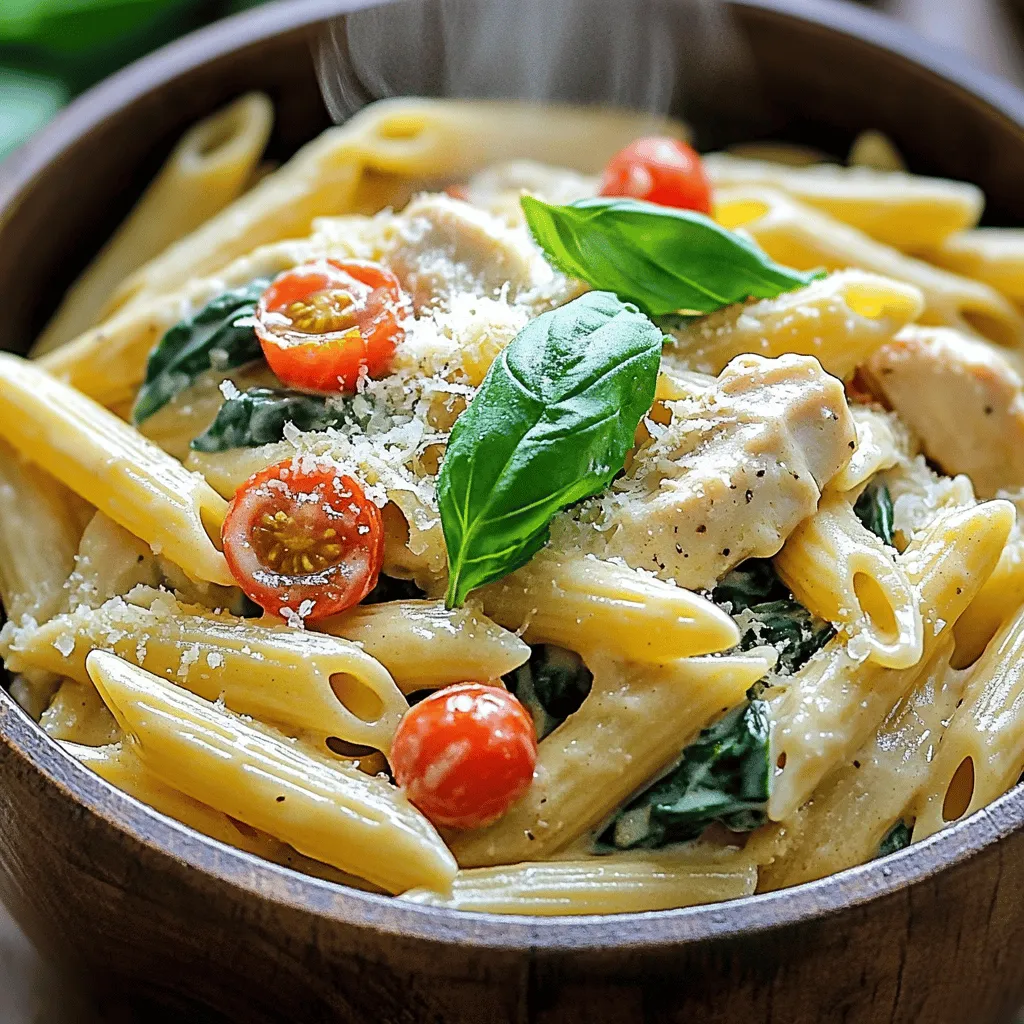 For this creamy dish, you will need: - 2 boneless, skinless chicken breasts, diced into bite-sized pieces - 8 ounces pasta (penne or fusilli recommended for optimal texture) - 2 tablespoons extra virgin olive oil - 3 cloves garlic, finely minced - 1 teaspoon dried Italian seasoning blend - 2 cups fresh baby spinach - 1 cup cherry tomatoes, halved for a burst of flavor - 1 cup low-sodium chicken broth - 1 cup heavy cream for richness - ½ cup freshly grated Parmesan cheese, plus extra for garnish - Salt and freshly cracked black pepper to taste - Fresh basil leaves for garnish This mix brings great taste and harmony to the dish. You might want to enhance your dish with: - Extra grated Parmesan cheese for a cheesy touch - Fresh basil leaves for a pop of color and flavor - Crushed red pepper flakes for a little heat - Sliced black olives for added depth - A squeeze of lemon juice for brightness These options let you customize the recipe to your liking. If you have special dietary needs, consider these swaps: - For a lighter dish, use chicken breast or turkey instead of heavier meats - Swap heavy cream with coconut milk for a dairy-free option - Use gluten-free pasta for a gluten-free meal - If avoiding chicken, try shrimp or tofu for a different protein These substitutions keep the essence of the dish while catering to your needs. First, heat 2 tablespoons of extra virgin olive oil in a large pot over medium heat. When the oil is hot, add 2 diced boneless chicken breasts. Sprinkle salt, pepper, and 1 teaspoon of dried Italian seasoning on the chicken. Cook the chicken for 5-7 minutes. Stir it often until it turns golden brown and is fully cooked. Once done, remove the chicken and set it aside on a plate. Next, add 3 cloves of finely minced garlic to the same pot. Sauté for about 30 seconds. You want to see it become fragrant but not burned. Now, add 1 cup of halved cherry tomatoes to the pot. Cook them for 2 minutes. This will help them soften and release their juices. After that, pour in 1 cup of low-sodium chicken broth. Use a wooden spoon to scrape any browned bits off the bottom of the pot. This adds great flavor. Bring the broth to a boil. Once boiling, stir in 8 ounces of pasta, either penne or fusilli. Reduce the heat to a gentle simmer and cover the pot. Cook the pasta according to the package instructions, usually about 10-12 minutes. Stir it occasionally to keep it from sticking. Once the pasta is al dente and most of the liquid is absorbed, gently stir in 1 cup of heavy cream and the cooked chicken. Add 2 cups of fresh baby spinach next. Let the mixture simmer for another 2-3 minutes. This will help the spinach wilt and warm everything through. Finally, remove the pot from heat. Stir in ½ cup of freshly grated Parmesan cheese until the sauce is creamy. Taste and adjust the seasoning with salt and pepper as needed. For serving, dish up the creamy pasta in wide bowls. Garnish each serving with fresh basil leaves and extra Parmesan cheese. Enjoy your pasta delight! To make the sauce creamy, use heavy cream. It adds richness and smoothness. Stir in the cream after the pasta is almost done cooking. This allows it to blend perfectly. You can also add more cheese for extra creaminess. Parmesan cheese works best. Stir it in off the heat. This keeps the sauce silky and smooth. To cook pasta al dente, follow these steps: - Use a large pot with plenty of water. - Add a generous amount of salt to the water. - Stir the pasta often while it cooks. - Check the package for cooking time. Start testing a minute early. - When it's firm but not hard, it's ready. Drain it quickly but save some pasta water. This can help adjust the sauce later. Herbs and spices can boost flavor in your dish. Fresh herbs like basil add brightness. You can add dried Italian seasoning for depth. If you enjoy heat, sprinkle in red pepper flakes. They bring warmth and spice. Garlic is key for flavor, so use fresh minced garlic. Each of these enhances your creamy Tuscan chicken pasta, making it truly delightful. {{image_4}} To make a vegetarian version of One-Pot Creamy Tuscan Chicken Pasta, substitute chicken with diced mushrooms or chickpeas. These options provide great texture and protein. Use vegetable broth instead of chicken broth. For cream, you can opt for a plant-based version made from cashews or almond milk. Add in more veggies like zucchini or bell peppers for a colorful dish. This swap keeps the dish creamy and satisfying without meat. If you need a gluten-free option, choose gluten-free pasta like brown rice or quinoa pasta. These pastas cook well in the same way as regular pasta. Just be sure to check the package instructions for cooking times. The flavor remains rich and creamy, just like the original recipe. This allows everyone to enjoy the dish without worry. To spice things up, add red pepper flakes or diced jalapeños. Start with a small amount and taste as you go. This way, you control the heat level. The spice pairs well with the creamy sauce and fresh ingredients. It adds an exciting twist to the dish, making it fun and flavorful. To keep your One-Pot Creamy Tuscan Chicken Pasta fresh, store it in an airtight container. Let it cool before sealing to avoid steaming. This method helps maintain the pasta's texture. You can keep it in the fridge for up to three days. If you want to enjoy it later, consider freezing it instead. When you reheat your pasta, aim for even warmth without drying it out. The best way is to use a pot over low heat. Add a splash of chicken broth or cream to keep it creamy. Stir gently until it heats through. You can also use the microwave. Heat in short intervals, stirring in between. This way, you preserve the sauce's rich flavor. If you want to freeze your creamy pasta, portion it into servings. Place in freezer-safe containers or bags. Make sure to remove as much air as possible. This helps prevent freezer burn. You can store it for up to three months. When ready to eat, thaw it in the fridge overnight. Reheat as described above for a quick, tasty meal. I recommend using penne or fusilli pasta. They hold the creamy sauce well. Their shapes trap the sauce, making each bite flavorful. Both types cook evenly in one pot. You can choose other pasta shapes, but these work best. Yes, you can use other proteins, like shrimp or turkey. Both options cook quickly and pair well with the flavors. If you go with shrimp, cook them for just a few minutes. For turkey, follow the same steps as chicken. This recipe is flexible, so feel free to get creative. To make this dish dairy-free, swap heavy cream with coconut cream or unsweetened almond milk. Use nutritional yeast in place of Parmesan cheese for a cheesy flavor. Check that your broth is dairy-free too. These swaps keep the dish creamy and delicious while meeting your dietary needs. This blog post covered how to make creamy Tuscan chicken pasta in one pot. You learned about key ingredients and how to cook them step by step. I shared tips for creamy sauce and perfect pasta. We also explored tasty variations and best storage methods. Remember, cooking is fun, and you can make this dish your own. Experiment with ingredients you love and enjoy sharing it with others.