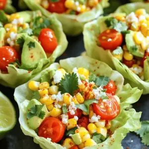 - 4 fresh ears of corn, husked and grilled - 1 cup sweet cherry tomatoes, halved - 1 ripe avocado, diced - 1/2 cup red onion, finely chopped - 1/2 cup cotija cheese, crumbled - 1/4 cup fresh cilantro, roughly chopped - Juice of 2 juicy limes - 2 tablespoons high-quality olive oil - 1 teaspoon chili powder - Salt and freshly ground pepper to taste - Small lettuce leaves (such as butter or romaine) or sturdy tortilla chips for serving Using fresh ingredients makes a big difference in this dish. Fresh corn adds sweetness and crunch. Ripe avocados give a creamy texture. Sweet cherry tomatoes bring a burst of flavor. When you use fresh produce, you get the best taste and nutrition. The colors also pop, making the dish more appealing. If you can’t find an ingredient, don’t worry! Here are some easy swaps: - Use canned corn if fresh corn is not available. - Swap cotija cheese with feta or goat cheese. - Try lime juice from a bottle, but fresh is best. - If you want less heat, skip the chili powder or use paprika. - For a different crunch, use diced bell peppers instead of red onion. These changes keep the spirit of the dish while letting you use what you have. Enjoy your cooking adventure! To start, heat your grill to medium-high. Take four fresh ears of corn and husk them. Place the corn directly on the grill. Cook for 10 to 12 minutes. Turn them often to get a nice char. When done, remove the corn from the grill and let it cool a bit. Once cool, slice the kernels off the cob and put them in a large mixing bowl. Now, it’s time to add the fun stuff! In the bowl with the corn, add 1 cup of halved sweet cherry tomatoes. Then, dice 1 ripe avocado and toss it in. Next, finely chop 1/2 cup of red onion and add it too. Crumble 1/2 cup of cotija cheese and sprinkle it in. Lastly, add 1/4 cup of roughly chopped fresh cilantro. You’ll love how colorful this mix looks! For the dressing, grab a small bowl. In it, whisk together the juice of 2 limes, 2 tablespoons of high-quality olive oil, and 1 teaspoon of chili powder. Add a pinch of salt and freshly ground pepper. Mix until it becomes smooth and well-blended. This tangy dressing will make your salad pop! Now, let’s put it all together. Drizzle your dressing over the corn mixture. Use a spatula to gently toss everything. Be careful to keep the avocado pieces intact. Next, take small lettuce leaves or sturdy tortilla chips. Spoon generous amounts of the salad mixture into each one. This makes it easy to enjoy! For a nice touch, sprinkle extra cotija cheese and fresh cilantro on top. Your Street Corn Salad Cups are ready to impress! To grill corn just right, start with fresh ears. Husk them well. Heat your grill to medium-high. Place the corn directly on the grates. Turn them every few minutes. Aim for a nice char in about 10-12 minutes. When done, let the corn cool before cutting off the kernels. This step makes your salad full of flavor. If you have leftover salad, store it in an airtight container. Keep it in the fridge. It stays fresh for about two days. Just remember, the avocado may brown over time. To slow this down, add a little lime juice on top before sealing the container. This keeps your salad looking bright and tasty. You can change the flavors in your salad to suit your taste. Want it spicy? Add more chili powder or some diced jalapeños. Love herbs? Try adding fresh dill or parsley. For a sweeter touch, mix in some diced mango or pineapple. The options are endless. Get creative and make it your own! {{image_4}} You can boost your Street Corn Salad Cups by adding proteins. Chicken or shrimp work well. Grilled chicken adds a smoky taste. For a fresh twist, try diced rotisserie chicken. If you like seafood, grilled shrimp is a great choice. It adds a nice contrast to the sweet corn. For a heartier option, use black beans. They give protein and fiber. Just rinse and mix them in. If you want vegetarian options, skip the meat and add more veggies. Grilled zucchini or bell peppers add great flavor. You can also add chickpeas for extra protein. For vegan options, replace cotija cheese with avocado or nutritional yeast. Both give a creamy texture without dairy. This keeps your salad fresh and light. The dressing can change the whole flavor of your salad. Instead of lime, try lemon juice for a different twist. A bit of honey can add sweetness. For a spicy kick, mix in some hot sauce or sriracha. If you prefer a creamier dressing, mix yogurt or avocado with lime juice. This adds a rich texture. Play with flavors to find your favorite mix! Store any leftover salad in an airtight container. This keeps the flavors fresh. If you use lettuce cups, remove the salad before storing. The lettuce can wilt quickly. Leftover salad stays good for about 2 days in the fridge. To keep your salad fresh, add the dressing just before serving. This helps the ingredients stay crisp. If you have extra tomatoes or avocado, store them separately. They can spoil fast when mixed in. You don't need to reheat this salad. It tastes best cold. If you want to serve it warm, try grilling the corn again. Just be careful not to overcook it. You can also use the salad as a topping for grilled meats or tacos. This adds a fresh touch to any meal! Yes, you can prepare the salad ahead of time. Just keep the salad mixture in the fridge. It tastes great cold. However, I recommend waiting to assemble the cups until right before serving. The lettuce or chips can get soggy if you wait too long. These salad cups pair well with many dishes. Try serving them with grilled chicken or fish. They also go great with tacos or quesadillas. For a lighter meal, serve them with a fresh green salad. You can even enjoy them as a snack on their own! To add heat, use more chili powder. You can also add diced jalapeños or hot sauce. Adjust the flavors to your taste. Just remember to start small and taste as you go. You can always add more spice if needed. This salad is not only tasty but also healthy! Here are some benefits of the key ingredients: - Corn: High in fiber and vitamins. - Avocado: Good source of healthy fats and potassium. - Tomatoes: Packed with vitamins C and K, plus antioxidants. - Red Onion: Contains antioxidants and may boost heart health. - Cilantro: Rich in vitamins A and K, plus it adds flavor. - Cotija Cheese: Adds calcium and protein. This mix offers fiber, vitamins, and healthy fats, making it a great choice for a meal or snack! You learned key steps to make tasty Street Corn Salad Cups. Fresh ingredients boost flavor and nutrition. I shared tips on grilling corn and storing leftovers. You also explored fun variations and possible protein additions. Try customizing the flavors to fit your taste. This dish is versatile and simple. With these ideas, you can enjoy Street Corn Salad Cups anytime you want. Enjoy creating your own version!