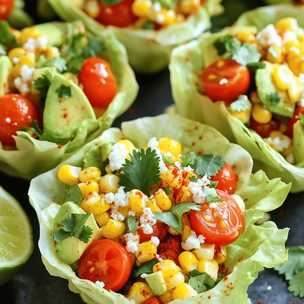 - 4 fresh ears of corn, husked and grilled - 1 cup sweet cherry tomatoes, halved - 1 ripe avocado, diced - 1/2 cup red onion, finely chopped - 1/2 cup cotija cheese, crumbled - 1/4 cup fresh cilantro, roughly chopped - Juice of 2 juicy limes - 2 tablespoons high-quality olive oil - 1 teaspoon chili powder - Salt and freshly ground pepper to taste - Small lettuce leaves (such as butter or romaine) or sturdy tortilla chips for serving Using fresh ingredients makes a big difference in this dish. Fresh corn adds sweetness and crunch. Ripe avocados give a creamy texture. Sweet cherry tomatoes bring a burst of flavor. When you use fresh produce, you get the best taste and nutrition. The colors also pop, making the dish more appealing. If you can’t find an ingredient, don’t worry! Here are some easy swaps: - Use canned corn if fresh corn is not available. - Swap cotija cheese with feta or goat cheese. - Try lime juice from a bottle, but fresh is best. - If you want less heat, skip the chili powder or use paprika. - For a different crunch, use diced bell peppers instead of red onion. These changes keep the spirit of the dish while letting you use what you have. Enjoy your cooking adventure! To start, heat your grill to medium-high. Take four fresh ears of corn and husk them. Place the corn directly on the grill. Cook for 10 to 12 minutes. Turn them often to get a nice char. When done, remove the corn from the grill and let it cool a bit. Once cool, slice the kernels off the cob and put them in a large mixing bowl. Now, it’s time to add the fun stuff! In the bowl with the corn, add 1 cup of halved sweet cherry tomatoes. Then, dice 1 ripe avocado and toss it in. Next, finely chop 1/2 cup of red onion and add it too. Crumble 1/2 cup of cotija cheese and sprinkle it in. Lastly, add 1/4 cup of roughly chopped fresh cilantro. You’ll love how colorful this mix looks! For the dressing, grab a small bowl. In it, whisk together the juice of 2 limes, 2 tablespoons of high-quality olive oil, and 1 teaspoon of chili powder. Add a pinch of salt and freshly ground pepper. Mix until it becomes smooth and well-blended. This tangy dressing will make your salad pop! Now, let’s put it all together. Drizzle your dressing over the corn mixture. Use a spatula to gently toss everything. Be careful to keep the avocado pieces intact. Next, take small lettuce leaves or sturdy tortilla chips. Spoon generous amounts of the salad mixture into each one. This makes it easy to enjoy! For a nice touch, sprinkle extra cotija cheese and fresh cilantro on top. Your Street Corn Salad Cups are ready to impress! To grill corn just right, start with fresh ears. Husk them well. Heat your grill to medium-high. Place the corn directly on the grates. Turn them every few minutes. Aim for a nice char in about 10-12 minutes. When done, let the corn cool before cutting off the kernels. This step makes your salad full of flavor. If you have leftover salad, store it in an airtight container. Keep it in the fridge. It stays fresh for about two days. Just remember, the avocado may brown over time. To slow this down, add a little lime juice on top before sealing the container. This keeps your salad looking bright and tasty. You can change the flavors in your salad to suit your taste. Want it spicy? Add more chili powder or some diced jalapeños. Love herbs? Try adding fresh dill or parsley. For a sweeter touch, mix in some diced mango or pineapple. The options are endless. Get creative and make it your own! {{image_4}} You can boost your Street Corn Salad Cups by adding proteins. Chicken or shrimp work well. Grilled chicken adds a smoky taste. For a fresh twist, try diced rotisserie chicken. If you like seafood, grilled shrimp is a great choice. It adds a nice contrast to the sweet corn. For a heartier option, use black beans. They give protein and fiber. Just rinse and mix them in. If you want vegetarian options, skip the meat and add more veggies. Grilled zucchini or bell peppers add great flavor. You can also add chickpeas for extra protein. For vegan options, replace cotija cheese with avocado or nutritional yeast. Both give a creamy texture without dairy. This keeps your salad fresh and light. The dressing can change the whole flavor of your salad. Instead of lime, try lemon juice for a different twist. A bit of honey can add sweetness. For a spicy kick, mix in some hot sauce or sriracha. If you prefer a creamier dressing, mix yogurt or avocado with lime juice. This adds a rich texture. Play with flavors to find your favorite mix! Store any leftover salad in an airtight container. This keeps the flavors fresh. If you use lettuce cups, remove the salad before storing. The lettuce can wilt quickly. Leftover salad stays good for about 2 days in the fridge. To keep your salad fresh, add the dressing just before serving. This helps the ingredients stay crisp. If you have extra tomatoes or avocado, store them separately. They can spoil fast when mixed in. You don't need to reheat this salad. It tastes best cold. If you want to serve it warm, try grilling the corn again. Just be careful not to overcook it. You can also use the salad as a topping for grilled meats or tacos. This adds a fresh touch to any meal! Yes, you can prepare the salad ahead of time. Just keep the salad mixture in the fridge. It tastes great cold. However, I recommend waiting to assemble the cups until right before serving. The lettuce or chips can get soggy if you wait too long. These salad cups pair well with many dishes. Try serving them with grilled chicken or fish. They also go great with tacos or quesadillas. For a lighter meal, serve them with a fresh green salad. You can even enjoy them as a snack on their own! To add heat, use more chili powder. You can also add diced jalapeños or hot sauce. Adjust the flavors to your taste. Just remember to start small and taste as you go. You can always add more spice if needed. This salad is not only tasty but also healthy! Here are some benefits of the key ingredients: - Corn: High in fiber and vitamins. - Avocado: Good source of healthy fats and potassium. - Tomatoes: Packed with vitamins C and K, plus antioxidants. - Red Onion: Contains antioxidants and may boost heart health. - Cilantro: Rich in vitamins A and K, plus it adds flavor. - Cotija Cheese: Adds calcium and protein. This mix offers fiber, vitamins, and healthy fats, making it a great choice for a meal or snack! You learned key steps to make tasty Street Corn Salad Cups. Fresh ingredients boost flavor and nutrition. I shared tips on grilling corn and storing leftovers. You also explored fun variations and possible protein additions. Try customizing the flavors to fit your taste. This dish is versatile and simple. With these ideas, you can enjoy Street Corn Salad Cups anytime you want. Enjoy creating your own version!