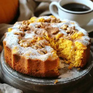 To make the pumpkin coffee cake, gather these simple ingredients: - 1 ½ cups all-purpose flour - 1 teaspoon baking powder - ½ teaspoon baking soda - 1 teaspoon ground cinnamon - ½ teaspoon ground nutmeg - ¼ teaspoon ground ginger - ¼ teaspoon salt - ½ cup unsalted butter, softened - 1 cup granulated sugar - 2 large eggs, at room temperature - 1 cup canned pumpkin puree - ½ teaspoon vanilla extract - ½ cup chopped walnuts or pecans (optional) If you need to make swaps for dietary needs, here are some options: - Use gluten-free flour to make it gluten-free. - Swap eggs with flaxseed meal or applesauce for vegan options. - Use coconut oil instead of butter for dairy-free. - Try a sugar substitute like stevia if you want less sugar. Choosing quality ingredients makes a big difference in your cake. - Fresh spices enhance the flavor. - Pure pumpkin puree gives the best taste and texture. - Real butter adds richness. - Fresh eggs help with the cake’s rise. Using high-quality items leads to a better outcome. Enjoy the process and the delicious results! First, preheat your oven to 350°F (175°C). This step is key for even baking. While the oven heats, take a 9x9-inch baking pan. Grease it well with butter or oil. You can also line the bottom with parchment paper. This makes it easy to remove the cake later. In a medium bowl, gather your dry ingredients. Combine 1 ½ cups of all-purpose flour, 1 teaspoon of baking powder, ½ teaspoon of baking soda, 1 teaspoon of ground cinnamon, ½ teaspoon of ground nutmeg, ¼ teaspoon of ground ginger, and ¼ teaspoon of salt. Use a whisk to mix everything well. Set this bowl aside. Letting the spices blend enhances the cake's flavor. Next, you will cream the butter and sugar. In a large mixing bowl, add ½ cup of softened unsalted butter and 1 cup of granulated sugar. Use an electric mixer on medium speed. Beat them until the mixture turns light and fluffy, about 3 minutes. This step adds air to the batter, making your cake light. Now, it's time to add eggs and pumpkin. Add 2 large eggs to the butter-sugar mix, one at a time. Mix well after each addition. Then, add 1 cup of canned pumpkin puree and ½ teaspoon of vanilla extract. Mix until the batter is smooth and free of lumps. Make sure you use pure pumpkin, not pie filling. Gradually add the dry mixture to your wet batter. Use a spatula or wooden spoon to fold them together. Mix just until you no longer see dry flour. Overmixing can make the cake dense. If you want, fold in ½ cup of chopped walnuts or pecans for extra crunch. Pour your batter into the prepared pan. Smooth the top for even baking. Place the pan in the oven and bake for 30-35 minutes. To test for doneness, insert a toothpick into the center. It should come out clean or with a few moist crumbs. After baking, let the cake cool in the pan for about 10 minutes. Then, carefully move it to a wire rack. This helps it cool completely and prevents sogginess. Enjoy the delightful aroma as it cools! To get a light and fluffy cake, cream the butter and sugar well. Mix them until they look pale and fluffy, about three minutes. Add the eggs slowly, beating well after each one. When you add the dry mix, fold gently. This helps keep your cake airy. Over-mixing makes it dense, so stop as soon as you see no dry flour. Store your pumpkin coffee cake in an airtight container. This keeps it moist and fresh. If you want to keep it longer, wrap it in plastic wrap and put it in the fridge. It can last for up to five days this way. For longer storage, freeze slices. Just wrap them well and use them later. Make your cake look nice by dusting it with powdered sugar. A sprinkle of cinnamon adds a lovely touch, too. Cut the cake into squares and serve it warm with coffee or tea. This makes it a cozy treat for any time of day. You can also add a dollop of whipped cream or a scoop of ice cream for extra fun. {{image_4}} You can easily make a vegan version of pumpkin coffee cake. Substitute the eggs with 1/4 cup of unsweetened applesauce for each egg. Use a plant-based butter or coconut oil instead of unsalted butter. For the milk, almond or soy milk work well. This way, you still enjoy a moist and tasty cake without any animal products. To make this cake gluten-free, replace all-purpose flour with a gluten-free flour blend. You can also add 1 teaspoon of xanthan gum to help with texture. Make sure all other ingredients are gluten-free. This keeps the cake light and fluffy, just like the original. You can add more fun to your pumpkin coffee cake with extra flavors. Here are some ideas: - Chocolate Chips: Mix in 1/2 cup of chocolate chips for a sweet twist. - Spices: Add 1/4 teaspoon of allspice or cloves for a bolder flavor. - Nuts: Use pecans or walnuts for a crunch. Fold in 1/2 cup for a nutty bite. - Cranberries: Dried cranberries give a tart contrast. Add 1/2 cup for a fruity touch. These variations help you customize your cake to suit your taste. Enjoy the fun of creating your perfect pumpkin coffee cake! To keep your pumpkin coffee cake fresh, store it in an airtight container. This helps maintain its moisture and flavor. Place the cake at room temperature for a day or two. If you want it to last longer, refrigerate it. Just be sure to cover it well to avoid drying out. You can freeze pumpkin coffee cake for up to three months. First, let the cake cool completely. Then, wrap it tightly in plastic wrap. After that, place it in a freezer-safe bag or container. When you're ready to enjoy it, let it thaw in the fridge overnight. This keeps it moist and tasty. To reheat your cake, preheat your oven to 350°F (175°C). Place slices on a baking sheet. Heat for about 10-15 minutes. You can also microwave individual slices for 20-30 seconds. This will bring back its warm, fresh taste. Enjoy it with your favorite drink for a cozy treat! You can use several options if you want to skip eggs. Here are a few ideas: - Flaxseed Meal: Mix 1 tablespoon of flaxseed meal with 2.5 tablespoons of water. Let it sit for 5 minutes. - Applesauce: Use 1/4 cup of unsweetened applesauce for each egg. - Yogurt: 1/4 cup of plain yogurt can work well too. These substitutes add moisture and help bind the cake, just like eggs. Yes, you can use fresh pumpkin! First, you need to prepare it. Cut the pumpkin into chunks and roast until soft. Then, scoop out the flesh and blend it until smooth. Make sure it is not too watery. Fresh pumpkin can have a different texture but will taste great. To keep your cake moist, follow these tips: - Don't Overmix: Mix just until combined. Overmixing can make the cake tough. - Use Room Temperature Ingredients: This helps to create a smooth batter. - Add Moist Ingredients: Ingredients like pumpkin puree and butter add moisture. Always check your cake for doneness. It should be baked just right. This cake pairs well with many treats: - Coffee: A warm cup of coffee enhances the flavors. - Tea: A soothing cup of tea works great too. - Whipped Cream: A dollop on top adds creaminess. - Ice Cream: A scoop of vanilla ice cream is a fun treat. These options make your coffee cake even more delightful. Pumpkin coffee cake stays fresh for about 3 days at room temperature. Make sure to cover it well. If you want it to last longer, store it in the fridge for up to a week. You can also freeze it for up to 3 months. Just wrap it tightly to avoid freezer burn. In this blog post, we explored how to make a delicious pumpkin coffee cake. We covered key ingredients and tasty substitutes for various diets. You learned the importance of using quality items for better flavor. I shared step-by-step instructions to ensure your cake turns out great. You got tips for texture, storage, and presentation ideas. Finally, I offered variations to suit different tastes and answered common questions. Enjoy baking your perfect pumpkin coffee cake!
