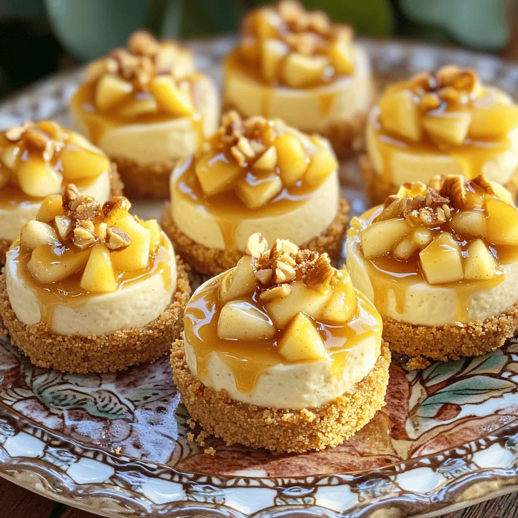 - 1 cup graham cracker crumbs - 4 tablespoons unsalted butter, melted - 2 tablespoons granulated sugar - 8 oz cream cheese, softened - 1/2 cup powdered sugar - 1 teaspoon vanilla extract - 1/2 cup sour cream - 1 small apple, peeled and finely diced - 1/2 teaspoon ground cinnamon - 1/4 cup caramel sauce (for drizzling) - Optional: chopped nuts (such as pecans or walnuts) To make mini caramel apple cheesecake bites, you need simple ingredients. First, you start with graham cracker crumbs for the crust. The melted butter and sugar help bind it together. Next, cream cheese forms the base of the cheesecake filling. It gives a rich, creamy texture. You then mix in powdered sugar for sweetness and vanilla extract for flavor. Sour cream adds a nice tang. The star of this recipe is the apple. A small, finely diced apple brings freshness and crunch. Ground cinnamon adds warmth and spice. Lastly, you drizzle caramel sauce on top for that sweet finish. You can also add chopped nuts if you want some crunch. These ingredients come together to create a delightful treat. For the full recipe, check out the instructions I provide later. Enjoy each bite of this easy-to-make dessert! 1. Preheat your oven to 350°F (175°C). Line a mini muffin tin with paper liners. 2. In a bowl, mix together: - 1 cup graham cracker crumbs - 4 tablespoons unsalted butter, melted - 2 tablespoons granulated sugar Stir until it looks like wet sand. 3. Take about 1 tablespoon of the mixture and press it into each muffin liner. Bake for 5 minutes. Let the crusts cool for a bit. 1. In another bowl, beat: - 8 oz cream cheese, softened Use an electric mixer until it's smooth. 2. Slowly add: - 1/2 cup powdered sugar - 1 teaspoon vanilla extract - 1/2 cup sour cream Mix until creamy. 3. Gently fold in: - 1 small apple, peeled and finely diced - 1/2 teaspoon ground cinnamon Make sure they are well mixed. 1. Spoon the cheesecake mixture into the muffin cups, filling each almost to the top. 2. Bake for about 15 minutes. They should be set in the middle. 3. Let them cool completely in the tin. After cooling, chill them in the fridge for at least 2 hours before serving. Enjoy these delightful Mini Caramel Apple Cheesecake Bites, drizzled with caramel just before serving! For the complete recipe, refer to the [Full Recipe]. To get the best texture for your mini cheesecakes, make sure your cream cheese is soft. This helps it mix smoothly. Beat the cream cheese until it’s creamy and fluffy. For even baking, fill each muffin cup evenly. Keep the oven door closed while baking to prevent temperature drops. Want to change things up? You can add chocolate chips to the filling for a sweet twist. Different spices, like nutmeg or allspice, can add warmth too. If you want a lighter option, use low-fat cream cheese. You can also swap regular sugar for sugar substitutes to reduce calories. To serve your mini cheesecakes, arrange them on a pretty platter. Drizzle extra caramel sauce over each bite for a beautiful look. For a fun touch, sprinkle chopped nuts on top. You can also add a dusting of cinnamon or place a slice of apple beside each cheesecake. These small details make a big difference! {{image_4}} You can give your mini caramel apple cheesecake bites a fun twist for each season. For fall, try a pumpkin spice version. Just add pumpkin puree and pumpkin spice to your cheesecake mix. This will give it a warm, cozy flavor that everyone loves. In summer, you might want something fresh. A berry-infused variation is perfect! Use fresh strawberries or blueberries instead of apples. Mix them into the cheesecake for a bright and fruity taste. You can even swirl in some berry sauce for extra flair. If you have dietary needs, you can still enjoy these treats. For a gluten-free crust, use gluten-free graham cracker crumbs. They taste just as good! If you're vegan, swap the cream cheese for a plant-based alternative. You can also use coconut cream for a rich texture. Use maple syrup instead of powdered sugar for sweetness. These changes keep the flavor while fitting your diet. When it's time to serve, think about what to pair with your bites. Coffee or tea makes a great drink choice. The warmth of these drinks complements the cool cheesecake. You can also add sides. A dollop of whipped cream on top adds a creamy touch. A fruit salad on the side brightens up the plate with color and taste. These small additions will make your dessert table pop! Check out the Full Recipe for more details on making these delicious bites! To keep your mini caramel apple cheesecake bites fresh, store them in an airtight container. This way, they won't dry out or absorb unwanted smells from the fridge. They stay good for up to five days when properly stored. Just make sure to place a piece of parchment paper between layers if stacking. If you want to save some bites for later, freezing is a great option. First, let them cool completely. Then, wrap each cheesecake bite tightly in plastic wrap and place them in a freezer-safe bag. They can last for about three months in the freezer. When you're ready to enjoy them, move them to the fridge overnight to defrost. This keeps their texture and taste just right. Yes, you can! I suggest using tart apples like Granny Smith or Honeycrisp. These apples give a nice balance of sweet and tart flavors. If you prefer sweeter bites, Fuji or Gala apples work well too. Just make sure to peel and finely dice them for the best texture. These mini bites last about 4 to 5 days in the fridge. Store them in an airtight container to keep them fresh. If you want to keep them longer, freeze them. Just remember to let them thaw in the fridge before serving. Absolutely! You can prepare the cheesecake bites a day in advance. Just bake and chill them in the fridge. Drizzle the caramel sauce right before serving. This way, they stay fresh and look nice. You have options! You can use crushed cookies like Oreos or vanilla wafers for a twist. For a gluten-free version, try almond flour or gluten-free cookies. These alternatives will still give you that crunchy base you need for the cheesecake bites. You learned how to make mini caramel apple cheesecake bites. We covered ingredients, steps, and tips. Remember, the key is in the crust and creamy filling. You can customize the recipe for any season or diet. These treats make a perfect dessert or snack. Store extras in the fridge or freeze for later. Enjoy making these delicious bites whenever you want a sweet treat!