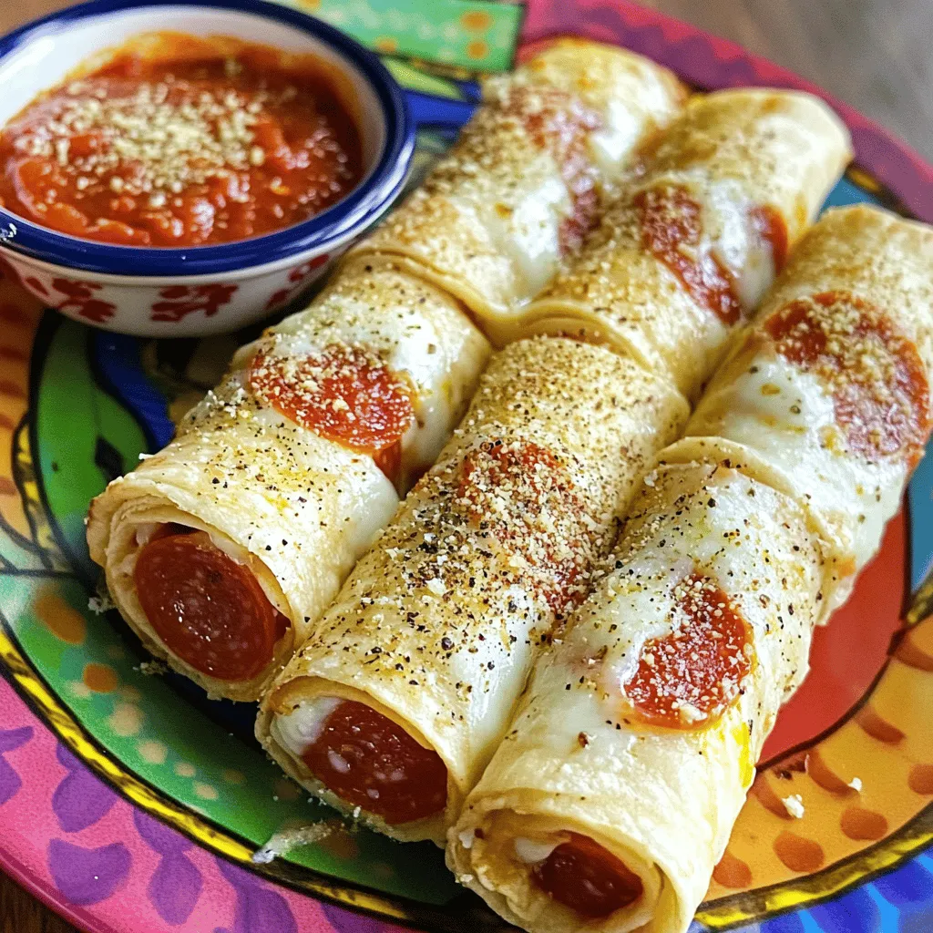 - 4 large tortillas - 1 cup pizza sauce - 2 cups shredded mozzarella cheese - 1 cup sliced pepperoni - 1/2 cup bell peppers, finely chopped - Grated Parmesan cheese for topping - 1 teaspoon Italian seasoning - 1/4 teaspoon garlic powder - Olive oil for brushing Creating Easy Kids' Lunch Pizza Roll Ups is fun! You start with large tortillas as a base. They hold all the tasty fillings. The pizza sauce adds a rich and tangy flavor. I like using a full cup, but you can add less if you prefer. Next, sprinkle two cups of mozzarella cheese. It melts beautifully and pulls apart in cheesy strands. Kids love that! You can personalize your roll-ups with optional ingredients. Sliced pepperoni adds a classic taste, while bell peppers bring color and crunch. If you want an extra cheesy touch, top with grated Parmesan. Don’t forget the seasonings! Italian seasoning gives a warm flavor, and garlic powder adds depth. A light brush of olive oil before baking helps everything turn golden. These ingredients make for a tasty and colorful lunch that kids will enjoy. For the Full Recipe, check out the instructions section! - Preheat the oven to 400°F (200°C). - Prepare a clean, flat surface for assembly. First, we need to get our oven ready. Preheating helps the roll-ups cook evenly. A clean surface is key for making assembly easy. - Lay a tortilla flat and spread pizza sauce. - Add cheese, pepperoni, and optional bell peppers. Next, grab a large tortilla and lay it flat. Spread 1/4 cup of pizza sauce on it. Make sure to leave some space at the edges. This keeps the sauce from spilling out when you roll it. Now sprinkle 1/2 cup of shredded mozzarella cheese over the sauce. Add some pepperoni slices and bell peppers if you want a crunchy bite. - Sprinkle with seasonings and roll tightly. - Arrange on a baking sheet, brush with oil, and bake. Now comes the fun part! Sprinkle a pinch of Italian seasoning and garlic powder over the toppings. Then, start rolling the tortilla tightly from one edge. Once you have a nice log shape, place it seam-side down on a baking sheet. Brush the tops with olive oil for a golden color. If you like, add some grated Parmesan cheese on top for extra flavor. Bake these tasty roll-ups in your preheated oven for 15-20 minutes. You want them golden brown and the cheese bubbly. After that, let them cool for a bit before slicing them into pinwheels. Enjoy your Easy Kids' Lunch Pizza Roll Ups! You can find the Full Recipe in the earlier section. To make sure your pizza roll-ups do not spill, seal the edges well. After rolling, press the edges to keep everything inside. You can also adjust the ingredient amounts to fit your taste. If you love cheese, add more mozzarella! Prefer less sauce? Just drizzle a little. You can prepare pizza roll-ups in advance. Just roll them up as usual and place them in the fridge. They stay fresh for about a day. When you want to eat them, preheat your oven and bake. To keep them crispy, cover them with foil for the first few minutes. Then, uncover to let them brown. Pair your roll-ups with a small bowl of pizza sauce for dipping. You can add a side salad or fruit to complete the meal. For creative presentation, cut the roll-ups into pinwheels. Arrange them on a colorful plate to make lunchtime fun. Kids will love the look and taste! For precise details on making these tasty roll-ups, check out the Full Recipe. {{image_4}} You can change the cheese and sauce to fit your taste. Try cheddar or pepper jack instead of mozzarella. For a twist, use barbecue sauce or pesto. Mix in some feta for a fun flavor. You can also swap meats. If your kids love ham, use it instead of pepperoni. Cooked chicken or turkey works well too. Want more veggies? Add spinach or mushrooms. These changes keep meals exciting and new. If gluten is a concern, choose gluten-free tortillas. Many brands offer tasty options. You can find them at most grocery stores. For a vegetarian meal, skip the meat and load up on veggies. Zucchini and olives add great flavor. If you want vegan roll-ups, use non-dairy cheese. There are many good brands available now. These swaps keep everyone happy at mealtime. Explore global tastes with your pizza roll-ups. For a Mexican flair, add black beans and corn. Use taco seasoning instead of Italian spices. Top with salsa for extra zest! For Italian vibes, include sun-dried tomatoes and basil. You can also sprinkle some oregano for a true Italian touch. Try adding some spices like cumin or smoked paprika for a unique spin. These ideas bring the world to your kitchen. Check the Full Recipe for more tips and tricks on creating your own delightful variations! To store leftover pizza roll-ups, place them in an airtight container. This keeps them fresh. You can also wrap them in plastic wrap. They stay good in the fridge for about 3 to 4 days. If you want to keep them longer, consider freezing. To freeze pizza roll-ups, let them cool completely first. Then, wrap each roll-up in plastic wrap. Place them in a freezer-safe bag or container. This way, they can last for up to 2 months in the freezer. To reheat frozen roll-ups, place them in the oven at 350°F (175°C) for about 20 minutes. This keeps them warm and crispy. Always follow food safety rules. Wash your hands before handling food. Make sure your fridge is at 40°F (4°C) or below. This helps to keep food safe. If you see any signs of spoilage, throw it away. Keep your kitchen clean to avoid any foodborne illness. To make pizza roll-ups crispy, follow these tips: - Preheat your oven to 400°F (200°C). - Brush the tops with olive oil before baking. - Bake until golden brown, around 15-20 minutes. - Place the roll-ups seam-side down on the baking sheet. These steps help crisp the outside while keeping the inside cheesy and gooey. Yes, you can use whole wheat tortillas. They add a nutty flavor and extra fiber. Whole wheat is a healthier choice. Many kids enjoy the taste, too. You can easily swap them for regular tortillas in this recipe. Kids love dipping sauces! Here are some fun options: - Marinara sauce for a classic pizza taste. - Ranch dressing for a creamy contrast. - Garlic sauce for a zesty twist. Feel free to try what your kids like best! Pizza roll-ups take about 15-20 minutes to bake at 400°F (200°C). Keep an eye on them. You want them golden and crispy. Check for bubbling cheese inside to know they’re ready. Absolutely! Adding veggies boosts nutrition and flavor. Consider these options: - Spinach for added greens. - Mushrooms for a savory touch. - Zucchini for extra moisture and taste. Feel free to mix and match your family's favorites! In this blog post, we explored how to create delicious pizza roll-ups. I shared key ingredients, from tortillas to toppings, and provided step-by-step instructions. We discussed tips to perfect your roll-ups and variations to suit different tastes. Remember, you can easily make these ahead and store them for later. Enjoy experimenting with flavors and serving options. Dive into this fun recipe, and let your creativity shine in the kitchen!