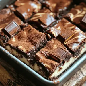 - 1 cup unsalted butter, melted - 1 cup granulated sugar - 1 cup brown sugar, packed - 4 large eggs - 1 teaspoon vanilla extract - 1 cup all-purpose flour - 1/2 cup unsweetened cocoa powder - 1/2 teaspoon baking powder - 1/4 teaspoon salt - 4 Milky Way bars, coarsely chopped - 16 oz cream cheese, softened to room temperature - 1/2 cup granulated sugar - 1 teaspoon vanilla extract - 2 large eggs - 2 Milky Way bars, finely chopped The key to making Milky Way cheesecake brownies lies in using the right ingredients. You want the best flavors to shine through. Start with unsalted butter. It gives control over the saltiness. Use both granulated and brown sugars for sweetness and richness. The eggs add structure and moisture to the brownies. The vanilla extract enhances the overall flavor. For the dry mix, all-purpose flour, cocoa powder, baking powder, and salt are essential. The cocoa powder brings in that rich chocolate taste, while the baking powder gives the brownies a lift. Don't forget the Milky Way bars! They add a sweet, caramel flavor. For the cheesecake layer, you need cream cheese. It brings a creamy texture. The sugar and vanilla extract sweeten it, while the eggs help bind it. The finely chopped Milky Way bars in the cheesecake layer add a nice surprise. Gather all these ingredients, and you're set to create a delicious dessert! - Preheat the oven to 350°F (175°C). - Grease or line a 9x13 inch baking pan. - Combine melted butter with sugars. - Mix in eggs and vanilla. - Add dry ingredients and Milky Way chunks. - Beat cream cheese until smooth. - Incorporate sugar, vanilla, and eggs. - Fold in finely chopped Milky Way bars. - Layer brownie batter and cheesecake mixture. - Swirl the two layers together. - Bake for 35-40 minutes. - Cool in the pan for 30 minutes. - Chill in the refrigerator for 2-3 hours. - Cut into squares and serve. - Avoid overmixing the brownie batter. This keeps them fudgy and rich. - Use room temperature ingredients for even mixing. Cold eggs or butter can cause lumps. - Make sure cream cheese is properly softened. This helps it blend smoothly. - Chill the cheesecake layer longer for better firmness. A firm layer holds up well. - Dust with cocoa powder or powdered sugar. This adds a nice touch. - Drizzle with chocolate sauce and sprinkle Milky Way pieces. This makes it look amazing! {{image_4}} You can add a nice crunch by using nuts. I love to use walnuts or pecans. Just chop them coarsely and fold them into the brownie batter. They will add great texture and flavor. The nuts work well with the creamy cheesecake layer. Plus, they bring a bit of healthy fat to the dessert. Don’t be afraid to mix things up! You can swap out Milky Way bars for other candy bars. Try Snickers for a nutty twist or Twix for a caramel kick. Each candy will give a new flavor to your brownies. You can even mix in some Reese’s Peanut Butter Cups for a fun, sweet surprise. If you need a gluten-free treat, this recipe can easily adapt. Just switch the all-purpose flour with a gluten-free flour blend. Make sure to check the blend for a good texture. The brownies will still turn out rich and delicious. Everyone can enjoy them, no matter their dietary needs! To keep your Milky Way cheesecake brownies fresh, store them in an airtight container. This will lock in the moisture and keep them soft. Place a piece of parchment paper between layers to avoid sticking. These brownies last about a week in the fridge. Just make sure the container is sealed tight. For longer storage, you can freeze them. They will stay fresh for up to three months in the freezer. Just wrap them well in plastic wrap before placing them in a freezer-safe bag. To enjoy these brownies warm, reheat them in the microwave. Heat them for about 10-15 seconds. This will help keep the cheesecake layer creamy. If you prefer a crispy edge, put them in the oven at 350°F for 5-10 minutes. Enjoy the gooey goodness! Yes, you can use other types of chocolate. Dark chocolate or milk chocolate can work well. Just keep in mind the sweetness level. If you use a sweeter chocolate, reduce the sugar in the recipe slightly. You can also try chocolate chips for a fun twist. They add great texture and melt beautifully. To check if the brownies are done, look for these signs: - The edges will pull away from the pan. - The top will look set and slightly shiny. - Insert a toothpick in the center. It should come out with moist crumbs, not wet batter. If you see wet batter, bake them a few more minutes. Yes, you can make these brownies ahead of time! They keep well in the fridge for up to a week. Just make sure to store them in an airtight container. For best results, chill them overnight before serving. This helps the flavors meld and the cheesecake layer firm up nicely. You can also freeze them for longer storage. Just cut them into squares and wrap them well. This blog post covered how to make rich Milky Way brownies with a cheesecake layer. We discussed ingredients, step-by-step instructions, and helpful tips. Each layer brings a unique taste and texture that delights everyone. Remember to store them properly for the best flavor. With these easy steps, you can impress your friends and family. Now, get baking and enjoy your delicious treats!