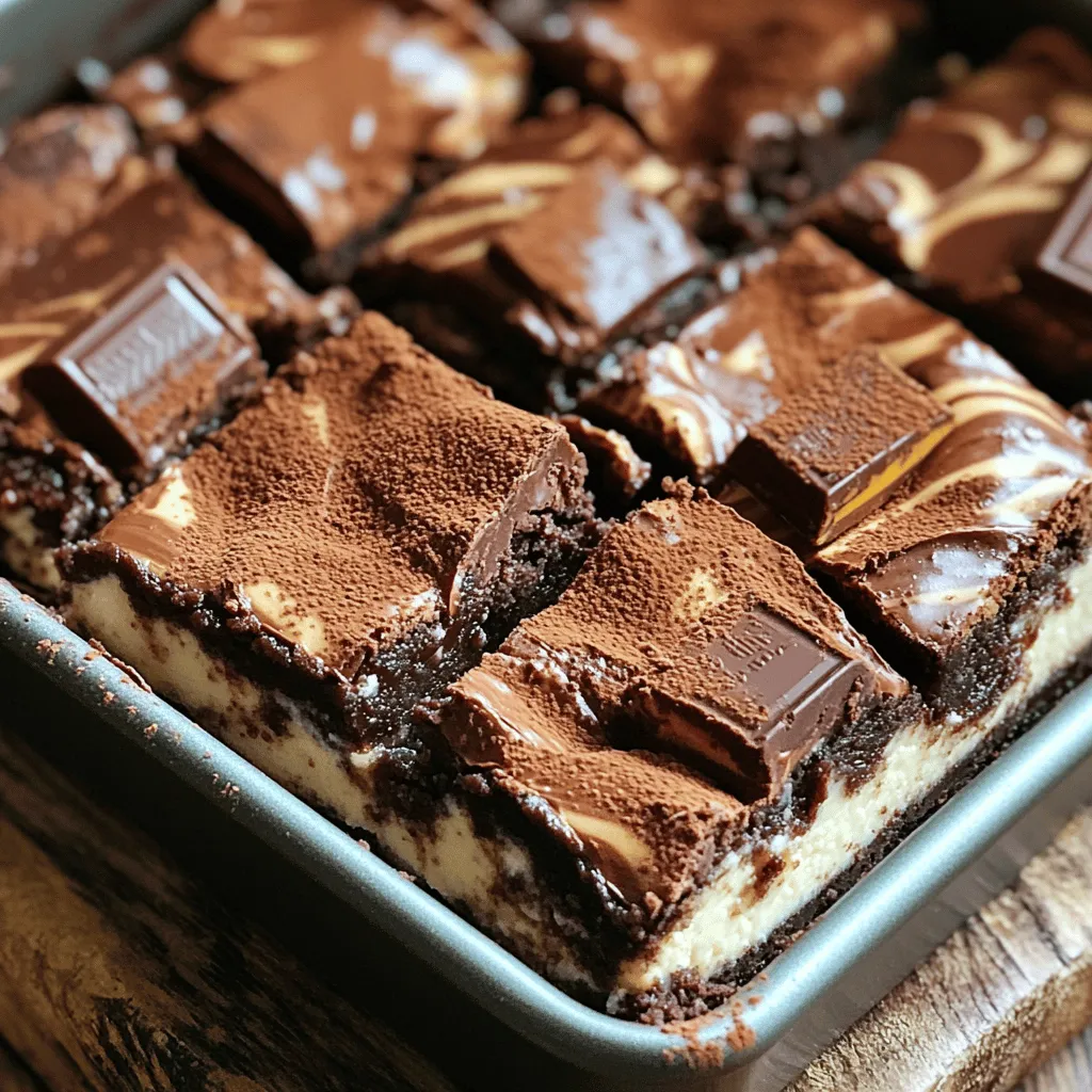- 1 cup unsalted butter, melted - 1 cup granulated sugar - 1 cup brown sugar, packed - 4 large eggs - 1 teaspoon vanilla extract - 1 cup all-purpose flour - 1/2 cup unsweetened cocoa powder - 1/2 teaspoon baking powder - 1/4 teaspoon salt - 4 Milky Way bars, coarsely chopped - 16 oz cream cheese, softened to room temperature - 1/2 cup granulated sugar - 1 teaspoon vanilla extract - 2 large eggs - 2 Milky Way bars, finely chopped The key to making Milky Way cheesecake brownies lies in using the right ingredients. You want the best flavors to shine through. Start with unsalted butter. It gives control over the saltiness. Use both granulated and brown sugars for sweetness and richness. The eggs add structure and moisture to the brownies. The vanilla extract enhances the overall flavor. For the dry mix, all-purpose flour, cocoa powder, baking powder, and salt are essential. The cocoa powder brings in that rich chocolate taste, while the baking powder gives the brownies a lift. Don't forget the Milky Way bars! They add a sweet, caramel flavor. For the cheesecake layer, you need cream cheese. It brings a creamy texture. The sugar and vanilla extract sweeten it, while the eggs help bind it. The finely chopped Milky Way bars in the cheesecake layer add a nice surprise. Gather all these ingredients, and you're set to create a delicious dessert! - Preheat the oven to 350°F (175°C). - Grease or line a 9x13 inch baking pan. - Combine melted butter with sugars. - Mix in eggs and vanilla. - Add dry ingredients and Milky Way chunks. - Beat cream cheese until smooth. - Incorporate sugar, vanilla, and eggs. - Fold in finely chopped Milky Way bars. - Layer brownie batter and cheesecake mixture. - Swirl the two layers together. - Bake for 35-40 minutes. - Cool in the pan for 30 minutes. - Chill in the refrigerator for 2-3 hours. - Cut into squares and serve. - Avoid overmixing the brownie batter. This keeps them fudgy and rich. - Use room temperature ingredients for even mixing. Cold eggs or butter can cause lumps. - Make sure cream cheese is properly softened. This helps it blend smoothly. - Chill the cheesecake layer longer for better firmness. A firm layer holds up well. - Dust with cocoa powder or powdered sugar. This adds a nice touch. - Drizzle with chocolate sauce and sprinkle Milky Way pieces. This makes it look amazing! {{image_4}} You can add a nice crunch by using nuts. I love to use walnuts or pecans. Just chop them coarsely and fold them into the brownie batter. They will add great texture and flavor. The nuts work well with the creamy cheesecake layer. Plus, they bring a bit of healthy fat to the dessert. Don’t be afraid to mix things up! You can swap out Milky Way bars for other candy bars. Try Snickers for a nutty twist or Twix for a caramel kick. Each candy will give a new flavor to your brownies. You can even mix in some Reese’s Peanut Butter Cups for a fun, sweet surprise. If you need a gluten-free treat, this recipe can easily adapt. Just switch the all-purpose flour with a gluten-free flour blend. Make sure to check the blend for a good texture. The brownies will still turn out rich and delicious. Everyone can enjoy them, no matter their dietary needs! To keep your Milky Way cheesecake brownies fresh, store them in an airtight container. This will lock in the moisture and keep them soft. Place a piece of parchment paper between layers to avoid sticking. These brownies last about a week in the fridge. Just make sure the container is sealed tight. For longer storage, you can freeze them. They will stay fresh for up to three months in the freezer. Just wrap them well in plastic wrap before placing them in a freezer-safe bag. To enjoy these brownies warm, reheat them in the microwave. Heat them for about 10-15 seconds. This will help keep the cheesecake layer creamy. If you prefer a crispy edge, put them in the oven at 350°F for 5-10 minutes. Enjoy the gooey goodness! Yes, you can use other types of chocolate. Dark chocolate or milk chocolate can work well. Just keep in mind the sweetness level. If you use a sweeter chocolate, reduce the sugar in the recipe slightly. You can also try chocolate chips for a fun twist. They add great texture and melt beautifully. To check if the brownies are done, look for these signs: - The edges will pull away from the pan. - The top will look set and slightly shiny. - Insert a toothpick in the center. It should come out with moist crumbs, not wet batter. If you see wet batter, bake them a few more minutes. Yes, you can make these brownies ahead of time! They keep well in the fridge for up to a week. Just make sure to store them in an airtight container. For best results, chill them overnight before serving. This helps the flavors meld and the cheesecake layer firm up nicely. You can also freeze them for longer storage. Just cut them into squares and wrap them well. This blog post covered how to make rich Milky Way brownies with a cheesecake layer. We discussed ingredients, step-by-step instructions, and helpful tips. Each layer brings a unique taste and texture that delights everyone. Remember to store them properly for the best flavor. With these easy steps, you can impress your friends and family. Now, get baking and enjoy your delicious treats!