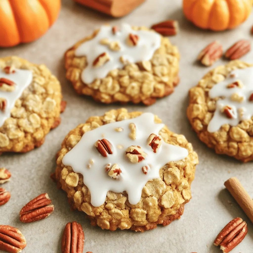 - 1 cup rolled oats - 1 cup all-purpose flour - 1/2 cup canned pumpkin puree - 1/2 cup unsalted butter, softened - 1/2 cup brown sugar, tightly packed - 1/2 cup granulated sugar The main ingredients give the cookies their unique flavor and texture. The rolled oats add chewiness and heartiness. All-purpose flour provides structure. Pumpkin puree brings moisture and a subtle sweetness. The sugars balance the flavors, while butter adds richness. - 1 cup powdered sugar - 2 tablespoons milk (or almond milk) - 1/2 teaspoon vanilla extract The icing adds a sweet and creamy touch. Powdered sugar helps create a smooth glaze. Milk thins it out, while vanilla adds a lovely aroma. You can adjust the thickness by adding more milk or sugar. - 1/2 cup chopped pecans Pecans are a tasty option for extra crunch. They add a nice nutty flavor. Feel free to skip them if you prefer simpler cookies. You can also try other nuts or chocolate chips for variety. For the full recipe, check the detailed steps provided earlier. First, preheat your oven to 350°F (175°C). This helps the cookies bake evenly. While the oven warms up, line a baking sheet with parchment paper. This will stop the cookies from sticking. Next, grab a medium mixing bowl. Combine 1 cup of rolled oats, 1 cup of all-purpose flour, 1/2 teaspoon of baking soda, 1 teaspoon of baking powder, 1 teaspoon of ground cinnamon, 1/2 teaspoon of ground nutmeg, and 1/4 teaspoon of salt. Whisk these ingredients together until they blend well. Set this dry mixture aside for later. In a large mixing bowl, cream together 1/2 cup of softened unsalted butter, 1/2 cup of brown sugar, and 1/2 cup of granulated sugar. Use an electric mixer or a whisk to beat them until the mixture looks light and fluffy. This should take about 3-5 minutes. Now, add 1/2 cup of canned pumpkin puree, 1 large egg, and 1 teaspoon of vanilla extract to the creamed mixture. Mix well until everything combines smoothly. Then, gradually stir in the dry mixture. Use a spatula or wooden spoon for this step. If you want, fold in 1/2 cup of chopped pecans for extra flavor. Using a cookie scoop or spoon, drop rounded dollops of dough onto the lined baking sheet. Make sure to space them about 2 inches apart so they can spread while baking. Place the sheet in your preheated oven and bake for 12-15 minutes. Check for doneness; the edges should be lightly golden, and the centers should remain soft. While the cookies bake, prepare the icing. In a small bowl, combine 1 cup of powdered sugar, 2 tablespoons of milk (or almond milk), and 1/2 teaspoon of vanilla extract. Whisk until the icing is smooth and creamy. If it’s too thick, add a bit more milk, one teaspoon at a time, until it’s just right. Once the cookies cool completely, drizzle or spread the icing on top. This adds a delicious finish to your iced pumpkin oatmeal cookies. For the full recipe, refer to the recipe section above. To get the right texture in your cookies, use room temperature butter. Cold butter makes dough tough and hard to mix. Soft butter blends easily with sugars, creating a light and fluffy base. Aim for a dough that is thick but still holds its shape. If your dough feels too dry, add a splash of milk. If it’s too wet, sprinkle in a bit more flour. Icing can make your cookies look special. You can drizzle or spread the icing on top. For drizzling, use a fork or a piping bag. Hold it high above the cookie for a nice effect. If you prefer spreading, use a knife or spatula. Spread the icing evenly for a smooth finish. Let the icing set for a few minutes before enjoying your cookies. Cooling is key for great cookies. Remove them from the oven when they are lightly golden. Let them sit on the baking sheet for about 5 minutes. This helps them firm up. After that, transfer the cookies to a wire rack. Let them cool completely before icing. This prevents the icing from melting into the cookie. Enjoy making these iced pumpkin oatmeal cookies! For the full recipe, check out the complete guide. {{image_4}} You can change the spices in your iced pumpkin oatmeal cookies to create new flavors. For a warm twist, add ground ginger or ground cloves. These spices bring a nice kick and can make the cookies even more special. You can also use allspice for a unique taste. Experiment with the spice mix to find what you like best. If you need gluten-free cookies, swap all-purpose flour for a gluten-free blend. Many brands offer great mixes that work well. For a vegan version, replace the butter with coconut oil or vegan butter. Use flax eggs instead of a regular egg. Mix one tablespoon of ground flaxseed with three tablespoons of water. Let it sit until it thickens. You can add more fun to your cookies with different mix-ins. Try using chopped walnuts or almonds instead of pecans. For a sweet touch, add chocolate chips. Dark chocolate works especially well with pumpkin flavors. You can also top the cookies with a sprinkle of chopped nuts or a drizzle of chocolate for a tasty finish. For the full recipe, check the complete instructions above. To keep your cookies fresh for a few days, store them in an airtight container. Place parchment paper between layers to avoid sticking. Keep the container at room temperature for the best taste. This way, your cookies stay soft and delicious for up to five days. If you want to save cookies for later, freezing is a great option. To freeze, let the cookies cool completely first. Then, place them in a single layer on a baking sheet. Freeze for about two hours. After that, transfer them to a freezer-safe bag. This method helps keep them fresh for up to three months. When you're ready to enjoy them, simply take out the desired number of cookies. Let them thaw at room temperature for about 30 minutes. You can also warm them in the oven at 350°F (175°C) for a few minutes for that fresh-baked taste. For icing, store any extra in an airtight container in the fridge. This helps keep it fresh for up to a week. When you’re ready to use it again, just stir it well. If it’s too thick, add a splash of milk to reach your desired consistency. Enjoy your iced pumpkin oatmeal cookies anytime! You can find the full recipe for these delicious treats above. To make iced pumpkin oatmeal cookies, follow these steps: 1. Preheat your oven to 350°F (175°C) and line a baking sheet with parchment paper. 2. In a mixing bowl, whisk rolled oats, flour, baking soda, baking powder, cinnamon, nutmeg, and salt. Set aside. 3. In another bowl, cream together softened butter, brown sugar, and granulated sugar until fluffy. 4. Add pumpkin puree, egg, and vanilla extract to the butter mixture and blend well. 5. Gradually mix the dry ingredients into the wet ingredients. Optionally, fold in chopped pecans. 6. Drop rounded dollops of dough on the baking sheet, spaced apart. 7. Bake for 12-15 minutes until lightly golden on the edges. 8. Cool cookies on a wire rack. Drizzle icing on each one after cooling. This quick overview gives you the basics to create these delicious cookies. For the full recipe, check the recipe section above. Yes, you can use fresh pumpkin. Fresh pumpkin puree brings a unique taste. To make it, cook and mash your pumpkin. Aim for a smooth texture similar to canned puree. Remember to drain any excess moisture. This step helps maintain the right dough consistency. Using fresh pumpkin can make your cookies more flavorful and vibrant. Iced pumpkin oatmeal cookies shine at gatherings. Serve them on a festive platter. Pair them with warm apple cider or a glass of milk. For a fun twist, enjoy them with a scoop of vanilla ice cream. They also make a great snack with coffee or tea. The flavors blend beautifully, making for a delightful treat. We explored how to make iced pumpkin oatmeal cookies. You learned about the key ingredients, tips for texture, and variations you can try. Baking these treats is fun and can lead to tasty results. Remember to store them well for freshness. Enjoy your time baking, and don't hesitate to experiment with flavors. Each batch can be a new favorite. Happy baking!