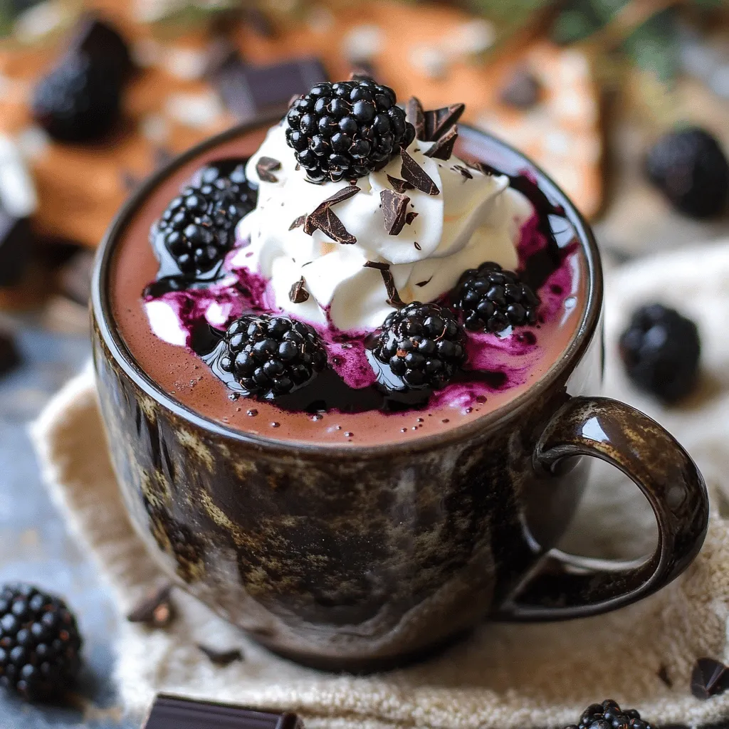 - 1 cup milk (your choice: dairy or any non-dairy alternative) - 2 tablespoons unsweetened cocoa powder - 2 tablespoons sugar (adjust based on your sweetness preference) - 1/2 cup fresh blackberries (plus a few extra for garnish) - 1/4 teaspoon pure vanilla extract - A pinch of sea salt These main ingredients come together to create a rich and creamy hot chocolate. The blackberries add a fruity twist, balancing the chocolate's richness. You can choose your favorite type of milk. Dairy milk gives a classic taste, while almond or oat milk can add a nutty flavor. - Whipped cream (for a luscious topping) - Dark chocolate shavings (for a decadent garnish) Toppings can elevate your drink. Whipped cream adds creaminess and a soft texture. Dark chocolate shavings provide a rich finish and a touch of elegance. You can also add extra blackberries for color and flavor. If you're looking for dairy-free options, use almond, coconut, or oat milk. For a lower-sugar version, swap sugar with a natural sweetener like stevia or monk fruit. You can also use carob powder instead of cocoa for a caffeine-free choice. Adjust the ingredients to suit your taste and health needs. To make the blackberry syrup, start by taking a small saucepan. Add 1/2 cup of fresh blackberries and 2 tablespoons of sugar. Place the saucepan over medium heat. Cook for 3-4 minutes. Use a fork to gently mash the blackberries as they heat. This helps release their juicy goodness. When the blackberries soften, remove the saucepan from heat. Strain the mixture through a fine sieve into a bowl. This removes the seeds and leaves you with smooth syrup. Set this sweet blackberry syrup aside for later. Next, in the same saucepan, pour in 1 cup of milk. You can use dairy or any non-dairy milk. Heat it over medium-low heat. Be careful not to boil the milk. Once it feels warm, stir in 2 tablespoons of unsweetened cocoa powder. Add a pinch of sea salt to enhance the flavor. Whisk the mixture continuously until it becomes smooth and well combined. This step is key for a rich taste. Once your milk is warm and cocoa is mixed in, it's time to combine flavors. Add the reserved blackberry syrup and 1/4 teaspoon of pure vanilla extract to the warm milk. Whisk everything together for about 2-3 more minutes. After that, carefully pour the luscious blackberry hot chocolate into two mugs. Fill them generously! Top each mug with a swirl of whipped cream. For a fancy touch, add a few whole blackberries and sprinkle dark chocolate shavings on top. You can also place the mugs on decorative saucers. Consider adding chocolate-covered blackberries on the side for extra delight. Enjoy this cozy treat! To make the best blackberry hot chocolate, start with fresh blackberries. The flavor is brighter and bolder. Use high-quality cocoa powder for a rich taste. Choose whole milk for a creamier texture, but feel free to use any milk you like. A pinch of sea salt enhances the chocolate flavor. It balances the sweetness perfectly. Always taste your drink before serving. Adjust the sugar if you want it sweeter. One common mistake is boiling the milk. Heat it gently to avoid burning. When making the blackberry syrup, don’t rush the mashing process. You want to extract all the juice. Skipping the straining step can lead to a gritty texture. Always strain the syrup to remove seeds. Finally, don’t forget to whisk well when combining the flavors. This keeps the drink smooth and creamy. To boost creaminess, consider adding a splash of heavy cream or half-and-half. You can also blend in a bit of nut butter for extra richness. For a frothy texture, use a milk frother before serving. This adds air and makes the drink light. Topping with whipped cream adds a luxurious finish. Don’t skip the dark chocolate shavings; they add both flavor and texture. {{image_4}} You can play with flavors in your blackberry hot chocolate. Try adding a dash of cinnamon or nutmeg for warmth. A splash of orange zest brightens the drink wonderfully. You might also enjoy the richness of a spoonful of peanut butter or almond butter. These add-ins blend well with the chocolate and blackberries, making each sip exciting. Experiment and find your favorite mix! If you want a dairy-free option, use almond milk or oat milk. Both options work great and still taste amazing. For the sweetener, maple syrup or agave is a good choice. These alternatives keep the drink rich and creamy without dairy. You won’t miss the milk at all! Seasonal flavors can make your blackberry hot chocolate special. In fall, add pumpkin spice for a cozy vibe. During winter, use peppermint extract for a fresh twist. For spring, mix in a bit of lavender for a floral touch. Each season brings its own charm, making your drink feel festive and fun. Enjoy the flavors of the season with this warm treat! You can store leftover blackberry hot chocolate in an airtight container. Let it cool to room temperature before sealing. Place it in the fridge for up to three days. This keeps the flavors fresh and tasty. To reheat, pour the hot chocolate into a saucepan. Use low heat and stir gently. Avoid boiling, as this can change the texture. Heat until warm, then serve with whipped cream and fresh blackberries. You can also use the microwave. Heat in short bursts, stirring in between. For the best taste, enjoy your blackberry hot chocolate within three days. After this, the flavors may fade. If you notice any change in smell or appearance, it’s best to toss it. Always prioritize freshness for that cozy experience! You can use carob powder as a great substitute for cocoa powder. Carob has a sweet flavor and a similar texture. You can also try dark chocolate, melted. Just use less sugar since it is sweet. If you want a lighter taste, consider using vanilla powder. This will give a nice twist to your hot chocolate. Yes, you can use frozen blackberries in this recipe. Just make sure to thaw them first. The flavor will still be rich and tasty. You might need to cook them a bit longer to release the juices. This way, you will get that lovely blackberry syrup. Frozen blackberries are a great option when fresh ones are not in season. Adjusting the sweetness is easy. Start with the basic two tablespoons of sugar. If you like it sweeter, add more sugar a little at a time. You can also use honey or maple syrup for natural sweetness. Taste as you go. This way, you can find the perfect balance for your hot chocolate. Blackberry hot chocolate combines rich flavors with simple steps for a delightful treat. We covered key ingredients, easy preparation, and tips for the best taste. Remember, you can customize it to fit your needs, ensuring everyone can enjoy it. Don't forget to store leftovers properly for later enjoyment. With the right tweaks, this drink can fit any season or preference. I encourage you to try different variations and have fun experimenting. Enjoy your cozy creation!