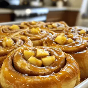 To make these delightful rolls, you will need: - 2 cups all-purpose flour - 1/4 cup granulated sugar - 1 packet (2 1/4 teaspoons) active dry yeast - 1/2 teaspoon salt - 1/4 cup milk, warmed to about 110°F (43°C) - 1/4 cup unsalted butter, melted and slightly cooled - 1 large egg, at room temperature - 1 teaspoon vanilla extract - 1 apple, peeled and finely diced (Granny Smith is ideal) - 1 tablespoon ground cinnamon - 1/4 cup packed brown sugar - 1/2 cup caramel sauce (store-bought or homemade) - 1/2 cup powdered sugar (for icing) - 1 tablespoon milk (for icing) These ingredients work together to create a soft dough filled with sweet apples and rich caramel. You can add some fun touches to your rolls with these optional ingredients: - Chopped nuts (like pecans or walnuts) for crunch - Extra spices, such as nutmeg, for warmth - Raisins or cranberries for added sweetness Feel free to mix and match based on what you like! Having the right tools makes baking easier and more fun. You will need: - A large mixing bowl - A whisk or wooden spoon - A floured surface for kneading - A rolling pin to flatten the dough - A sharp knife or dental floss for slicing - A greased baking dish for the rolls - A kitchen towel or plastic wrap for covering dough Gather these tools before you start, and you will be ready to bake! To start, gather your ingredients. In a large bowl, mix 2 cups of flour, 1/4 cup of granulated sugar, 1 packet of active dry yeast, and 1/2 teaspoon of salt. Whisk these dry items until they blend well. Next, warm 1/4 cup of milk to about 110°F (43°C). In another bowl, combine this milk with 1/4 cup of melted butter, 1 large egg, and 1 teaspoon of vanilla extract. Whisk until smooth. Pour this wet mix into the dry ingredients. Stir with a wooden spoon until a shaggy dough forms. Now, transfer the dough onto a floured surface. Knead it gently for about 5 minutes until it feels smooth and elastic. Shape the kneaded dough into a ball and place it in a greased bowl. Cover it with a towel and let it rise in a warm spot for about 1 hour, or until it doubles in size. Once your dough has risen, punch it down to release the air. Roll it out on a floured surface into a rectangle, around 12x8 inches. Now, it's time to add the filling. Scatter 1 diced apple evenly over the dough. Next, sprinkle 1 tablespoon of ground cinnamon and 1/4 cup of brown sugar over the apples. Starting from the long side, roll the dough tightly into a log. Using a sharp knife or dental floss, slice the log into 8 equal pieces. Arrange these pieces in a greased baking dish with space between each roll. Cover them with a towel and let them rise again for 30 minutes. Preheat your oven to 350°F (175°C). While the rolls are rising, prepare your caramel sauce if you are not using store-bought. After the second rise, drizzle some caramel sauce over the rolls. Bake them in the preheated oven for 20-25 minutes or until they turn golden brown and puffy. While they bake, make the icing. In a bowl, whisk together 1/2 cup of powdered sugar and 1 tablespoon of milk until smooth. Once you take the rolls out of the oven, let them cool for about 5 minutes. Drizzle the icing over the warm rolls. Enjoy the gooey caramel and sweet apple flavors in every bite! To get the best rise, keep your dough warm. I find a sunny spot works well. If it's cold, turn on your oven to the lowest setting for a minute, then turn it off. Place the bowl inside to help it rise. Cover the bowl with a towel to keep the heat in. A good rise takes about one hour. Watch for it to double in size. For soft rolls, knead your dough well. Knead for about five minutes until it feels smooth. This helps develop gluten, which gives the rolls their soft texture. After shaping the rolls, let them rise again for 30 minutes. This second rise makes them fluffy. Avoid baking them too long; golden brown is the perfect color. Serve these rolls warm for the best taste. Drizzle extra caramel on top for a sweet touch. A sprinkle of powdered sugar can add beauty and flavor. Pair them with a scoop of vanilla ice cream for a fun dessert. These rolls also go well with a warm cup of coffee or tea. They make a great treat for breakfast or brunch. {{image_4}} You can easily make these rolls vegan. Substitute the egg with a flax egg. Mix 1 tablespoon of flaxseed meal with 2.5 tablespoons of water. Let it sit for five minutes. Use almond milk or any plant milk instead of regular milk. Swap the butter for a plant-based option like coconut oil. The taste will still be amazing! To make gluten-free cinnamon rolls, use a gluten-free flour blend. Look for one that has xantham gum included. This helps the rolls hold their shape. Follow the same steps as the regular recipe, but keep an eye on baking time. The rolls may bake faster, so check for a golden color. You can play with flavors in these rolls. Try adding chopped nuts like pecans or walnuts for crunch. This adds texture and taste. Diced pears or peaches can replace apples for a fruity twist. Experiment with spices too. Adding nutmeg or ginger can create a new flavor profile. Don’t be afraid to get creative! To keep your cinnamon rolls fresh, store them in an airtight container. You can also wrap them in plastic wrap. This keeps them soft and moist. Make sure to leave them at room temperature for up to two days. If you want to keep them longer, the fridge works, but they may dry out. When you want to enjoy your leftover rolls, reheating them is easy. Preheat your oven to 350°F (175°C). Place the rolls on a baking sheet. Cover them with foil to prevent drying. Heat for about 10 minutes, or until warm. If you prefer, you can microwave them for 15 to 20 seconds. This keeps them soft but may not give the same warm texture. If you want to save some for later, freezing is a great option. First, let the rolls cool completely. Then, wrap each roll tightly in plastic wrap. Place them in a freezer-safe bag or container. They can stay in the freezer for up to three months. To enjoy them, thaw in the fridge overnight and reheat as mentioned above. Yes, you can use any apple you like. I suggest using a firm apple. Honeycrisp or Fuji work well too. These apples add a nice sweetness and crunch. If you want tartness, Granny Smith is perfect for balancing the sweetness. Making caramel sauce is easy! Start with these steps: - In a saucepan, add 1 cup of granulated sugar. - Heat it over medium heat. Stir gently until it melts. - Once melted, add 6 tablespoons of unsalted butter. Stir until combined. - Slowly add 1/2 cup of heavy cream, stirring constantly. - Cook for 1-2 minutes until smooth. Let it cool before using. If you need a milk substitute, use almond milk or oat milk. You can also use water if that’s all you have. Each option will still make a nice icing. Just mix it with powdered sugar until smooth. These cinnamon rolls stay fresh for about 3 days at room temperature. If you want them to last longer, store them in the fridge. They can last up to a week when chilled. Just reheat before serving for the best taste. Yes, you can prepare the dough ahead of time! After kneading, store it in the fridge. Just wrap it tightly in plastic wrap. It can stay fresh for up to 24 hours. When you’re ready, let it come to room temperature before shaping. You learned how to make tasty caramel apple cinnamon rolls from scratch. You discovered both main and optional ingredients for fun additions. The step-by-step guide made the process simple. Plus, the tips helped improve texture and flavor. Don't forget about storage and freezing to enjoy later. Making these rolls is a joyful experience. Now, you can impress family and friends with your baking skills! Enjoy each bite of your delicious creation.