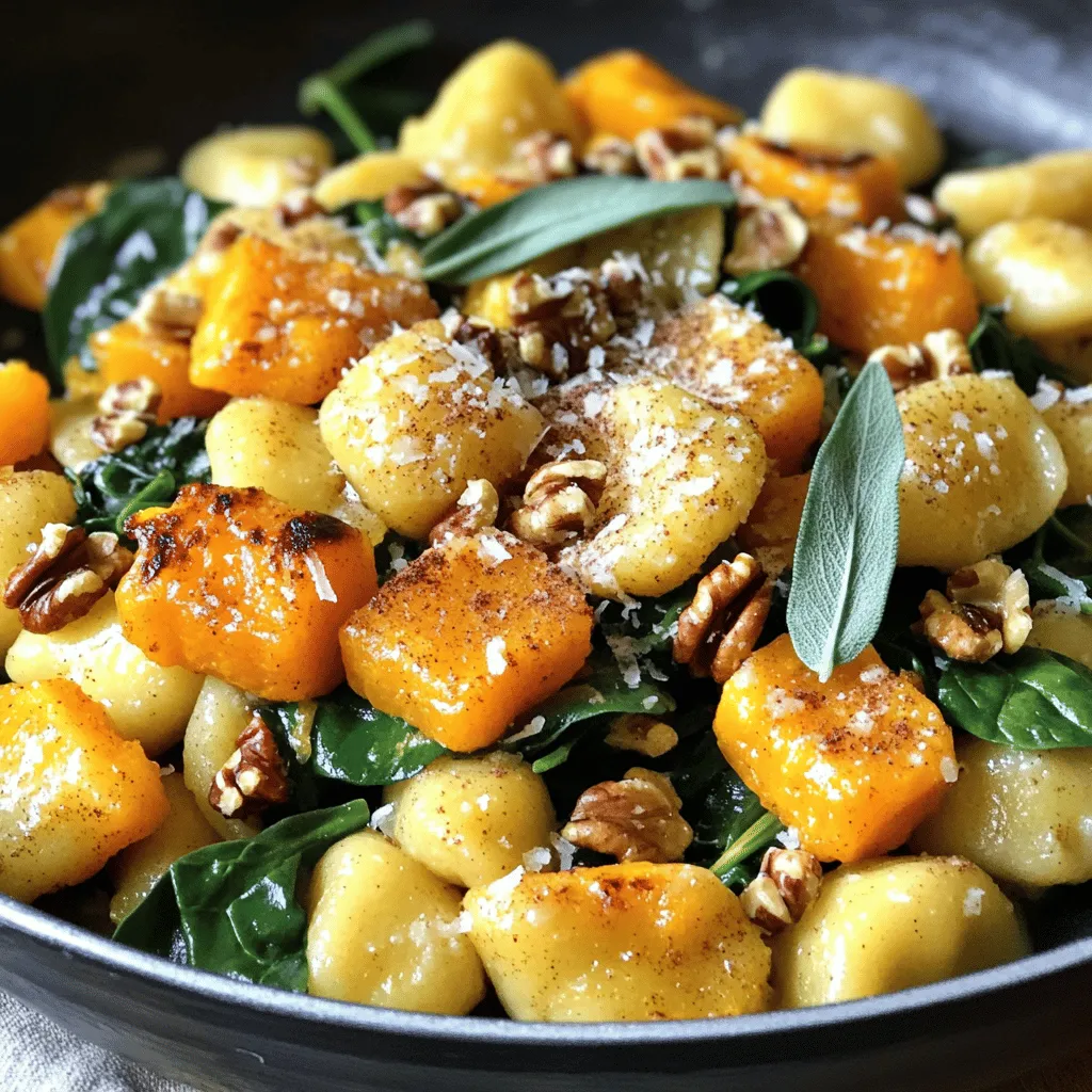 - 1 pound potato gnocchi - 1 medium butternut squash, peeled and diced into 1-inch cubes - Olive oil, smoked paprika, ground cinnamon, salt, and pepper - Fresh spinach, Parmesan cheese, walnuts, fresh sage leaves First, preheat the oven to 400°F (200°C). Next, take your diced butternut squash and spread it out on a baking sheet. Drizzle 1 tablespoon of olive oil over the squash. Now sprinkle smoked paprika, ground cinnamon, salt, and pepper on top. Toss everything well so the squash is coated in spices. Roast the squash in the oven for 25-30 minutes. Stir halfway through to ensure even cooking. The squash should be tender and slightly caramelized when ready. While the squash roasts, prepare the potato gnocchi. Bring a large pot of salted water to a boil. Add the gnocchi to the boiling water. Cook them according to the package instructions, usually 2-3 minutes, or until they float to the top. Once cooked, drain the gnocchi and set them aside. In a large skillet, heat the remaining tablespoon of olive oil over medium heat. Add 2 cloves of minced garlic and sauté for about 1 minute until you smell the garlic. Then, add 1 cup of roughly chopped fresh spinach. Cook the spinach, stirring often, until it wilts, which takes about 2 minutes. Now, add the roasted butternut squash to the skillet. Gently toss in the cooked gnocchi, mixing everything well. Taste your dish and adjust seasoning with extra salt and pepper if needed. Finally, remove the skillet from heat and stir in half of the grated Parmesan cheese. Mix until the cheese melts and coats all ingredients. For the full recipe, check out the details above. Enjoy your delicious Autumn Gnocchi with Butternut Squash! To get the best gnocchi, focus on two main things: texture and timing. First, make sure to use fresh potato gnocchi. If you can, choose a brand that feels light and fluffy. When cooking, bring a large pot of salted water to a boil. Drop in the gnocchi gently. They usually take only 2-3 minutes. Watch for them to float. When they do, they are ready! Drain them right away to keep them from getting mushy. To make this dish pop with flavor, try adding extra spices. For a warm twist, consider adding a pinch of nutmeg or allspice. You can also swap the spinach for kale or arugula for a different taste. If you love heat, a dash of red pepper flakes can bring a nice kick. Feel free to mix in different herbs like thyme or rosemary to complement the butternut squash. A beautiful dish makes every meal more special. To present your gnocchi nicely, start with a clean plate. Spoon the gnocchi into the center, letting them mound slightly. Sprinkle the remaining Parmesan cheese on top for a snowy look. Add the chopped walnuts for crunch and a pop of color. Finally, place a few fresh sage leaves on top. This not only looks great but also adds a fresh aroma. For an extra touch, drizzle some olive oil over the dish just before serving. For the full recipe, check out the details above. You can easily change this dish to fit your needs. For a dairy-free option, use nutritional yeast instead of Parmesan cheese. It adds a cheesy flavor without the dairy. If you want more protein, try adding cooked chickpeas or lentils. They blend well with the flavors of squash. You can also mix in other veggies like kale or bell peppers. These add color and nutrition. Feel free to change the spices to match your taste. Want a kick? Add red pepper flakes. Prefer more warmth? Try nutmeg or ginger. You can also swap smoked paprika for regular paprika if you like a milder flavor. Experimenting with spices can make this dish your own. To make your meal even better, think about side dishes. A simple mixed green salad pairs well with the gnocchi. You might also serve it with garlic bread for a cozy touch. For a garnish, sprinkle fresh herbs like parsley or thyme. These add freshness and color to your plate. Enjoy your delicious Autumn Gnocchi with Butternut Squash by following the Full Recipe. {{image_4}} To store your autumn gnocchi with butternut squash, let it cool first. Place it in an airtight container. This helps keep it fresh. You can store it in the fridge for up to three days. If you want to keep it longer, consider freezing. When reheating gnocchi, you want to maintain its lovely texture. The best way is to use a skillet. Add a splash of water or broth and heat over medium. Stir gently until warmed through. This will help prevent sogginess. You can also microwave it for one to two minutes. Just cover it to keep the moisture in. To freeze, start by letting the dish cool completely. Portion it into meal-sized containers. Make sure to leave some space in the container for expansion. Freeze for up to three months. When ready to eat, move it to the fridge to thaw overnight. You can then reheat it as mentioned above. This way, you enjoy a delicious meal any time! Making this dish is quite simple! Here’s the time breakdown: - Prep Time: 15 minutes - Cooking Time: 35 minutes - Total Time: 50 minutes You can enjoy a delightful meal in under an hour. The prep involves dicing and seasoning the butternut squash. Cooking the gnocchi is quick, taking only a few minutes. Yes, you can easily adapt this recipe! To make it vegetarian, simply keep the Parmesan cheese. For a vegan version, swap the cheese for a dairy-free alternative. You can also add tofu or chickpeas for protein. This way, everyone can enjoy the dish. Great question! Here are some side dish ideas that go well with gnocchi: - A simple green salad with a light vinaigrette - Roasted Brussels sprouts or green beans - Garlic bread for a comforting touch These sides will enhance your meal and balance the flavors nicely. For the full recipe, check out the recipe section. In this guide, we explored making autumn gnocchi with butternut squash. You learned about the key ingredients, step-by-step cooking instructions, and tips for perfecting the dish. I shared variations for different tastes and dietary needs, along with storage and reheating best practices. Autumn gnocchi is a warm, comforting meal that you can easily customize. Enjoy experimenting with flavors and making this dish your own.