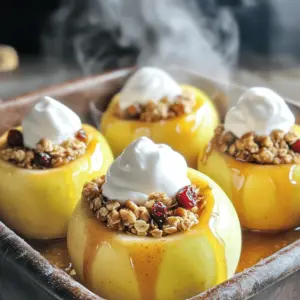 - 4 medium-sized apples (Honeycrisp or Granny Smith recommended) - 1/4 cup rolled oats - 1/4 cup chopped walnuts (or your favorite nuts) - 1 teaspoon ground cinnamon - 1/4 cup pure maple syrup - 2 tablespoons unsalted butter, melted - 1/4 cup dried cranberries or raisins (optional) - Pinch of sea salt - Optional toppings: whipped cream or vanilla ice cream For this easy baked apples recipe, I recommend using Honeycrisp or Granny Smith apples. They provide a nice balance of sweet and tart flavors. The rolled oats add a chewy texture, while the chopped walnuts give a nice crunch. Ground cinnamon infuses warmth and spice into the dish. Pure maple syrup offers a natural sweetness that pairs perfectly with the apples. Melted butter helps the filling stick together. If you want a burst of flavor, consider adding dried cranberries or raisins. A pinch of sea salt enhances all the flavors. To make it even more special, serve with whipped cream or vanilla ice cream on top! Gather all these ingredients before you start. This will make the cooking process smooth and fun. Plus, you can adjust the flavors based on what you like. Enjoy the process of creating this delightful dessert! - Preheat the oven to 350°F (175°C). - Core the apples, keeping bottoms intact. This helps hold the filling in. - In a bowl, combine the rolled oats, chopped walnuts, ground cinnamon, maple syrup, melted butter, and a pinch of sea salt. - If you want, add dried cranberries or raisins for extra flavor. Stir until mixed well. - Spoon the oat mixture into each cored apple. Press down gently to pack it in. - Place the filled apples in a baking dish. Drizzle extra maple syrup over the tops. - Pour about an inch of water into the bottom of the dish. This helps steam the apples. - Cover the dish tightly with foil to trap steam, then bake for 20 minutes. - After 20 minutes, remove the foil and continue baking for 15-20 more minutes. The apples should be soft and caramelized. Select apples that bake well, like Honeycrisp or Granny Smith. These apples hold their shape and flavor. Look for firm apples without bruises. Firmness ensures they stay nice and crunchy while baking. You can adjust the sweetness by adding more or less maple syrup. If you want more spice, add extra cinnamon or even nutmeg. For a twist, try different nuts like pecans or almonds. You can also use dried fruits like apricots for a new flavor. Steam is key when baking apples. It keeps them moist and tender. By adding water to the baking dish, you create steam. You can tell when the apples are done if they are soft and slightly caramelized on top. Use a fork to test their softness. Enjoy! {{image_4}} You can make baked apples even tastier! Try adding spices like nutmeg or ginger. These spices add warmth and depth to your dish. You can also switch up the nuts or dried fruits. Walnuts are great, but pecans or almonds work too. Dried cherries or figs can add a unique twist. Feel free to get creative! Want to make your baked apples a bit healthier? Use less sugar or sugar substitutes like honey or agave syrup. You can also try gluten-free oats if you prefer. This way, you keep the flavor while making it fit your diet. These small changes keep your dessert light without losing taste. Presentation is key! Serve your baked apples warm in a bowl or on a plate. You can top each apple with whipped cream or a scoop of vanilla ice cream. Drizzle extra maple syrup on top for a sweet finish. Pair your dessert with a cup of tea or coffee for a cozy meal. You can even serve it alongside a light salad for a balanced treat. Enjoy the blend of flavors and textures! To keep your baked apples fresh, store them in the fridge. Place them in an airtight container. They will stay good for about three to five days. To reheat, pop them in the microwave for about one minute. This warms them nicely. Alternatively, you can heat them in the oven at 350°F for around 10 minutes. This option makes them taste fresh again. If you want to save baked apples for later, freezing is a great choice. First, let them cool completely. Then, wrap each apple tightly in plastic wrap. Place them in a freezer bag or container. They can last for up to three months. When you want to eat them, take the apples out and thaw them in the fridge overnight. Freezing can change the texture a bit. They may become softer after thawing. However, the flavor will still be delicious. Enjoy them warm with ice cream or whipped cream! Yes, you can prepare baked apples in advance. Here’s how: - Core the apples and make the filling as usual. - Stuff the apples with the filling but don’t bake them yet. - Cover the apples with plastic wrap and store them in the fridge. - Bake them when you are ready. Let them sit for about 10 minutes before baking. To check if your baked apples are done, look for these signs: - The apples should be soft when pierced with a fork. - The skin may look wrinkled or slightly caramelized. - The filling should be bubbly around the edges. When you see these signs, your baked apples are ready to enjoy! Yes, you can use other sweeteners in your baked apples. Here are some options: - Honey adds a floral sweetness. - Agave syrup is milder and works well. - Brown sugar gives a rich flavor. Each sweetener will change the taste a bit, so feel free to experiment! You can make delicious baked apples easily with the right ingredients and steps. Start by choosing firm apples and mixing a tasty filling. Baking them with care adds flavor and warmth. Don’t forget to explore variations for some fun twists. Store leftovers wisely, freezing if needed, to enjoy later. Remember, these baked apples make a great dessert, perfect for any meal. Happy baking!