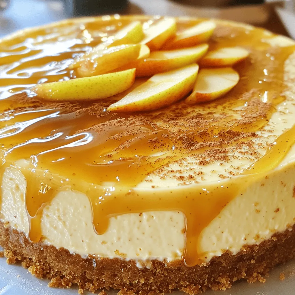 To create a delightful Apple Butter Cheesecake, gather these essential ingredients: - 1 ½ cups graham cracker crumbs - ½ cup unsalted butter, melted - 1 cup cream cheese, softened at room temperature - ½ cup granulated sugar - ½ cup apple butter (preferably homemade or artisanal) - 2 large eggs, at room temperature - 1 teaspoon pure vanilla extract - ½ teaspoon ground cinnamon - ¼ teaspoon ground nutmeg - 1 cup sour cream at room temperature - 2 tablespoons packed brown sugar - Caramel sauce, for drizzling (optional) - Fresh apple slices, for garnish You can choose homemade apple butter to enhance the flavor. Making your own is easy. Just cook down apples with sugar and spices until thick. This adds a personal touch to your cheesecake. For those with dietary restrictions, there are options. Use gluten-free graham crackers for the crust. You can swap cream cheese with a vegan alternative like cashew cream. This keeps the taste while being friendly for different diets. Check out the Full Recipe to see the complete steps. To start, I set my oven to 350°F (175°C). This step is key for a great bake. While the oven warms up, I gather my ingredients. The crust needs to be perfect. I mix 1 ½ cups of graham cracker crumbs with ½ cup of melted unsalted butter. I make sure all crumbs are coated well. Then, I press this mixture into a 9-inch springform pan. It must be firm and even. I bake the crust for 10 minutes. After that, I let it cool completely. Next, I prepare the cream cheese for the filling. I use 1 cup of cream cheese, softened at room temperature. This helps it blend smoothly. I beat it in a large bowl with an electric mixer. I mix it for about 2 to 3 minutes until creamy. Now, it’s time to make the filling. I add ½ cup of granulated sugar and ½ cup of apple butter to the cream cheese. I mix until it’s silky and well combined. Then, I add the eggs one at a time. I keep the mixer on low speed. Each egg needs to be mixed in well before adding the next. I also include 1 teaspoon of pure vanilla extract, ½ teaspoon of ground cinnamon, and ¼ teaspoon of ground nutmeg. This makes the flavor pop! After the eggs and spices are mixed in, I gently fold in 1 cup of sour cream. I use a spatula, being careful not to overmix. The filling should be smooth and creamy. I pour this mixture over the cooled crust. I spread it evenly with a spatula. I place the cheesecake in the oven and bake for 50 to 60 minutes. I check for doneness by gently shaking the pan. The center should be set but still slightly wobbly. When it looks just right, I turn off the oven. I leave the cheesecake inside for an hour to cool gradually. This step helps prevent cracks. After cooling in the oven, I take the cheesecake out. I let it cool at room temperature completely. Then, I cover it with plastic wrap and refrigerate it for at least 4 hours, or better yet, overnight. This chilling time helps the flavors meld. For the full recipe, check the section above. To make the best apple butter cheesecake, you want a smooth top. To avoid cracks, remember these tips: - Use room temperature ingredients: This helps your mixture blend well. Cold ingredients can cause lumps. - Don’t overmix: Overmixing adds air, which can lead to cracks. Mix just until combined. - Bake in a water bath: This helps keep a steady temperature. It also adds moisture to your cheesecake. For the right texture and flavor, follow these steps: - Preheat your oven: Always ensure your oven is at the right temperature. This avoids under or overcooking. - Check doneness carefully: The center should be set but still jiggle a little. It firms up as it cools. - Cool it slowly: Let the cheesecake cool in the oven. This prevents sudden temperature changes that cause cracks. Slicing your cheesecake can be tricky. Here’s how to do it right: - Use a hot knife: Dip your knife in hot water, then wipe it dry. This makes clean slices. - Chill before cutting: Cold cheesecake is easier to slice. Let it cool in the fridge for at least four hours. For a lovely presentation: - Garnish with fresh apple slices: This adds color and freshness. - Drizzle with caramel sauce: A little caramel adds sweetness and looks nice. Pair your cheesecake with drinks like: - Spiced cider: This warms up the flavors of the cheesecake. - Coffee: The bitterness balances the sweetness of the dessert. For the full recipe, check out [Full Recipe]. Enjoy making this holiday hit! {{image_4}} You can give your apple butter cheesecake a creative spin. Adding spices like ginger or cloves can enhance the flavor. A pinch of fresh ginger adds warmth and zest. Cloves bring a fragrant note that pairs well with apple. Another way to mix it up is by swirling in chocolate or caramel. This adds a rich, decadent touch. Simply drizzle melted chocolate or caramel into the cheesecake batter before baking. Use a knife to swirl it gently. This creates a beautiful marbled effect while adding depth to the flavor. If you need a gluten-free option, swap the graham cracker crust for a nut-based crust. Almond flour or crushed gluten-free cookies work well. Mix with melted butter and press into the pan as you would with the original crust. For a vegan version, replace the cream cheese with a plant-based alternative. Use silken tofu blended until smooth. Substitute eggs with flax eggs or applesauce. This keeps the cheesecake creamy without dairy. You can also use coconut cream for a rich texture. These changes make this dessert friendly for everyone. These variations keep the spirit of the dish while catering to different tastes and diets. Try them out to find your favorite twist! For the full recipe, check out the [Full Recipe]. To keep your apple butter cheesecake fresh, cover it well. Use plastic wrap or foil to seal it tightly. This helps prevent it from drying out and keeps it tasty. Place it in the fridge where it can stay good for about five days. If you want to save it for longer, freezing is a great option. For freezing, slice the cheesecake first. Wrap each slice in plastic wrap, then place them in a freezer-safe bag. This way, you can grab a piece anytime. Frozen cheesecake lasts about two to three months. Just make sure to label the bag with the date. If you want to revive your cheesecake after freezing, thaw it in the fridge overnight. This keeps the texture smooth. You can also let it sit at room temperature for about 30 minutes before serving. When serving, enjoy it chilled for a refreshing bite. If you prefer a softer texture, let it warm up slightly. This cheesecake shines at any temperature, so choose what you love best. For more delicious options, check out the Full Recipe. How long can I store the cheesecake? You can store your apple butter cheesecake in the fridge for about five days. Make sure to cover it well with plastic wrap. This keeps it fresh and tasty. If you want to keep it longer, you can freeze it for up to two months. Just wrap it tightly to prevent freezer burn. Can I make this cheesecake in advance for holidays? Yes, you can make this cheesecake a day or two ahead of time. This actually helps the flavors shine! Just make sure to chill it well in the fridge. When you’re ready to serve, add your toppings for a fresh look. What to do if the cheesecake cracks? If your cheesecake cracks, don’t worry. This can happen to anyone. You can cover the cracks with toppings like caramel or whipped cream. If you catch it early, you can also try baking it at a lower temperature next time to help prevent this. Why is my cheesecake not setting properly? If your cheesecake isn’t setting, it may need more time in the oven. The center should be a little wobbly when done. After baking, let it cool in the oven to avoid sudden temperature changes. This helps it set nicely. Apple Butter Cheesecake is a delightful treat that combines rich flavors and textures. We covered essential ingredients, tips for baking, and ways to avoid common issues. Consider flavor twists or dietary variations to make it your own. Remember to store your cheesecake properly and refresh it when needed. Enjoying every bite is key, and with these tips, you're set for success. Happy baking!