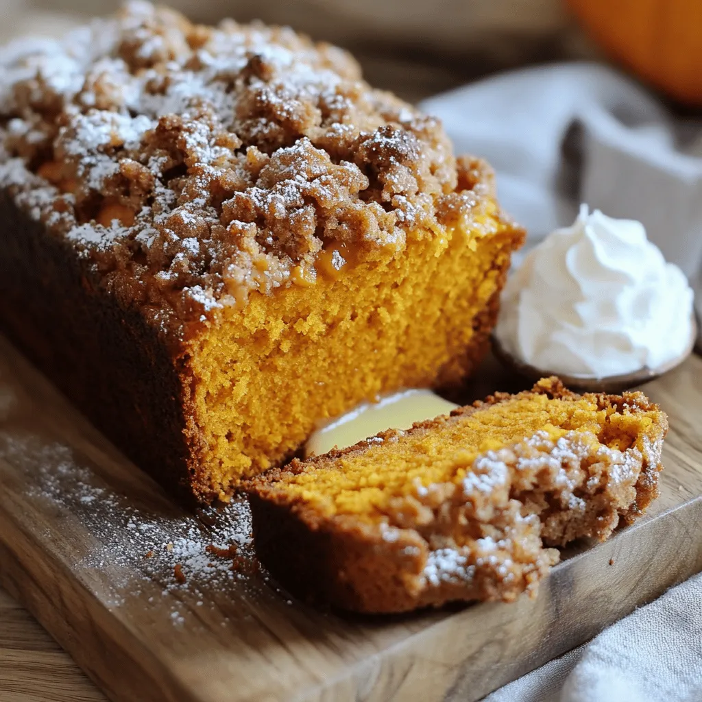 For the base of your pumpkin loaf, you will need: - 1 cup canned pumpkin puree - 1/2 cup vegetable oil - 3/4 cup packed brown sugar - 1/4 cup granulated sugar - 3 large eggs - 1 1/2 cups all-purpose flour - 1 teaspoon baking soda - 1 teaspoon baking powder - 1 teaspoon ground cinnamon - 1/2 teaspoon ground nutmeg - 1/2 teaspoon salt - 1/4 teaspoon ground ginger - 1/4 teaspoon ground cloves These ingredients create a moist and flavorful loaf with a warm spice profile. For the crunchy topping, gather these: - 1/2 cup all-purpose flour - 1/2 cup old-fashioned oats - 1/3 cup brown sugar - 1/4 cup unsalted butter, melted - 1 teaspoon ground cinnamon - 1/4 cup chopped walnuts or pecans (optional) This streusel adds a sweet and nutty crunch, enhancing the loaf's texture. If you want to swap some items, here are ideas: - Use apple sauce instead of vegetable oil for less fat. - For a lower sugar option, try using coconut sugar. - Replace all-purpose flour with a gluten-free blend if needed. - You can omit nuts for a nut-free version. These substitutions can help you adjust the recipe to fit your needs while keeping it tasty. Start by preheating your oven to 350°F (175°C). This step is key. A warm oven helps your loaf rise well. While it heats, lightly grease a 9x5-inch loaf pan with cooking spray or butter. This keeps the loaf from sticking. In a large bowl, combine the canned pumpkin puree, vegetable oil, brown sugar, granulated sugar, and the eggs. Whisk these ingredients together until the mixture is smooth. This is where the pumpkin flavor shines. In another bowl, whisk together the all-purpose flour, baking soda, baking powder, ground cinnamon, ground nutmeg, salt, ground ginger, and ground cloves. Mixing these dry ingredients well is important. It ensures that your spices and leavening agents spread evenly. Next, slowly add the dry ingredients to the pumpkin mixture. Use a spatula to fold them together gently. Be careful not to overmix; a few lumps are just fine. This keeps the loaf light and fluffy. In a separate bowl, mix the all-purpose flour, old-fashioned oats, brown sugar, melted butter, and ground cinnamon. Use a fork or your fingers to mix until it looks crumbly. If you want, fold in the chopped walnuts or pecans for added crunch. Pour the pumpkin batter into the greased loaf pan. Smooth the top with a spatula. Then, evenly sprinkle the streusel topping over the batter. Make sure to cover the surface well for that tasty crunch. Place the loaf in your preheated oven. Bake for about 60 to 70 minutes. To check if it’s done, insert a toothpick into the center. It should come out clean or with a few crumbs attached. After baking, let the loaf cool in the pan for 10 minutes. Then, carefully move it to a wire rack. Let it cool completely before slicing. This step is hard, but it helps the loaf hold its shape. To get a moist and fluffy loaf, use room temperature eggs. They blend better. Mix the wet and dry ingredients gently. Overmixing makes the loaf dense. A few lumps are okay; they help keep the texture light. Add a teaspoon of vanilla extract for a warm flavor. Try mixing in chocolate chips or dried fruits for extra sweetness. You can also swap in different spices, like allspice or cardamom, for a unique taste. Don’t skip the flour sifting step; it helps mix the ingredients well. Be sure to check the oven temperature. An oven that is too hot can burn the top before the inside cooks. Lastly, don’t forget to let the loaf cool before slicing. This helps set the flavors. {{image_4}} You can make your Streusel Pumpkin Loaf even better with some nuts and spices. Try adding chopped walnuts or pecans to the batter. They add a nice crunch and flavor. You can also add spices like allspice or cardamom for a warm twist. Just a pinch can change the whole loaf! If you need a gluten-free version, it's easy to swap the flour. Use a gluten-free blend instead of all-purpose flour. Make sure it contains xanthan gum for the best texture. This way, everyone can enjoy this tasty loaf! The streusel topping is fun to change up too! Try mixing in shredded coconut or sunflower seeds for a unique crunch. You can also drizzle melted chocolate on top after baking for a sweet finish. Get creative and make it your own! To keep your Streusel Pumpkin Loaf fresh, wrap it tightly in plastic wrap. This helps keep moisture in. You can also place it in an airtight container. Store it at room temperature for up to three days. If you want to store it longer, consider freezing. To freeze the loaf, first let it cool completely. Then, slice it into pieces for easy serving later. Wrap each slice in plastic wrap, then place them in a freezer bag. This method keeps the slices fresh for up to three months. When you're ready to enjoy, simply take out a slice. To reheat, you can use the microwave or the oven. For the microwave, place a slice on a plate and heat for about 15-20 seconds. If you prefer the oven, preheat it to 350°F (175°C). Wrap the loaf or slices in foil and heat for 10-15 minutes. This helps keep the loaf moist and warm. Enjoy it fresh, just like the day you baked it! Yes, you can use fresh pumpkin. Just cook and puree it. Use about 1 cup of fresh puree. This gives a great taste. However, canned pumpkin is easier and always consistent. You can store the loaf for up to five days. Keep it in an airtight container. If you want it fresh longer, freeze it. It will last for three months in the freezer. Yes, you can make it dairy-free. Use vegetable oil instead of butter for the topping. You can also use dairy-free milk in the batter if you want. Serve it with whipped cream or cream cheese frosting. A cup of coffee or tea pairs well too. You can also add a sprinkle of cinnamon for extra flavor. You learned how to make a tasty streusel pumpkin loaf. We covered the key ingredients, from pumpkin to toppings. You now know the steps, tips for great texture, and how to avoid common mistakes. I shared various ways to tweak the recipe and storage tips for leftovers. Remember, baking is a fun adventure! Enjoy sharing your loaf with friends and family. Make it your own and savor each bite. Your kitchen will smell amazing, and your loaf will be a hit!