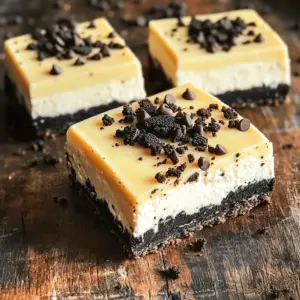 - 24 Oreo cookies, crushed - 4 tablespoons unsalted butter, melted - 16 oz cream cheese, softened - 1 cup powdered sugar - 2 teaspoons pure vanilla extract - 1 cup heavy whipping cream - ½ cup mini chocolate chips (optional) - Extra crushed Oreos for topping The base of these bars is simple yet rich. You crush the Oreo cookies finely, which gives a great texture. You need 24 cookies, plus a few for topping. Melt 4 tablespoons of unsalted butter, and mix it with the crushed Oreos. This mixture forms the crust. For the creamy filling, use 16 ounces of softened cream cheese. It should be at room temperature to blend well. Add 1 cup of powdered sugar for sweetness and 2 teaspoons of pure vanilla extract for flavor. You will also need 1 cup of heavy whipping cream. This will make the filling light and fluffy. If you love chocolate, fold in ½ cup of mini chocolate chips. They add a nice touch, but it’s optional. Finally, save some crushed Oreos to sprinkle on top before serving. This ingredient list makes for a quick and easy dessert that everyone will love. - Combine 24 crushed Oreo cookies with 4 tablespoons of melted butter in a bowl. - Mix until the crumbs are coated in butter. - Press the mixture firmly into a 9x9-inch baking dish. - Chill the crust in the fridge while you make the filling. - In a large bowl, beat 16 ounces of softened cream cheese until smooth. - Gradually mix in 1 cup of powdered sugar and 2 teaspoons of vanilla extract. - Keep mixing until the filling is fluffy and creamy. - In another bowl, whip 1 cup of heavy cream until stiff peaks form. - Gently fold the whipped cream into the cheesecake mixture. - Pour the cheesecake filling over the chilled crust. - Smooth the top with a spatula. - Cover with plastic wrap and chill for at least 4 hours. - For the best flavor, let it chill overnight. - When ready, cut into squares and top with extra crushed Oreos. For the best cheesecake bars, use softened cream cheese. This step helps avoid lumps and gives a smooth filling. Leave your cream cheese out for about an hour before mixing. It should feel soft to the touch. To achieve stiff peaks with whipped cream, start with cold heavy cream. Use a clean bowl and beaters. Mix on medium speed until you see peaks forming. This means the cream is thick enough. Be careful not to overwhip, or it can turn grainy. Use a large mixing bowl for the cream cheese. This gives you enough room to mix well. A medium bowl works best for the Oreo base. Choose a 9x9-inch baking dish for even cutting and serving. A spatula is great for smoothing your filling. These cheesecake bars shine at parties or family gatherings. They are easy to cut and serve. You can pair them with extra toppings. Try fresh fruits, whipped cream, or chocolate drizzle. A scoop of vanilla ice cream also makes a great addition. {{image_4}} You can switch up the flavor of your cheesecake bars easily. Try adding different cookies, like chocolate chip or peanut butter, to the crust. This gives a fun twist to the classic Oreo taste. You can also use flavored cream cheese. Strawberry or vanilla cream cheese can add a nice touch to the filling. Imagine the fruity flavor mixing with the rich cheesecake! If you need gluten-free options, use gluten-free Oreo cookies for the crust. They work just as well and taste great! For a vegan version, look for plant-based cream cheese and whipping cream. This way, everyone can enjoy these tasty bars without worry. Adding toppings can make your cheesecake bars even better. Try incorporating fresh fruits like raspberries or strawberries on top. They add color and a fresh taste. You can also drizzle chocolate or caramel sauce over the bars before serving. This extra touch makes them look and taste amazing! Store your leftover Oreo cheesecake bars in an airtight container. This keeps them fresh and tasty. You can also cover the dish with plastic wrap if you prefer. The bars will stay good in the fridge for up to 5 days. Just make sure they are chilled before serving. To freeze your cheesecake bars, first cut them into squares. Wrap each piece tightly in plastic wrap. Then, place them in a freezer-safe bag or container. This helps keep them safe from freezer burn. You can freeze them for up to 3 months. When you're ready to eat, move the bars to the fridge overnight to thaw. This way, they stay creamy and delicious! Yes, you can easily make these Oreo cheesecake bars ahead of time. I suggest chilling them for at least 4 hours before serving. For the best taste and texture, let them chill overnight. This allows all the flavors to mix well and enhances the creaminess. If your cheesecake doesn't set, it might be due to a few reasons. First, ensure you used softened cream cheese. If it was too cold, it won't mix well. If you didn’t whip the cream enough, it may not hold the cheesecake together. Use a hand mixer to whip the cream until stiff peaks form. If it still doesn’t set, it likely needs more chilling time. Give it a few extra hours in the fridge. You can keep these Oreo cheesecake bars in the fridge for up to 5 days. Make sure to cover them tightly with plastic wrap. If you want to store them longer, freeze them for up to 3 months. To thaw, place them in the fridge overnight before serving. This way, you can enjoy them fresh without losing flavor or texture. You learned how to make delicious Oreo cheesecake bars step by step. With just a few simple ingredients, you can create a treat everyone will love. Remember to always use softened cream cheese for the best texture. You can also get creative by trying different cookie flavors or toppings. Follow the tips for storage and serving to enjoy them longer. Whether for a special occasion or a fun snack, these bars are a hit. Now, grab your ingredients and start baking!