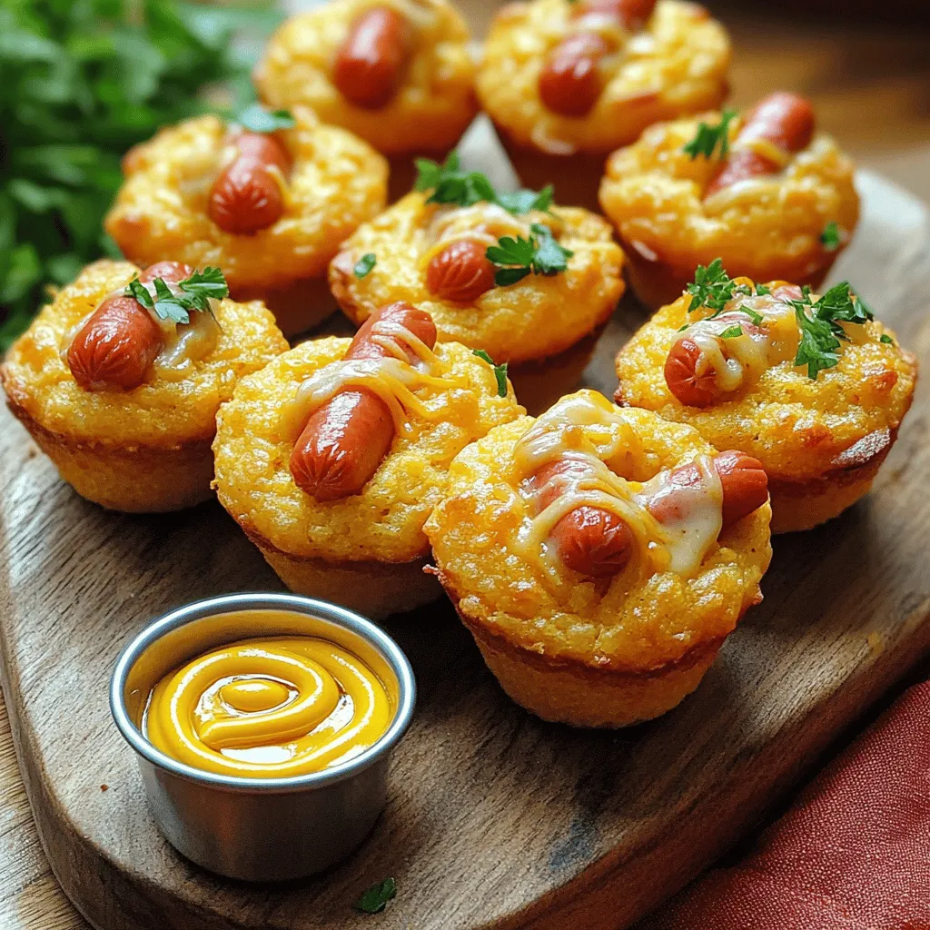 - 1 cup cornmeal - 1 cup all-purpose flour - 1 tablespoon baking powder - 1/2 teaspoon salt - 1/4 teaspoon freshly ground black pepper - 1 cup milk - 1 large egg - 2 tablespoons honey - 1 cup hot dogs, diced into small bite-sized pieces - 1/2 cup sharp cheddar cheese, shredded - Cooking spray or mini muffin liners To make easy mini corn dog muffins, gather these ingredients first. The cornmeal gives a nice texture. The all-purpose flour helps bind everything together. Baking powder makes the muffins rise. Don't forget the salt; it enhances all the flavors. Next, add black pepper for a little kick. Milk adds moisture, while egg binds the batter. Honey adds a touch of sweetness that balances the savory. The best part? The add-ins! Diced hot dogs bring that classic corn dog taste. The sharp cheddar cheese adds creaminess and flavor. Remember to have cooking spray or muffin liners ready to prevent sticking. You have everything you need for a fun snack! For the complete recipe, check the section on instructions. - Preheat oven to 375°F (190°C). - Prepare muffin tin with liners or cooking spray. Start by preheating your oven. This step ensures even cooking. While the oven warms, prepare your mini muffin tin. You can use paper liners or spray it with cooking spray. This helps the muffins come out easily after baking. - Combine cornmeal, flour, baking powder, salt, and pepper. In a large mixing bowl, add cornmeal, flour, baking powder, salt, and pepper. Use a whisk to mix them well. Make sure there are no clumps. This blend gives your muffins a nice base. - Whisk together milk, egg, and honey. Next, grab a medium bowl. Whisk together milk, egg, and honey until smooth. This mixture adds moisture and sweetness to your muffins. - Pour wet mixture into dry ingredients and mix gently. Now, pour the wet mixture into the dry mix. Stir gently with a spatula. Be careful not to overmix. A few lumps are okay. This step ensures a light and fluffy muffin. - Fold in hot dogs and cheese. Once mixed, fold in the diced hot dog pieces and shredded cheese. This adds flavor and texture to your muffins. Make sure they are evenly spread in the batter. - Fill muffin cups and bake for 12 to 15 minutes. Using a spoon or small scoop, fill each muffin cup about two-thirds full. This gives them room to rise. Place the muffin tin in the oven and bake for 12 to 15 minutes. Check if they are done by inserting a toothpick. It should come out clean. The tops should also be golden brown. Enjoy your warm mini corn dog muffins with your favorite dips! For the full recipe, refer to the earlier section. To make great mini corn dog muffins, mix your batter just enough. Overmixing makes them tough. You want small lumps in the batter. They help keep your muffins light and fluffy. To check for doneness, insert a toothpick into the center. If it comes out clean, they are ready. The tops should be a nice golden brown. These mini corn dog muffins shine with tasty dips. Mustard and ketchup are classic choices. They add fun and flavor. You can also try honey mustard for a sweet twist. For a pop of color, sprinkle fresh parsley on top. It adds a nice touch and flavor. Serve them warm for the best taste. Using the right tools makes baking easy. A non-stick mini muffin tin works best. It ensures your muffins pop out easily. If you prefer, use muffin liners. For mixing, a large bowl and a whisk are great. A spatula helps you fold in the hot dogs and cheese. These tools make your baking smoother and more fun. If you want to see the full process, check out the Full Recipe. {{image_4}} You can easily adjust the recipe with gluten-free flour. Use a blend of rice flour and tapioca flour for a tasty option. This works well for those with gluten issues. For a dairy-free version, swap regular milk with almond milk or oat milk. You can use dairy-free cheese for a cheesy flavor without the dairy. Want to spice things up? Add a pinch of cayenne pepper or smoked paprika for extra kick. You can also mix in different proteins. Turkey dogs or veggie hot dogs work great. This lets you customize flavors to fit your taste. For a lighter version, use less honey or skip it altogether. You can reduce the cheese to cut calories. Another tip is to use turkey hot dogs. They have less fat and sodium, making your muffins healthier. Always check labels for lower sodium options when choosing hot dogs. To store leftovers, let the mini corn dog muffins cool fully. Place them in an airtight container. Keep them at room temperature for up to two days. This keeps them soft and tasty. For long-term storage, freezing is your best bet. Wrap each muffin in plastic wrap. Then, place them in a freezer-safe bag or container. They can last for up to three months in the freezer. When ready to eat, just remove the wrap and pop them in the oven to reheat. To reheat your muffins without losing their great texture, use the oven. Preheat the oven to 350°F (175°C). Place the muffins on a baking sheet and heat for about 10 minutes. This will keep them warm and soft. You can also use a microwave. Just heat them for 20-30 seconds. But be careful, as this can make them a bit chewy. Enjoy these tasty treats fresh! For the full recipe, check out the section above. Yes, you can make the batter ahead of time. Just mix the dry and wet ingredients separately. Store the wet mix in the fridge for up to 24 hours. When you’re ready to bake, combine both mixtures and fold in the hot dogs and cheese. This saves time and keeps the muffins fresh. You can tell when the muffins are done by checking their color and texture. They should be golden brown on top. Insert a toothpick into the center of a muffin. If it comes out clean, they are done. If it has batter on it, bake for another minute or two. Absolutely! You can use any cheese you like. Try mozzarella for a milder taste or pepper jack for a spicy kick. Gouda adds a nice smoky flavor, while feta brings a tangy twist. Experiment and find your favorite combo. Mini corn dog muffins go great with a variety of sides. Serve them with mustard or ketchup for dipping. You can also pair them with a fresh salad, carrot sticks, or sweet potato fries. These sides add more fun to your snack time. To adjust the recipe, simply multiply the ingredients. For a smaller batch, halve the amounts. Use the same baking time, but check for doneness a bit earlier. This way, you can easily make enough for a small snack or a big party. Enjoy the Full Recipe for details! You learned how to make tasty mini corn dog muffins, from ingredients to baking. Each step is simple and easy to follow, making it perfect for any cook. Remember to check for doneness and try different flavors. With all these tips, your muffins will shine. Enjoy making these fun bites, and share your creations! You’ll love how they please friends and family alike. Happy baking!