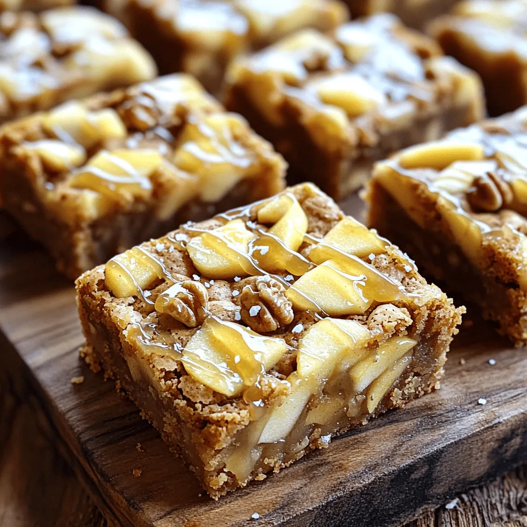 Here’s what you need for Maple Glazed Apple Blondies: - 1 cup unsalted butter, melted - 2 cups brown sugar, tightly packed - 2 large eggs - 1 teaspoon vanilla extract - 2 cups all-purpose flour - 1 teaspoon baking powder - 1/2 teaspoon baking soda - 1/2 teaspoon salt - 1 teaspoon ground cinnamon - 1 cup diced apples (about 2 medium-sized apples) - 1/2 cup chopped walnuts (optional) - 1/2 cup pure maple syrup (for glazing) - 1 tablespoon unsalted butter (for the glaze) - Pinch of sea salt (for garnish) Gather these ingredients for a sweet treat. The melted butter brings richness. Brown sugar adds deep flavor. Eggs help bind everything together, while vanilla adds warmth. The flour creates a soft base. Baking powder and baking soda give the blondies lift. Salt enhances the sweetness, and cinnamon adds a cozy spice. Diced apples provide juicy bites. Walnuts add a lovely crunch if you choose to use them. The pure maple syrup in the glaze gives that sweet, sticky finish we all love. A dab of unsalted butter in the glaze makes it shine. Finally, the sea salt on top balances all the flavors. Get ready to mix these ingredients into a delightful dessert! - Preheat the oven to 350°F (175°C). - Grease or line a 9x13 inch baking pan. - In a large bowl, combine melted butter and brown sugar. Mix until smooth. - Add two eggs and one teaspoon of vanilla extract. Stir until fully blended. - In another bowl, whisk together flour, baking powder, baking soda, salt, and cinnamon. Slowly mix this into the wet ingredients. Be gentle. - Fold in one cup of diced apples and half a cup of chopped walnuts if you like. - Pour the batter into the prepared pan. Spread it evenly. - Bake for 25-30 minutes. Check with a toothpick. It should come out clean. - While the blondies bake, make the maple glaze. In a small pot, heat half a cup of maple syrup and one tablespoon of butter. Stir until melted and smooth. - After baking, cool the blondies for ten minutes. Drizzle the warm glaze over them. - Add a pinch of sea salt as a garnish before slicing into squares. To ensure even baking, always preheat your oven. This helps the blondies cook at a steady heat. Use a light-colored baking pan. Dark pans can cause the edges to brown too fast. Rotate the pan halfway through baking for uniform heat. To check for doneness, insert a toothpick in the center. It should come out clean, without wet batter. If it has moist crumbs, bake for a few more minutes. Remember, the edges should look golden brown but not too dark. If you run out of unsalted butter, use coconut oil or margarine. These work well and still keep the blondies moist. You can also try using ghee for a richer taste. For apples, you can use Granny Smith for tartness or Honeycrisp for sweetness. Mix different types of apples for more flavor. Just make sure to chop them into small pieces to blend well in the batter. Serving these blondies warm enhances their flavor. They are soft and gooey right out of the oven. However, they also taste great at room temperature. For garnishing, add a dollop of whipped cream or a scoop of vanilla ice cream on top. You can also place a thin apple slice or a walnut on each blondie for a nice touch. The sea salt sprinkle on top of the glaze boosts the sweet maple flavor too. {{image_4}} You can make these blondies even better by adding spices. Nutmeg and ginger bring warmth and depth. A dash of nutmeg makes them cozy. Ginger adds a zesty kick. You can also try using different nuts. Pecans give a rich flavor, while almonds add a nice crunch. Each choice changes the taste and texture. If you need gluten-free blondies, swap regular flour for almond or coconut flour. You might need to adjust the liquid. For vegan blondies, replace eggs with flax eggs or applesauce. Use vegan butter to keep the taste rich. These changes ensure everyone can enjoy this treat! To keep your maple glazed apple blondies fresh, store them in an airtight container. Place a piece of parchment paper between layers for best results. This helps prevent sticking and keeps them soft. Keep the container in a cool, dry place. If you store them correctly, they will last about five days. You can freeze blondies for later use. First, allow them to cool completely. Then, slice them into squares. Wrap each square in plastic wrap tightly. Place the wrapped squares in a freezer-safe bag or container. They will stay fresh for up to three months in the freezer. When you’re ready to enjoy, remove a blondie from the freezer. Let it thaw in the fridge overnight. For a quick thaw, place it at room temperature for about an hour. If you want a warm treat, you can heat it in the microwave for about 10-15 seconds. Enjoy your delicious blondies anytime! Can I use different fruit instead of apples? Yes, you can use other fruits. Try diced pears or peaches. They add a nice twist. How long do these blondies last? These blondies last about five days. Store them in an airtight container. Can I make the glaze ahead of time? Yes, you can prepare the glaze ahead. Store it in the fridge for up to a week. Reheat it gently before use. Why are my blondies too dry/wet? Dry blondies may result from overbaking. Check them at the 25-minute mark. Wet blondies may need longer baking. Use a toothpick to test doneness. What can I do if I don't have maple syrup? If you lack maple syrup, honey works well. You can also use agave syrup for a similar taste. What pairs well with Maple Glazed Apple Blondies? These blondies pair nicely with whipped cream or vanilla ice cream. A scoop on top makes them extra special. Best drinks or desserts to serve alongside? Serve with warm cider or a cup of coffee. Both drinks complement the sweet and rich flavors well. This blog covered how to make delicious Maple Glazed Apple Blondies. You learned the key ingredients, step-by-step instructions, and useful tips. I also shared ways to customize flavors, adjust for special diets, and store your treats. Now, with all this knowledge, you can create your own tasty blondies. Experiment and enjoy the sweet results! Simple, fun, and perfect for sharing with friends and family. Happy baking!