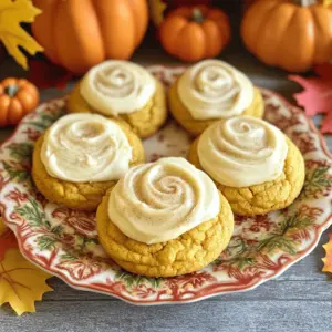 - 2 cups all-purpose flour - 1 teaspoon baking powder - 1 teaspoon baking soda - 1 teaspoon ground cinnamon - ½ teaspoon ground nutmeg - ½ teaspoon salt To start, gather your dry ingredients. The all-purpose flour gives the cookies structure. Baking powder and baking soda help them rise. The spices, ground cinnamon and nutmeg, add warmth and flavor. Lastly, salt balances the sweetness. - ½ cup unsalted butter, softened - 1 cup brown sugar, packed - ½ cup granulated sugar - 1 cup pure pumpkin puree - 1 large egg - 1 teaspoon vanilla extract Next, prepare your wet ingredients. Softened unsalted butter makes the cookies rich. Brown sugar adds moisture and a deeper flavor, while granulated sugar gives sweetness. Pure pumpkin puree keeps the cookies soft and adds a lovely orange hue. The egg binds everything, and vanilla extract enhances the taste. - 4 ounces cream cheese, softened - ½ cup unsalted butter, softened - 2 cups powdered sugar - 1 teaspoon vanilla extract - 1 tablespoon milk, as needed For the icing, start with softened cream cheese and unsalted butter. They create a smooth base. Powdered sugar sweetens the icing, while vanilla extract offers flavor. If the icing is too thick, add milk for a creamy consistency. This icing perfectly complements the soft pumpkin cookies. - Preheat your oven to 350°F (175°C). - Line two baking sheets with parchment paper. This helps cookies not stick. - In a large bowl, cream together ½ cup of unsalted butter, 1 cup of brown sugar, and ½ cup of granulated sugar. Mix until smooth and creamy. - Add in 1 cup of pure pumpkin puree, 1 large egg, and 1 teaspoon of vanilla extract. Mix until everything blends well. - In another bowl, combine 2 cups of all-purpose flour, 1 teaspoon of baking powder, 1 teaspoon of baking soda, ½ teaspoon of ground cinnamon, ½ teaspoon of ground nutmeg, and ½ teaspoon of salt. Whisk these dry ingredients together. - Gradually add the dry mixture to the wet mix. Stir gently until everything is just combined. Be careful not to overmix. This keeps the dough soft. - Use a cookie scoop to drop rounded tablespoons of dough onto the baking sheets. Leave space between each scoop. - Bake for 12-15 minutes. You know they’re done when the edges look set and the tops feel soft but not wet. - Once baked, cool cookies on the baking sheet for about 5 minutes. Then, move them to a wire rack to cool completely. Now, you’re ready for the icing! To get the best texture for your soft pumpkin cookies, avoid overmixing. When you add the dry mixture to the wet ingredients, mix just until combined. Overmixing can make your cookies tough. Signs of a well-baked cookie include edges that look set and a soft, slightly firm top. When you touch the cookie, it should feel soft but not raw. Trust your instincts; if they look good, they likely are! For the cream cheese icing, you want a smooth and spreadable consistency. Start with softened cream cheese and butter. Beat them together until creamy. Gradually mix in the powdered sugar for a lump-free blend. If the icing is too thick, add a tablespoon of milk and mix until smooth. To spread icing evenly, use a small offset spatula or the back of a spoon. Start in the center and gently push the icing towards the edges. This will help you cover the cookie without making a mess. To make your cookies look inviting, arrange them on a decorative plate. You can sprinkle a light dusting of ground cinnamon over the icing for a festive touch. For seasonal flair, add mini pumpkins or colorful fall leaves around the plate. This extra effort makes your cookies even more special! {{image_4}} Want to mix things up? You can add chocolate chips or nuts to your cookies. Chocolate chips give a sweet touch that pairs well with pumpkin. Nuts add crunch and depth. Try walnuts or pecans for a nice twist. You can also play with spices. Instead of just cinnamon and nutmeg, consider ginger or allspice to create a warm flavor. If you need to avoid gluten, you can use gluten-free flour. Almond flour or a gluten-free blend works well. Just make sure to adjust the amount slightly, as these flours absorb moisture differently. For vegan options, swap out the cream cheese with a vegan cream cheese. You can also use coconut milk or almond milk to keep the icing creamy. You can get creative with icing. Instead of plain cream cheese icing, try adding lemon zest for a fresh twist. You can also use flavored icing, like maple or caramel, to enhance the pumpkin taste. For a fun finish, sprinkle colored sprinkles on top. This adds a lively touch and makes the cookies more festive. To keep your soft pumpkin cookies fresh, use an airtight container. This will lock in moisture and keep them soft. You can store them at room temperature for up to five days. If you want them to last longer, consider putting them in the fridge. Just remember that the cold can make them a bit firmer. You can freeze the cookies either before or after icing. If you freeze them before icing, let them cool completely first. Place the cookies in a single layer on a baking sheet and freeze for one hour. Once frozen, transfer them to a freezer bag. If you choose to freeze them after icing, make sure the icing has set. Place them between layers of parchment paper in a container. To thaw, leave them at room temperature for about an hour. These cookies stay fresh for five days at room temperature. If stored in the fridge, they can last up to a week. Look for signs of spoilage like a dry texture or an off smell. If they lose their fluffy feel or develop any mold, it’s time to toss them. Yes, you can use fresh pumpkin. First, you need to cook it. Cut a sugar pumpkin in half and remove the seeds. Bake the halves cut-side down at 350°F for about an hour. Let it cool, then scoop out the flesh and puree it until smooth. This method gives a fresher taste. Just make sure to measure out one cup for the recipe, just like you would with canned pumpkin. If you don’t have cream cheese, you can use mascarpone cheese. It has a similar taste and texture. Greek yogurt is another option, but it will be tangier. For a dairy-free choice, try using silken tofu blended until smooth. You may need to add a bit of lemon juice for flavor. Each option gives a unique twist to the icing. To keep your cookies soft, avoid overmixing after adding the flour. Just mix until combined. Use the right amount of pumpkin; it helps keep cookies moist. Also, bake them until the edges are set but the tops are still soft. Let them cool on the sheet for a few minutes before moving them. This helps them stay soft while firming up. You now have everything you need to make delicious pumpkin cookies. We covered key ingredients, step-by-step instructions, and must-know tips. Remember, the right texture comes from careful mixing and baking times. Feel free to experiment with flavors or dietary options, too. Store your cookies properly to keep them fresh longer. Enjoy baking, sharing, and savoring these seasonal treats!