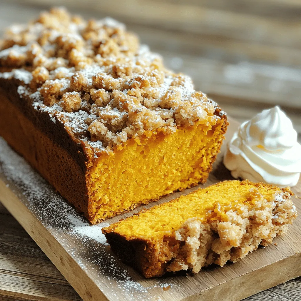 - 1 cup canned pumpkin puree - 1/2 cup vegetable oil - 3/4 cup packed brown sugar - 1/4 cup granulated sugar - 3 large eggs - 1 1/2 cups all-purpose flour - 1 teaspoon baking soda - 1 teaspoon baking powder - 1 teaspoon ground cinnamon - 1/2 teaspoon ground nutmeg - 1/2 teaspoon salt - 1/4 teaspoon ground ginger - 1/4 teaspoon ground cloves - 1/2 cup all-purpose flour - 1/2 cup old-fashioned oats - 1/3 cup brown sugar - 1/4 cup unsalted butter, melted - 1 teaspoon ground cinnamon - 1/4 cup chopped walnuts or pecans (optional) The ingredients for the pumpkin loaf and streusel topping come together to create a warm, spiced treat. The pumpkin puree makes the loaf moist and adds a rich flavor. Using both brown and granulated sugar gives a nice sweetness and depth. The eggs help bind everything while adding a tender crumb. For the streusel topping, the oats and nuts add a delightful crunch. You can choose walnuts or pecans based on your taste. If you want a nut-free version, simply skip the nuts. Each ingredient plays an important role in making this loaf a fall favorite. When you gather your ingredients, remember the joy of baking. This loaf fills your kitchen with warmth and comfort. The spices like cinnamon and nutmeg offer a classic fall aroma. Get ready to enjoy a slice of this delightful treat soon! 1. First, preheat your oven to 350°F (175°C). Grease a 9x5-inch loaf pan well to prevent sticking. 2. In a large bowl, mix 1 cup of canned pumpkin puree, 1/2 cup of vegetable oil, 3/4 cup of packed brown sugar, 1/4 cup of granulated sugar, and 3 large eggs. Whisk these ingredients together until smooth and creamy. 1. In another bowl, whisk together 1 1/2 cups of all-purpose flour, 1 teaspoon of baking soda, 1 teaspoon of baking powder, and spices: 1 teaspoon of ground cinnamon, 1/2 teaspoon of ground nutmeg, 1/2 teaspoon of salt, 1/4 teaspoon of ground ginger, and 1/4 teaspoon of ground cloves. Make sure they are well mixed. 1. Gently add the dry ingredients into the pumpkin mixture. Use a spatula to fold them together. Be careful not to overmix. This helps keep your loaf tender. 1. In a separate bowl, mix 1/2 cup of all-purpose flour, 1/2 cup of old-fashioned oats, 1/3 cup of brown sugar, 1/4 cup of melted butter, and 1 teaspoon of ground cinnamon. Stir until it looks like coarse crumbs. 2. If you want extra crunch, add 1/4 cup of chopped walnuts or pecans to the mixture. 1. Pour the pumpkin batter into the greased loaf pan. Use a spatula to smooth the top. 2. Evenly sprinkle the streusel topping over the batter. Bake in the oven for 60-70 minutes. Check if it’s done by inserting a toothpick into the center. It should come out clean when ready. 1. After baking, let the loaf cool in the pan for about 10 minutes. Then carefully transfer it to a wire rack to cool completely. 2. For a nice presentation, slice the loaf into thick pieces. Serve it on a rustic wooden board. You can dust the top with powdered sugar and add a dollop of whipped cream for a lovely touch. To get the best texture in your loaf, avoid overmixing. When you mix too much, the loaf can turn out tough. Gently fold the dry ingredients into the wet until just combined. You want some lumps for a tender crumb. A good batter should be thick but not dry. To know when your loaf is done, use a toothpick. Insert it in the center of the loaf. If it comes out clean, it's ready. Baking times can vary based on your oven. Start checking around 60 minutes, but it may take up to 70 minutes. Keep an eye on it! You can add spices like allspice or cloves for more depth. A splash of vanilla extract adds a nice touch too. For serving, whipped cream on the side pairs well. You can also sprinkle some cinnamon sugar on top for extra flavor. {{image_4}} You can use different nuts in your streusel topping. Walnuts give a nice crunch and flavor. Pecans add a sweet and buttery taste. Both are great choices, but feel free to mix it up! - Other great nut options to consider: - Almonds add a delicate flavor. - Hazelnuts bring a rich, earthy taste. - Cashews offer a creamy texture. If you need a gluten-free option, you can use gluten-free flour. Be sure to check the blend; some work better than others. A one-to-one gluten-free flour can work well in this recipe. - Tips on using gluten-free flour: - You may need to add a bit more moisture. - Be careful not to overmix the batter. You can make a vegan version of this loaf easily! Just replace eggs and dairy with plant-based options. Use flax eggs or applesauce for the eggs. Coconut milk or almond milk can replace the dairy. - Substitutes for eggs and dairy: - 1 tablespoon of ground flaxseed plus 3 tablespoons of water = 1 egg. - Use almond or oat milk instead of regular milk. - Tips for moisture retention: - Add extra pumpkin puree for added moisture. - Check baking time, as it may differ slightly. To keep your Streusel Pumpkin Loaf fresh, refrigeration is key. Wrap the loaf tightly in plastic wrap or aluminum foil. This prevents it from drying out or absorbing other smells in the fridge. You can also place it in an airtight container for added protection. It will stay fresh for about 4-5 days. If you want to save some for later, freezing works great. Here’s how to do it: 1. First, let the loaf cool completely. 2. Cut it into slices or keep it whole. 3. Wrap each slice or the whole loaf in plastic wrap. 4. Then, place it in a freezer-safe bag or container. 5. Label it with the date. It can last up to 3 months in the freezer. When you’re ready to enjoy, take it out and let it thaw in the fridge overnight. For a quick option, you can leave it on the counter for a few hours. Once thawed, you can serve it warm or at room temperature. At room temperature, your loaf will stay good for about 2-3 days. Just keep it in a cool, dry place. If you put it in the fridge, it can last longer, about 4-5 days. Remember, the colder it is, the longer it will stay fresh. Yes, you can use fresh pumpkin! Start by selecting a small, sweet pumpkin, like a sugar pumpkin. Cut it in half and remove the seeds. Roast the halves in the oven at 400°F for 45 minutes until soft. Let it cool, then scoop out the flesh. Blend it until smooth. Use this as a one-to-one substitute for canned pumpkin puree in the recipe. To check if your loaf is done, insert a toothpick into the center. If it comes out clean or with just a few crumbs, your loaf is ready. Look for a golden-brown crust and a firm top. If the toothpick has wet batter, bake it a bit longer. You can enjoy this loaf plain or with toppings. Try adding a spread of cream cheese for a rich flavor. Whipped cream is also a great choice. For a crunchy touch, sprinkle some chopped nuts or seeds on top. You can serve it warm or at room temperature. To make it healthier, swap out some sugar. Use less brown sugar or try honey or maple syrup. You can also use applesauce instead of oil for moisture. Adding seeds, like chia or flaxseed, boosts nutrition too. They add fiber and healthy fats without changing the taste. In this blog post, we explored the fun of making a delicious pumpkin loaf. We looked at key ingredients for both the loaf and streusel topping. Step-by-step instructions made it easy to follow along. Tips helped you achieve perfect texture and flavor, while variations catered to different diets. Lastly, we covered storage tips to keep your loaf fresh. Embrace the joy of baking this season and enjoy every slice. Your pumpkin loaf adventure starts now!