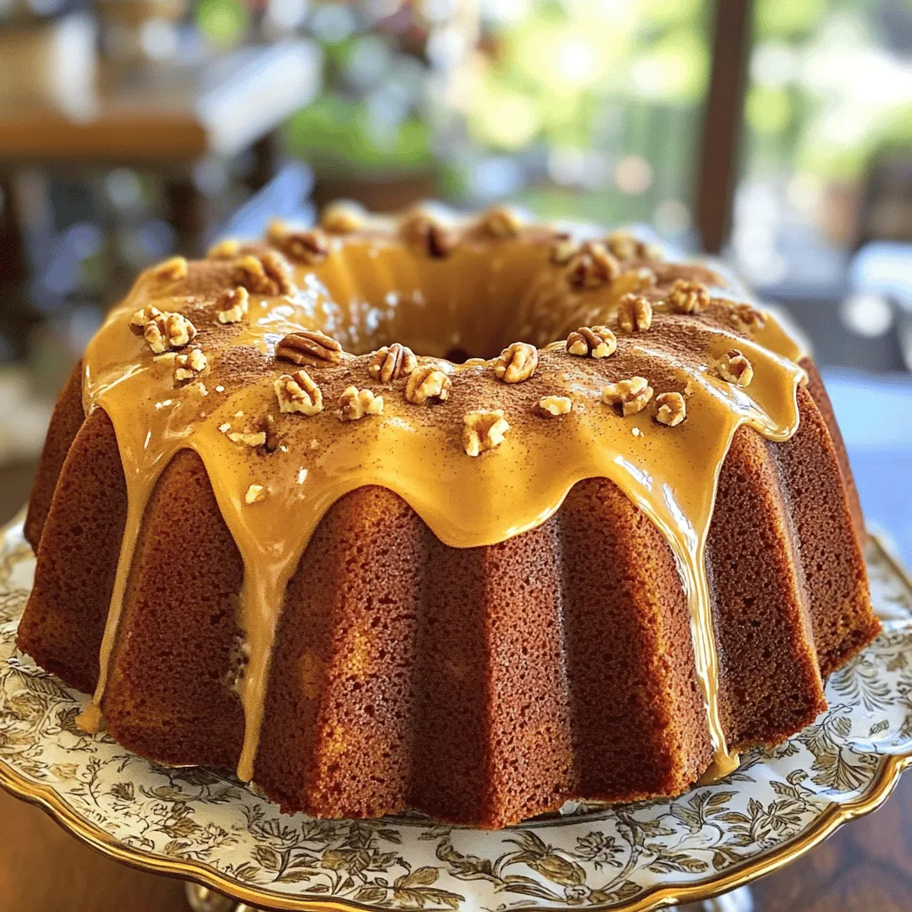 The dry ingredients are the base of our spice cake. Here’s what you need: - 2 cups all-purpose flour - 1 ½ teaspoons baking powder - 1 teaspoon baking soda - 1 teaspoon ground cinnamon - 1 teaspoon ground nutmeg - ½ teaspoon ground ginger - ½ teaspoon ground cloves - ½ teaspoon salt These dry items create the cake’s structure and flavor. The spices bring warmth, while the flour gives it body. Now, let’s move on to the wet ingredients. These are key for moisture and sweetness: - ¾ cup unsalted butter, softened to room temperature - 1 cup brown sugar, packed tightly - ½ cup granulated sugar - 3 large eggs, at room temperature - 1 teaspoon pure vanilla extract - 1 cup buttermilk, at room temperature The butter and sugars create a rich base. Eggs add lift, while buttermilk gives a tender crumb. The vanilla adds a lovely aroma. You can boost the texture with some optional add-ins. Consider these: - 1 cup chopped walnuts or pecans These nuts add a nice crunch and depth of flavor. They complement the spices well. If you love nuts, don’t skip this step! For the full recipe, check the details above. Start by preheating your oven to 350°F (175°C). This temperature ensures your cake bakes evenly. While the oven heats, prepare your Bundt pan. Generously grease it with butter or cooking spray. Then, dust it lightly with flour. This step helps the cake release easily after baking. Next, you’ll mix the batter. In a medium bowl, whisk together your dry ingredients: flour, baking powder, baking soda, cinnamon, nutmeg, ginger, cloves, and salt. Set this bowl aside. In a larger bowl, cream softened butter with brown and granulated sugars. Use an electric mixer for about 3 to 4 minutes. This step makes the mixture light and fluffy. Then, add eggs one at a time, mixing well after each addition. Stir in the vanilla extract. Now, it’s time to combine the mixtures. Gradually add the dry ingredients to the butter mixture, alternating with buttermilk. Start and end with the dry mix. If using nuts, gently fold them in now. Pour the batter into your prepared Bundt pan. Smooth the top with a spatula for even baking. Place the pan in the oven and bake for 45 to 50 minutes. Check doneness by inserting a toothpick into the center. It should come out clean. Once baked, let the cake cool in the pan for about 10 minutes. After that, invert the pan onto a wire rack to release the cake completely. Let it cool down fully before frosting. For a detailed guide, check the Full Recipe. To get the best texture in your spice cake, measure your ingredients well. Use a scale for accuracy. Spoon flour into your measuring cup and level it off with a knife. This helps avoid too much flour, which can make the cake dry. When mixing, blend the wet and dry ingredients just until combined. Overmixing can create a tough cake, which is not what you want. For your maple frosting, you want it to be just right. If the frosting is too thick, add a bit more milk, one teaspoon at a time. If it’s too runny, add more powdered sugar until you reach the desired consistency. You want it spreadable but not so thin that it runs off the cake. This balance makes your frosting perfect for drizzling or spreading. A beautiful presentation makes your cake even more inviting. Place the Bundt cake on a nice serving plate. Dust the top with a little ground cinnamon for a pop of color. You can also add a handful of chopped nuts for extra texture. For a special touch, serve each slice with a dollop of whipped cream or a scoop of vanilla ice cream. This makes your cake not just tasty but also a feast for the eyes. {{image_4}} If you want a gluten-free spice cake, you have options. You can use almond flour or coconut flour as great alternatives. Both will give your cake a nice texture. Just remember to adjust the liquid since these flours absorb more moisture. You can also try gluten-free all-purpose flour blends, which often work well without changes to the recipe. Want to add a twist? You can mix in different spices like cardamom or allspice. These spices can add depth and warmth. You could also use orange zest for a bright flavor. For the frosting, consider adding a pinch of cinnamon or a splash of vanilla extract. Each change will make your cake unique and tasty. Making mini Bundt cakes is easy! Just use a mini Bundt pan instead of a full-size one. Fill each cavity about two-thirds full with batter. Bake for 20-25 minutes, checking for doneness with a toothpick. Let them cool for a few minutes before removing. These little cakes are perfect for parties or gifts. You can drizzle the maple frosting on top for a fun touch. For the full recipe, check the section above! To keep your Spice Cake Bundt fresh, store it in an airtight container. If you don’t have one, wrap the cake tightly with plastic wrap. Keep it at room temperature for up to three days. If you want it to last longer, refrigerate it. Just remember to let it cool completely before wrapping. Freezing is a great way to extend the cake's shelf life. First, slice the cake into individual pieces. Wrap each slice in plastic wrap. Then, place the wrapped slices in a freezer bag. This helps prevent freezer burn. When you’re ready to enjoy, take a slice out and let it thaw in the fridge overnight. To warm up your slices, preheat your oven to 350°F. Place the slices on a baking sheet. Heat them for about 10 minutes. You can also use a microwave for quick warming. Just place a slice on a microwave-safe plate and heat for 15-20 seconds. Enjoy your cake warm for the best flavor! Yes, you can swap the maple frosting for other flavors. Cream cheese frosting adds tanginess. Chocolate frosting gives a rich taste. You can also try vanilla or caramel frostings. Each option adds its own twist to the cake. Choose what you love most! If you lack buttermilk, don't worry! You can make a quick substitute. Mix one cup of milk with one tablespoon of vinegar or lemon juice. Let it sit for five minutes. This creates a buttermilk effect. You can also use plain yogurt or sour cream, thinned with a bit of milk. The Spice Cake Bundt with Maple Frosting lasts about three to five days at room temperature. Keep it in an airtight container. Watch for signs of spoilage like a dry texture or odd smell. If you want to keep it longer, you can freeze it. Wrap it well in plastic wrap and foil. This blog post detailed how to make a delicious Spice Cake Bundt with Maple Frosting. We covered the essential dry and wet ingredients, along with optional add-ins. You learned the step-by-step process from prepping the oven to baking and cooling the cake. Tips for texture, frosting, and presentation can help you shine in the kitchen. We also explored variations and proper storage. Enjoy your baking adventure. With these insights, you’ll create a cake that impresses every time. Happy baking!