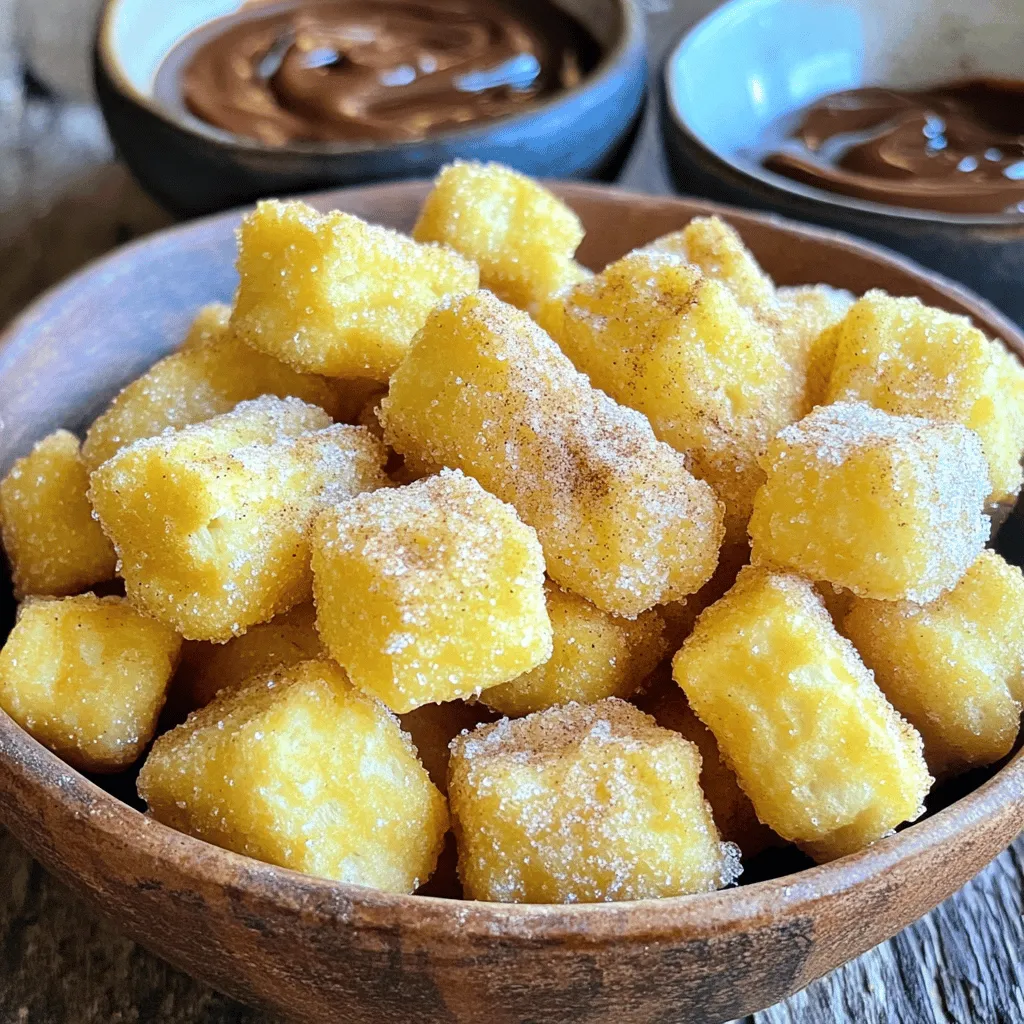 To make Easy Churro Bites with Nutella, you need these key ingredients: - 1 cup water - 1/2 cup unsalted butter - 1 cup all-purpose flour - 1 tablespoon granulated sugar - 1/4 teaspoon salt - 2 large eggs - 1 teaspoon vanilla extract - 1 cup granulated sugar (for coating) - 1 tablespoon ground cinnamon (for coating) - Nutella (for dipping) - Oil (for frying) These simple items come together to create a delightful treat. The combination of warm, crispy churros and rich Nutella makes this recipe a favorite. If you don’t have some ingredients, don’t worry! Here are some easy swaps: - Use margarine instead of butter for a dairy-free option. - Gluten-free flour works well if you need a gluten-free version. - You can use brown sugar instead of granulated sugar for a richer flavor. - If you prefer, any hazelnut spread can replace Nutella. These alternatives let you customize the recipe to your needs while keeping it delicious. This recipe contains common allergens like gluten and dairy. If you have dietary restrictions, consider these points: - For those with egg allergies, a flaxseed egg can replace the eggs. - Use plant-based butter and a dairy-free chocolate spread to make it vegan. - Always check labels for gluten-free options if you have celiac disease. Making these adjustments allows everyone to enjoy churro bites! To start, grab a medium saucepan. Add 1 cup of water, 1/2 cup of unsalted butter, and 1 tablespoon of granulated sugar. Place the pan over medium heat. Stir until it boils. You want the butter to melt entirely. When it bubbles, remove it from heat. Now, quickly add 1 cup of all-purpose flour and 1/4 teaspoon of salt. Use a wooden spoon to stir fast. It should turn into a thick dough that pulls away from the sides in about 1-2 minutes. Let the dough cool for about 5 minutes. After cooling, add 2 large eggs, one at a time. Mix well after each egg. Finally, stir in 1 teaspoon of vanilla extract until smooth. Next, take a deep pot and fill it with about 2 inches of oil. Heat the oil to 350°F (175°C). A thermometer helps here to get it just right. Once hot, put the churro dough into a piping bag with a star tip. Pipe out 2-inch long strips into the hot oil. Use scissors to cut them free. Fry the churro bites for 2-3 minutes. Flip them halfway through so they cook evenly. When they turn golden brown, use a slotted spoon to take them out. Place them on paper towels to drain. While the churros are still warm, it's time to coat them. In a bowl, mix 1 cup of granulated sugar with 1 tablespoon of ground cinnamon. Roll each churro bite in this mixture until they are fully covered. Arrange the churro bites on a platter. Serve them warm with Nutella for dipping. This makes a wonderful treat. For a fun touch, drizzle some Nutella over the churros. Enjoy your delightful Easy Churro Bites with Nutella! For more details, check the Full Recipe. To get that ideal churro bite, focus on the dough. When you mix in the flour, stir quickly. It should form a thick, smooth dough. If it feels too runny, add a little more flour. For a crisp outside and soft inside, fry them at the right temperature—350°F (175°C) is key. Use a thermometer to check the heat. One common mistake is crowding the pan. Fry only a few churro bites at a time. This helps them cook evenly. Another mistake is not rolling them in sugar right away. Roll them when they are still warm. This helps the sugar stick better. Lastly, be careful not to overmix when adding eggs. Mix just until combined for a light texture. If you have leftover churro bites, store them in an airtight container. They can last for up to two days. To reheat, place them in a preheated oven at 350°F (175°C) for about 5-10 minutes. This keeps them crispy. You can also microwave them, but they may lose some crunch. Enjoy them fresh for the best taste! For the full recipe, check out the Easy Churro Bites with Nutella. {{image_4}} You can change the flavor of churro bites easily! Try adding zest from an orange or lemon to the dough for a fresh twist. You can also mix spices like nutmeg or cardamom for a warm taste. If you like a bit of heat, add a pinch of cayenne pepper to the cinnamon-sugar mix. This can give your churros a fun kick! Nutella is a classic choice, but you can explore other sauces too. Try caramel sauce for a sweet treat. A rich chocolate sauce can add depth, while peanut butter gives a nutty twist. For a fruity flavor, serve with a berry sauce. You can even mix cream cheese with powdered sugar for a creamy dip that pairs well with the churros. You can make churro bites in an air fryer! This method cuts down on oil and still gives a crunchy texture. Set the air fryer to 375°F (190°C) and cook for about 8-10 minutes. Flip them halfway for even cooking. Traditional frying gives a classic taste, but air frying offers a lighter option. Choose the method that suits your taste and health goals! Remember, for the full recipe, check out the complete guide. To keep your churro bites fresh, store them in an airtight container. Place a paper towel in the container to absorb moisture. This helps maintain their crispy texture. Keep the container in a cool, dry place. They will stay good for about two days. You can freeze churro bites for later enjoyment. Let them cool completely before freezing. Arrange them in a single layer on a baking sheet and freeze for about one hour. Once frozen, transfer them to a resealable freezer bag. They will last for up to three months in the freezer. To reheat churro bites, preheat your oven to 350°F (175°C). Place them on a baking sheet and warm for about 10 minutes. This will help regain their crispy texture. You can also reheat them in an air fryer at 350°F for about 5 minutes. Avoid using a microwave, as it can make them soggy. Serve with Nutella for a delightful treat. For the full recipe, check the details above. Yes, you can make churros without eggs. To do this, replace each egg with a mix of one tablespoon of flaxseed meal and three tablespoons of water. Let this sit for five minutes to thicken. This mix will help bind the dough. You can also use unsweetened applesauce as a substitute. Use one-fourth cup of applesauce for each egg. The texture may change slightly but the churros will still taste great. If you want to switch up Nutella, try peanut butter or almond butter. These will give a nutty flavor. You can also use chocolate sauce or caramel for a sweet dip. For a vegan option, look for dairy-free chocolate spreads. They offer a similar texture and sweetness without the dairy. To check if the oil is hot enough, use a thermometer. Aim for 350°F (175°C). If you don’t have a thermometer, drop a small piece of dough into the oil. If it sizzles and rises to the top, the oil is ready. If it sinks and doesn’t bubble, it needs more time. Always be careful with hot oil to avoid burns. In this article, we explored how to make churro bites. We covered essential ingredients, possible substitutes, and dietary needs. The step-by-step guide helped you prepare, fry, and serve the churros perfectly. I shared tips to avoid common mistakes and achieve great texture. You learned about storage methods and delicious flavor variations. Making churros can be fun and tasty. With these details, you can create your own treats at home. Enjoy every bite!