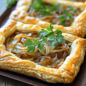 - Puff pastry - Onions - Olive oil - Balsamic vinegar - Thyme - Gruyère cheese - Eggs - Heavy cream - Seasoning Gathering the right ingredients is key to a great tart. Start with one sheet of puff pastry. This will be the base, giving the tart a light and flaky texture. Next, you'll need three large onions. Thinly slice them to ensure even cooking. The sweetness of the onions adds depth to your dish. For cooking, use two tablespoons of olive oil. This will help caramelize the onions and add flavor. Add a tablespoon of balsamic vinegar to enhance the sweetness. It gives a nice tang that balances the rich cheese. For flavor, include one teaspoon of thyme leaves. Fresh or dried will work well, but fresh has a brighter taste. For the cheesy goodness, you’ll need one cup of grated Gruyère cheese. This cheese melts beautifully and brings a nutty flavor to the tart. You’ll also need two large eggs and one cup of heavy cream for the filling. This mix will bind everything together and create a creamy texture. Don’t forget to season with salt and pepper to taste. Finally, for a pop of color, use fresh parsley. Finely chop it to garnish the tart before serving. With these ingredients, you will create a delicious Caramelized Onion Gruyère Tart that is savory and sure to impress! Thaw your puff pastry in the fridge for a few hours. When you’re ready, roll it out on a floured surface. Aim for about 1/8 inch thick. This helps it fit into the tart pan. Press the pastry gently into the pan. Make sure it covers the sides and corners. Use a fork to prick the bottom. This keeps it from puffing up during baking. Heat olive oil in a large skillet over medium heat. Add the sliced onions when the oil is warm. Stir the onions often for about 15-20 minutes. You want them soft and golden brown. This step is key. Constant stirring ensures even cooking. If you skip this, the onions may burn. Once they are caramelized, add balsamic vinegar and thyme. Cook for another 2-3 minutes. Season with salt and pepper, then take off the heat. In a bowl, whisk two large eggs with one cup of heavy cream. Mix until it is smooth. Now, add one cup of grated Gruyère cheese. Stir well to combine. This mixture brings richness to your tart. Spread the cooled caramelized onions over the puff pastry. Make sure to cover the base evenly. Next, pour the egg and cheese mixture over the onions. This helps bind everything together. Ensure that the filling is evenly distributed. This way, every slice has the same great flavor. Preheat your oven to 400°F (200°C). Place the tart in the oven and bake for 25-30 minutes. Keep an eye on it. The filling should be set, and the pastry must be golden brown. To check for doneness, gently shake the tart. If it jiggles slightly, it’s ready. Let it cool for a few minutes before serving. Garnish with fresh parsley for a nice touch. To avoid burnt onions, use a medium heat setting. High heat can scorch the onions fast. Stir them every few minutes. This helps them cook evenly. Patience is key! Caramelizing takes about 15-20 minutes. The longer you cook them, the sweeter they become. For the best flavor, add balsamic vinegar after the onions turn golden. This will enhance their sweetness and add depth to the taste. Fresh thyme brings a nice herby note. You can also use dried thyme if that’s all you have. Pair your tart with a fresh salad or roasted veggies. A light white wine complements the flavors well. Consider serving it with a crisp Sauvignon Blanc. When presenting the tart, slice it into wedges. Use a sharp knife for clean cuts. Garnish each piece with chopped parsley for a pop of color. It makes the dish look more appealing and fresh. You can add extra herbs, like rosemary or oregano, for more flavor. A pinch of nutmeg can add warmth. For optional toppings, try crumbled bacon or sautéed mushrooms. These add texture and richness to every bite. You might also sprinkle some extra Gruyère cheese on top before baking for a cheesy crust. {{image_4}} You can use other cheeses in this tart. Cheddar adds sharpness, while fontina gives a creamy texture. If you're looking for a vegan option, try cashew cheese or a store-bought vegan cheese. These alternatives melt well and can provide unique flavors. Feel free to add more vegetables to your tart. Spinach or mushrooms can add depth. For these, cook them briefly before adding them to the tart. Adjust cooking times as needed, so everything blends well. If you add vegetables, make sure they are not too watery. This keeps the tart from getting soggy. You can switch up the crust in this recipe. Use a shortcrust pastry for a different texture. If you're avoiding gluten, look for gluten-free puff pastry. These options provide a delightful twist while still being easy to prepare. To store leftovers in the fridge, let the tart cool first. Then, cover it with plastic wrap or foil. This keeps it fresh for up to three days. When you are ready to eat, preheat your oven to 350°F (175°C). Place the tart on a baking sheet and heat for about 15 minutes. This will warm it through and keep the crust crispy. You can freeze the tart both before and after baking. If you freeze it before baking, wrap it tightly in plastic wrap and foil. It can last for up to three months. When ready to bake, remove the wrap, and bake it straight from the freezer. Just add a few extra minutes to the bake time. If you freeze it after baking, let it cool completely. Then, wrap it tightly to avoid freezer burn. To thaw, place the tart in the fridge overnight. Then, reheat it in the oven at 350°F (175°C) for about 20 minutes. Enjoy your delicious tart just like the day you made it! Yes, you can make this tart ahead of time. Here’s how: - Prepare the onions: You can caramelize the onions a day before. Store them in an airtight container in the fridge. - Assemble the tart: You can assemble the tart a few hours in advance. Just cover it with plastic wrap and keep it in the fridge. - Bake when ready: Bake the tart just before serving for the best taste and texture. You can tell the tart is done by checking these signs: - Color: The pastry should be golden brown. - Filling: The filling should be set, not jiggly. - Smell: There will be a rich, savory aroma. A good rule of thumb is to bake it for 25-30 minutes at 400°F (200°C). You can serve your tart with these tasty sides: - Salad: A fresh green salad works well. - Soup: Pair it with a light soup, like tomato or butternut squash. - Wine: A crisp white wine compliments the flavors nicely. These pairings make for a satisfying meal! This blog post covered all you need to make a delicious tart. We looked at each ingredient and its role. You learned step-by-step instructions for caramelizing onions and baking the tart. The tips helped improve your cooking skills. I shared variations for personal tastes and smart storage ideas. Now, you can impress your friends with a unique dish! Enjoy experimenting with flavors and sharing your tasty tart.