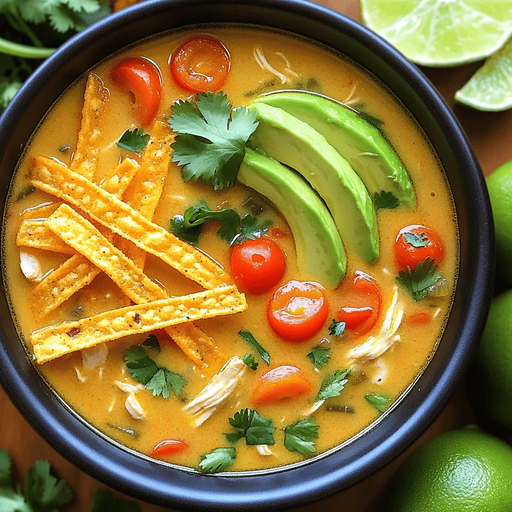 To make Creamy Chicken Tortilla Soup, you'll need some simple yet flavorful ingredients. Here’s the list: - 2 tablespoons olive oil - 1 medium onion, diced - 3 cloves garlic, minced - 1 bell pepper (red or yellow), diced - 2 medium carrots, diced - 1 jalapeño, minced (adjust based on desired spice level) - 1 teaspoon ground cumin - 1 teaspoon smoked paprika - 6 cups chicken broth - 2 cups cooked chicken, shredded - 1 cup corn kernels (fresh or frozen) - 1 can (15 oz) black beans, drained and rinsed - 1 cup heavy cream - Salt and pepper to taste - 1 cup cherry tomatoes, halved - 1 cup cilantro, chopped - Tortilla strips for garnish - Avocado slices for garnish - Lime wedges for serving These ingredients work together to create a rich and comforting soup. The olive oil helps to sauté the veggies, while the chicken broth forms the soup’s base. The combination of spices, like cumin and smoked paprika, adds depth. I love using shredded chicken for heartiness and black beans for protein. The heavy cream brings creaminess, while the fresh garnishes make it bright and fun. You can find the full recipe in the earlier sections. - Sautéing onions and garlic: Start by heating 2 tablespoons of olive oil in a large pot over medium heat. Add 1 diced onion and 3 minced garlic cloves. Cook for about 3-4 minutes. You want the onion to turn translucent and the garlic to smell great. - Adding vegetables and spices: Next, toss in 1 diced bell pepper and 2 diced carrots. If you like heat, add 1 minced jalapeño. Stir this mix for about 5 minutes. The veggies should soften a bit. Now, add 1 teaspoon each of ground cumin and smoked paprika. Stir for 30 seconds to wake up the spices. - Incorporating chicken broth and chicken: Carefully pour in 6 cups of chicken broth. Stir it all together. Bring the pot to a boil, then lower the heat to let it simmer for 10 minutes. This step helps the flavors blend. After that, add 2 cups of shredded cooked chicken. Stir well and let it all simmer for another 10 minutes. - Adding corn and black beans: Now, it’s time to make it hearty! Add 1 cup of corn kernels and 1 can (15 oz) of black beans that you’ve drained and rinsed. Stir everything in and let it simmer for about 5 more minutes. - Incorporating cream and seasoning: Slowly pour in 1 cup of heavy cream while stirring. Let the soup simmer gently on low heat for about 5 minutes. Season it with salt and pepper to taste. This adds richness to the soup. - Folding in cherry tomatoes and cilantro: Just before serving, fold in 1 cup of halved cherry tomatoes and 1 cup of chopped cilantro. This adds freshness and color. Serve the soup hot, topped with crispy tortilla strips and avocado slices. Add lime wedges for a zesty kick. For the complete recipe, check the Full Recipe. - How to enhance flavors with spices I love using spices to boost flavor. Ground cumin and smoked paprika add warmth and depth. Toast them briefly in the pot before adding liquids. This step brings out their best flavors. - Adjusting spice levels with jalapeño If you want a kick, add jalapeño. For mild soup, remove the seeds. For more heat, keep some seeds. Remember, you control the spice! - Techniques for creamy texture To get that rich, creamy texture, add heavy cream last. Stir it in slowly. Let the soup simmer gently. This keeps it smooth and luscious. - Best garnishes for presentation Garnishing makes soup shine! Top it with crispy tortilla strips. A few slices of avocado add creaminess. Fresh cilantro brightens the dish. - Pairing ideas This soup pairs great with rice or crusty bread. Try serving it with a side of tortilla chips for crunch. Your guests will enjoy it! - How to serve for parties or gatherings For gatherings, serve in a big pot. Provide bowls and spoons for easy access. Let everyone customize their bowls with their favorite toppings. It's fun and interactive! {{image_4}} You can change the proteins in this soup. Try adding shrimp or turkey for a twist. Both bring different tastes and textures. If you want a vegetarian option, skip the chicken. Use more beans instead. Black beans, kidney beans, or chickpeas are great choices. This makes the soup hearty and filling without meat. Sometimes, you might want a lighter soup. Swap heavy cream for coconut milk. It adds a nice flavor and is dairy-free. You can also switch up the veggies. Instead of just corn, add zucchini or spinach. Both options add nutrients and taste. Feel free to mix and match ingredients to find your favorite version. For more details, check the Full Recipe. To keep your creamy chicken tortilla soup fresh, store it properly. Use an airtight container. This helps prevent spills and keeps odors in check. Make sure it cools down a bit before sealing. You can keep the soup in the fridge for about 3 to 4 days. If you want to enjoy it later, freezing is a great option. To freeze the soup, let it cool completely. Pour it into freezer-safe bags or containers. Leave some space at the top. The soup will expand as it freezes. When you’re ready to eat, thaw the soup in the fridge overnight. To reheat, warm it on the stove over low heat. Stir it well to mix it evenly. This way, you'll enjoy the creamy goodness again! Can I make creamy chicken tortilla soup in a slow cooker? Yes, you can. Start by sautéing the onion, garlic, and spices in a pan. Then, add them to the slow cooker with the broth, chicken, and veggies. Cook on low for 6-8 hours. Add the cream at the end, just before serving. What are the best toppings for tortilla soup? Some great toppings are crispy tortilla strips, sliced avocado, and fresh cilantro. You can also add lime wedges and cheese for extra flavor. Consider jalapeños for a spicy kick! How can I make this soup spicier? To spice it up, add more jalapeño or use a hotter pepper. You can also add red pepper flakes or hot sauce to taste. Adjust according to your heat preference for the perfect kick! Is creamy chicken tortilla soup healthy? Yes, it can be healthy. The soup has protein from chicken and beans. It also has fresh veggies that add vitamins and fiber. Just watch the cream and salt to keep it lighter. What are the calorie counts per serving? Each serving of creamy chicken tortilla soup has about 350-400 calories. This can vary based on the toppings and cream you use. For a lighter option, reduce the cream or serve with fewer toppings. For the full recipe, check the [Full Recipe]. In this blog post, we explored making creamy chicken tortilla soup with easy steps and tips. We covered the basic ingredients, clear cooking instructions, and flavorful variations. You can enhance flavors, choose different proteins, and find the best ways to serve and store your soup. Remember, cooking should be fun and creative! Enjoy experimenting with this soup to make it your own.