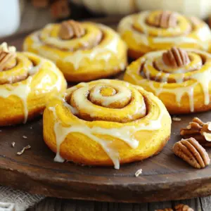 - 2 ½ cups all-purpose flour - ¼ cup granulated sugar - 1 packet (2 ¼ tsp) instant yeast - 1 tsp ground cinnamon - ½ tsp ground nutmeg These ingredients form the base of your pumpkin cinnamon rolls. All-purpose flour gives the dough structure. Granulated sugar adds sweetness. Instant yeast makes the rolls rise and become fluffy. Ground cinnamon and nutmeg bring in warm, cozy flavors that scream fall. - ¼ cup brown sugar - 1 tbsp ground cinnamon - ¼ cup unsalted butter, softened - ½ cup chopped pecans (optional) The filling makes these rolls special. Brown sugar adds a deep, caramel taste. Ground cinnamon enhances the spice profile. Unsalted butter keeps the filling rich and creamy. If you like, add chopped pecans for crunch and flavor. - 1 cup powdered sugar - 2 tbsp cream cheese, softened - 1-2 tbsp milk - ¼ tsp vanilla extract The glaze brings everything together. Powdered sugar provides sweetness. Cream cheese adds richness. Milk helps achieve the right consistency. Vanilla extract gives a lovely aroma that pairs well with the rolls. Each ingredient plays a key role. They combine to create a warm, inviting treat perfect for any fall gathering. 1. Combine dry ingredients: In a large bowl, mix 2 ½ cups of all-purpose flour, ¼ cup of granulated sugar, 1 packet of instant yeast, 1 tsp of ground cinnamon, ½ tsp of ground nutmeg, and ½ tsp of salt. This mix helps the dough rise well. 2. Mix wet ingredients: In another bowl, whisk together ½ cup of warmed milk, ¼ cup of melted unsalted butter, ½ cup of pumpkin puree, 1 large egg, and ¼ tsp of vanilla extract. This makes your dough rich and tasty. 3. Combine mixtures and form dough: Gradually pour the wet mix into the dry mix. Stir until combined, then add the remaining ½ cup of flour. Keep mixing until a soft dough forms. 1. Knead the dough: Place the dough on a floured surface. Knead for about 5-7 minutes. The dough should feel smooth and elastic. This step is key for a great texture. 2. First rise: Put the dough in a greased bowl. Cover it with a kitchen cloth and let it rise in a warm spot for about 1 hour. It should double in size. 1. Prepare the filling: In a small bowl, blend ¼ cup of brown sugar, 1 tbsp of ground cinnamon, ¼ cup of softened unsalted butter, and ½ cup of chopped pecans (if using). This creates a delicious filling. 2. Roll the dough and form rolls: After the first rise, punch the dough down gently. Roll it into a 12x18-inch rectangle on a floured surface. Spread the filling evenly over the dough, reaching all the edges. Starting from one long edge, roll it tightly into a log. Slice the log into 12 equal pieces. Place these slices in a greased baking dish, close together. 1. Second rise: Cover the dish with a cloth. Let the rolls rise again for 30-40 minutes. They should look puffy and expanded. 2. Bake the rolls: Preheat your oven to 350°F (175°C). Bake the rolls for 25-30 minutes until golden brown on top. They should feel slightly firm when touched. 1. Prepare the glaze: In a medium bowl, whisk together 1 cup of powdered sugar, 2 tbsp of softened cream cheese, 1-2 tbsp of milk, and ¼ tsp of vanilla extract. Adjust the milk for your desired glaze thickness. 2. Drizzle glaze over rolls: Once the rolls cool for about 5 minutes, drizzle the glaze generously over them. This adds the final touch to your warm cinnamon rolls. - To ensure proper rising, keep the dough in a warm area. Yeast loves warmth. - For perfect golden rolls, bake them at 350°F for 25-30 minutes. Check for a firm touch. - Adding spices like ginger or cloves can boost the flavor. Experiment to find your favorite mix. - Warm ingredients are key. Warm milk and butter help the dough rise better. - Serve the warm cinnamon rolls on a rustic wooden platter. It adds charm. - Drizzle extra glaze over the top for a shiny finish. It draws the eye. - Garnish with ground cinnamon and chopped pecans. This enhances the look and taste. {{image_4}} To make gluten-free pumpkin cinnamon rolls, you need to substitute the all-purpose flour. Use a good gluten-free blend. Look for one that includes xanthan gum, as this helps with texture. You may also need to adjust the liquid in the recipe. Gluten-free flour can absorb more moisture. Start with the same amounts of milk and pumpkin puree. If the dough seems too dry, add a bit more milk until it feels right. For vegan pumpkin cinnamon rolls, swap out the egg and dairy ingredients. Use a flaxseed egg. To make it, mix 1 tablespoon of ground flaxseed with 2.5 tablespoons of water. Let it sit for a few minutes to thicken. Instead of milk and butter, use almond milk and coconut oil. They work well in this recipe. Make sure the coconut oil is melted but not hot. This keeps the dough from cooking the flaxseed egg. To make your rolls extra special, you can add chocolate chips. Mix in half a cup of your favorite chips when spreading the filling. Another fun way to change the flavor is to mix in other spices. Try adding cardamom or ginger for a warm twist. Just a pinch can make a big difference! To keep your pumpkin cinnamon rolls fresh, store them at room temperature. Use an airtight container to prevent them from drying out. If you have leftover rolls, place a piece of parchment paper between layers to avoid sticking. For best texture, eat them within two days. The rolls are soft and delightful when fresh, but they can still be tasty for a short time. If you want to keep your rolls longer, freezing is a great option. First, allow the baked rolls to cool completely. Then, wrap each roll tightly in plastic wrap. Place them in a freezer-safe bag or container. They can last up to three months in the freezer. To reheat, you can take them out and let them thaw in the fridge overnight. When ready, warm them in the oven at 350°F (175°C) for about 10 minutes. This method helps restore their soft, fluffy texture. You can also microwave them for about 15-20 seconds, but be careful not to overdo it. Enjoy the warm flavors again, just like when they were fresh! To make your cinnamon rolls fluffier, focus on the dough. Use warm milk, around 110°F (43°C), to activate the yeast. Knead the dough well for 5-7 minutes. This builds gluten, which helps the rolls rise. Let the dough rise in a warm place until it doubles in size. This step is crucial for a light texture. Yes, you can prepare the dough in advance. After kneading, place it in a greased bowl and cover it. Refrigerate the covered bowl overnight. In the morning, let the dough sit at room temperature for about 30 minutes before rolling it out. This makes it easier to handle and keeps your rolls fresh. You can use either fresh or canned pumpkin puree. Canned pumpkin is convenient and has a smooth texture. It also saves time. Fresh pumpkin can give a richer flavor but requires cooking and pureeing. If you choose fresh, select a sugar pumpkin for the best taste and sweetness. To restore freshness, reheat your leftover rolls. Preheat your oven to 350°F (175°C). Place the rolls in a baking dish and cover with foil. Heat for about 10-15 minutes until warm. You can also microwave individual rolls for 20-30 seconds. This softens them and makes them taste fresh again. This blog post covered how to make delicious pumpkin cinnamon rolls. You learned about key ingredients, step-by-step instructions, and helpful tips for baking. We also explored variations and storage methods. These rolls can make any meal special. With practice, you'll impress friends and family with your baking. Remember, the joy of sharing what you make is the best part. Keep experimenting and enjoy your baking journey!