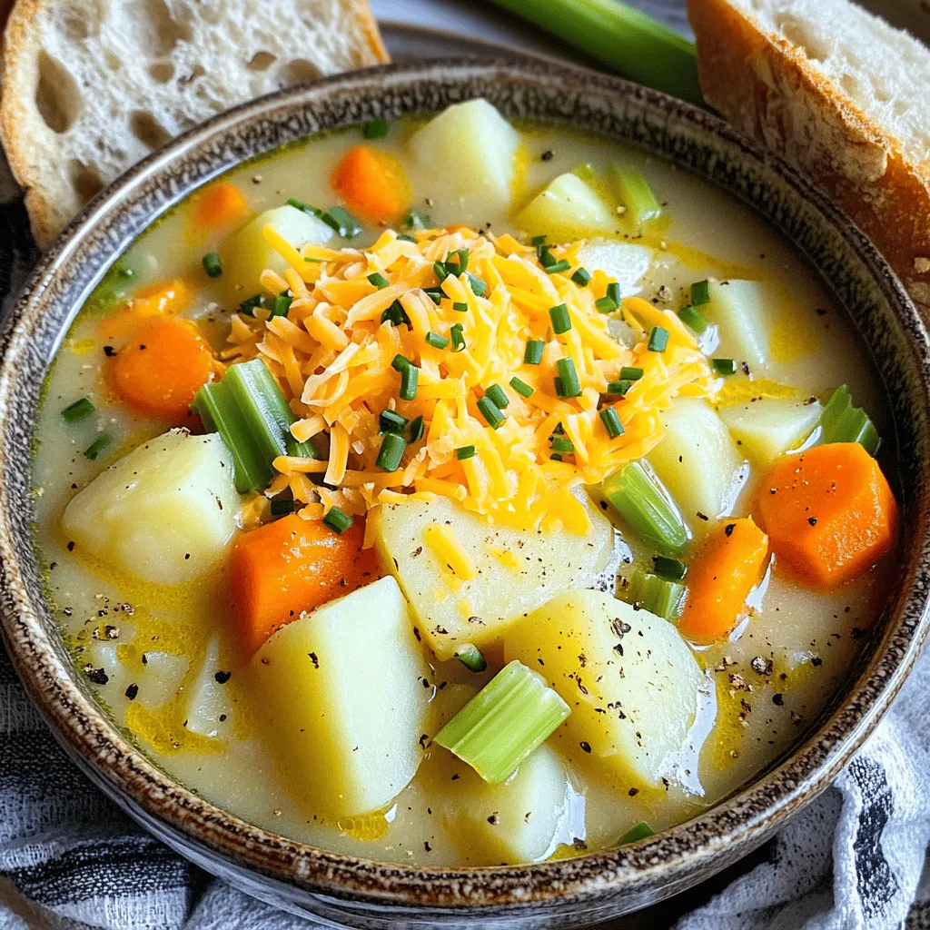 To make the best Crock Pot potato soup, gather these simple ingredients: - 6 medium russet potatoes, peeled and diced into bite-sized cubes - 1 large onion, finely chopped - 2 medium carrots, peeled and diced - 2 celery stalks, diced - 4 cups vegetable broth (homemade or store-bought) - 1 cup milk (whole, low-fat, or a non-dairy alternative such as almond or oat milk) - 1 cup shredded sharp cheddar cheese (plus additional for serving) - 2 cloves garlic, minced - 1 teaspoon dried thyme - 1 teaspoon smoked paprika - Salt and pepper, to taste - ¼ cup fresh chives, chopped (for garnish) You can swap ingredients based on what you have. For example, if you lack russet potatoes, use Yukon Gold. If you prefer a creamier soup, replace milk with heavy cream. For a vegan soup, skip the cheese and milk and try coconut milk instead. You can also use vegetable stock instead of broth for a lighter taste. Choose firm potatoes that have smooth skin. Avoid any with spots or wrinkles. For onions, look for ones that are heavy for their size. They should feel firm and not soft. When buying carrots, select bright-colored ones that are crisp. Celery should snap easily when bent. Fresh vegetables make your soup taste better. Start by peeling and dicing the potatoes into bite-sized cubes. Use six medium russet potatoes for the best flavor. Next, finely chop one large onion. Dice two medium carrots and two celery stalks. Place all these vegetables in your crock pot. Make sure they are well mixed. Now, pour in four cups of vegetable broth. This adds depth to your soup. Stir in two cloves of minced garlic, one teaspoon of dried thyme, and one teaspoon of smoked paprika. These ingredients bring out the flavors. Finally, season with salt and pepper to taste. Cover your crock pot with its lid. Set it to cook on low for about six to seven hours. If you're in a hurry, you can cook it on high for three to four hours. Check the potatoes for tenderness. They should be easily pierced with a fork. Once the cooking time is up, take a potato masher and gently mash the soup. This creates a creamy texture but leaves some chunks for a nice bite. Stir in one cup of milk and one cup of shredded cheddar cheese. Let it cook for an extra 30 minutes on low. This allows the cheese to melt and blend into the soup. Taste it and adjust the salt or pepper as needed. For the full recipe, check out the Cozy Comfort Crock Pot Potato Soup section. Enjoy your warm, creamy soup! To make your soup shine, use the right seasonings. Salt and pepper are a must. They bring out the taste of the potatoes. I love adding thyme and smoked paprika for depth. Thyme gives a fresh note, while smoked paprika adds warmth. You can also try adding a bay leaf while it cooks. Just remember to remove it before serving. Fresh herbs like chives or parsley will brighten the dish at the end. Using the right tools makes cooking easier. You need a good crock pot to cook the soup slowly. A potato masher is key for that creamy texture. I recommend a sharp knife for chopping veggies and a cutting board for safety. A ladle helps serve the soup without spilling. Keep everything handy to make the process smooth and fun. Avoid overcooking your soup. Cooking too long can turn the potatoes mushy. Check the doneness after the minimum cooking time. Another mistake is not seasoning enough. Taste your soup at the end, and adjust if needed. Lastly, don’t forget to stir in the milk and cheese at the end. This keeps the soup rich and creamy. For the full recipe, check the Cozy Comfort Crock Pot Potato Soup details. {{image_4}} Adding protein makes your soup heartier and more filling. You can use cooked bacon, shredded chicken, or even beans. If you choose bacon, cook it first and crumble it before adding. For chicken, use rotisserie chicken for ease. If you prefer beans, canned white beans work well. Stir in your choice about halfway through cooking. This way, the flavors mix nicely. You can easily make this soup dairy-free or vegan. Instead of milk, use almond or oat milk. Skip the cheese, or try a vegan cheese that melts well. You can also add nutritional yeast for a cheesy flavor without dairy. These swaps keep your soup creamy while fitting your diet. If you like a kick, add some heat! You can mix in diced jalapeños or a dash of cayenne pepper. For a smoky flavor, try adding chipotle peppers in adobo sauce. Fresh herbs like cilantro or parsley can brighten things up too. Experiment with spices like cumin or curry powder to create a unique twist. Each variation can change the whole vibe of your soup. For the full recipe and more tips, check out Cozy Comfort Crock Pot Potato Soup. After enjoying your soup, let it cool down. Then, transfer it to an airtight container. Make sure to seal it tightly to keep it fresh. Store the container in the fridge. Properly stored, your soup can last for about three to four days. When you want to eat it again, simply reheat it on the stove or in the microwave. You can also freeze leftover potato soup. Use freezer-safe containers or heavy-duty freezer bags. Leave some space at the top to allow for expansion. Your soup can freeze well for up to three months. When you’re ready to enjoy it, take it out of the freezer. Thaw it overnight in the fridge for best results. Reheat it in a pot on low heat, stirring often. You may need to add a splash of milk to restore its creamy texture. When reheating your leftovers, serve them with a fresh twist. Top each bowl with extra cheddar cheese and a sprinkle of chives. A dollop of sour cream or a drizzle of olive oil can also add great flavor. Pair the soup with crusty bread or a simple salad for a complete meal. These additions make your leftovers feel special and delicious! For the full recipe, check out the Cozy Comfort Crock Pot Potato Soup! Cooking potato soup in a crockpot takes about 6 to 7 hours on low or 3 to 4 hours on high. This slow cooking method helps the flavors blend well. The potatoes will become tender and creamy. Check the soup after the suggested times. You want the potatoes to be soft enough to mash with a fork. Yes, you can use other types of potatoes in this recipe. While russet potatoes work best for a creamy texture, Yukon Gold or red potatoes are great options too. They can add a different flavor and texture to the soup. Just make sure to cut them into similar sizes for even cooking. You can serve many things with Crock Pot Potato Soup. Here are some great options: - A slice of crusty bread or warm rolls - A simple green salad with vinaigrette - Grilled cheese sandwiches for a classic pairing - Crispy bacon bits or croutons for crunch - Fresh herbs like chives or parsley for garnish These sides will enhance your meal and make it even more comforting. For the full recipe, check out the cozy comfort Crock Pot Potato Soup. This blog post shared easy steps to make delicious Crock Pot Potato Soup. We covered key ingredients, cooking times, and how to achieve that creamy texture. I highlighted flavor tips, storage methods, and ways to vary the recipe. Remember, you can add protein, make it vegan, or turn up the heat. With these tips, you can create a tasty meal any time. Enjoy your cooking journey and share your soup success with others!