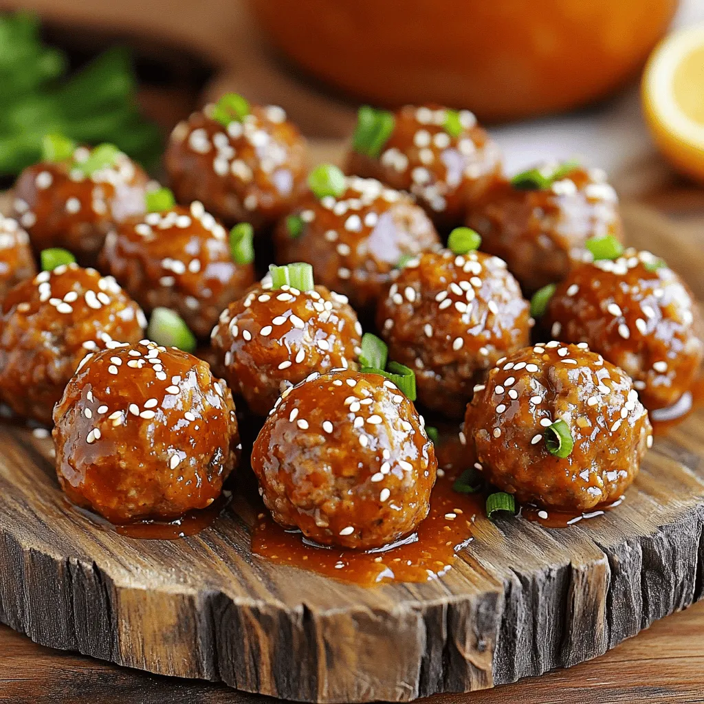 - 1 lb ground beef (or a blend of beef and pork) - 1/2 cup fresh breadcrumbs - 1/4 cup finely grated Parmesan cheese - 1/4 cup thinly sliced green onions (reserve some for garnishing) - 1 large egg, lightly beaten - 2 cloves garlic, finely minced - 1/2 teaspoon sea salt - 1/4 teaspoon freshly cracked black pepper - 1 cup sweet chili sauce - 1 tablespoon soy sauce - 1 tablespoon rice vinegar - 1 tablespoon sriracha sauce (adjust for spice preference) - Toasted sesame seeds for garnishing You can swap ground beef for ground turkey or chicken for a lighter option. If you need a gluten-free recipe, use gluten-free breadcrumbs. No Parmesan? Try Pecorino Romano or nutritional yeast for a vegan touch. For a milder flavor, reduce the sriracha or skip it entirely. You can also add chopped herbs like cilantro or parsley for freshness. Using fresh ingredients makes a big difference. Fresh breadcrumbs add better texture and taste. Fresh garlic gives a strong flavor that dried garlic can’t match. Green onions add a nice crunch and brightness. When you use fresh ingredients, you get a more vibrant dish. It is worth the extra effort to find quality items. They enhance the overall taste and enjoyment of your sweet chili crockpot meatballs. Start by gathering your ingredients. You need ground beef, fresh breadcrumbs, Parmesan cheese, and green onions. You also need a large egg, minced garlic, sea salt, and black pepper. In a big bowl, mix the ground beef with the breadcrumbs, cheese, green onions, egg, garlic, salt, and pepper. Use your hands or a spatula to combine everything. Mix until just combined; don’t overmix. Overmixing makes tough meatballs. Now, it’s time to shape the meatballs. Take small amounts of the mixture and roll them into balls about one inch wide. This size helps them cook evenly. You should make 20 to 24 meatballs, depending on how large you want them. Put them on a baking tray lined with parchment paper to keep them from sticking. Next, you need to make the sauce. In a separate bowl, whisk together sweet chili sauce, soy sauce, rice vinegar, and sriracha. Taste the sauce and adjust it if you want more spice. Prepare your crockpot by lightly spraying the bottom with cooking spray or a bit of olive oil. Place the meatballs in the crockpot. Pour the sauce over them. Make sure each meatball gets coated. Cover the crockpot. Cook on low for 4 to 5 hours or on high for 2 to 3 hours. The meatballs are done when they are cooked through and tender. Once cooked, carefully remove the meatballs using a slotted spoon. Place them on a serving platter. Drizzle extra sauce over them for more flavor. Before serving, sprinkle on some toasted sesame seeds and reserved green onions for extra color and taste. To make sure your meatballs stay tender, mix the meat gently. If you overmix, they may turn tough. I like to combine ground beef and pork for more flavor. This mix adds zest and keeps the meatballs juicy. Aim for small balls, about one inch wide. This size helps them cook evenly. The sauce makes these meatballs shine. Mix sweet chili sauce, soy sauce, rice vinegar, and sriracha in a bowl. Taste the sauce before pouring it over the meatballs. Adjust the sriracha to fit your spice level. A little more sriracha brings a nice kick! Drizzle extra sauce over the meatballs when serving for added flavor. These meatballs are great as an appetizer or a meal. Serve them warm, with rice or noodles. The rice soaks up the delicious sauce well. You can also garnish with green onions and sesame seeds for a pop of color. Pair with a fresh salad for a complete meal. These tips will help you impress your guests! {{image_4}} You can swap ground beef for other meats. Try ground turkey or chicken for a lighter option. For a richer flavor, use a mix of beef and pork. Each meat brings its unique taste. This allows you to find the perfect match for your family. If you prefer a plant-based dish, use lentils or chickpeas. You can mash them and mix with breadcrumbs and spices. Add finely chopped veggies for more texture. Use a vegan sweet chili sauce to keep it plant-friendly. This way, everyone can enjoy the meal together. Adjust the heat with sriracha in the sauce. Add more for a fiery kick or less for mild flavor. Taste the sauce before pouring it over the meatballs. You can also add red pepper flakes for extra spice. Customize it to fit your taste buds. Keep experimenting until you find the right balance. After you enjoy your sweet chili meatballs, store any leftovers in a safe way. First, let the meatballs cool down to room temperature. Next, place them in an airtight container. This helps keep them fresh. You can store them in the fridge for up to three days. If you want to save them longer, consider freezing. Freezing meatballs is easy and great for meal prep. To freeze, first arrange the meatballs on a baking sheet. Make sure they are not touching each other. Place the sheet in the freezer for about an hour. This helps them freeze individually. Once frozen, transfer the meatballs to a freezer bag. Remove as much air as possible. Label the bag with the date. They can last for up to three months in the freezer. When you're ready to eat the meatballs, reheating is simple. For the best flavor, heat them on the stove or in the oven. If using the stove, place the meatballs in a skillet with a splash of sauce. Heat on medium until warm. If using the oven, preheat it to 350°F. Place the meatballs in a baking dish with some sauce. Cover with foil and heat for about 15-20 minutes. You can also use the microwave for a quick option. Just place them in a microwave-safe dish and cover. Heat in short bursts until warm. Enjoy your delicious meatballs again! Yes, you can bake these meatballs in the oven. Preheat your oven to 400°F. After forming the meatballs, place them on a baking tray lined with parchment paper. Bake for about 20-25 minutes. Make sure they are cooked through and browned. Oven cooking gives a nice crisp outside while keeping them juicy inside. Serve them with the sweet chili sauce for the same great flavor. You can store cooked meatballs in the fridge for about 3-4 days. Place them in an airtight container. Make sure they cool down before sealing. This helps keep them fresh. If you want to enjoy them later, consider freezing them. Just remember to label your container so you know when you made them. These meatballs are great on their own, but they pair well with many sides. Here are some ideas: - Steamed rice: It absorbs the sweet chili sauce well. - Noodles: Any type of noodles adds a nice touch. - Fresh veggies: A simple salad or stir-fried veggies work great. - Skewers: Serve them on skewers for a fun appetizer. - Toasted sesame seeds: A sprinkle adds crunch and flavor. Feel free to mix and match these sides to find your favorite! We explored how to make delicious meatballs in a crockpot. You learned about key ingredients and substitutions. Fresh ingredients are vital for the best flavor. The step-by-step guide showed you how to prepare and cook meatballs with ease. Tips were shared to ensure tenderness and boost taste. Variations allow you to customize for diets or spice levels. Lastly, proper storage keeps your meatballs fresh for later. Now, you're ready to create your own delightful meatballs! Enjoy experimenting in the kitchen.