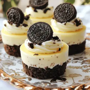 - 16 Oreo cookies, finely crushed - 2 tablespoons unsalted butter, melted - 1 (8 oz) package cream cheese, softened - 1/2 cup powdered sugar - 1 teaspoon pure vanilla extract - 1 cup heavy cream, chilled - 1/2 cup sour cream - Pinch of salt - Extra Oreo cookies for garnish To make No Bake Oreo Cheesecake Cups, you need simple yet tasty ingredients. I love using Oreo cookies for the crust. They add a rich flavor that blends well with the creamy filling. The butter helps the crumbs stick together, making a perfect base. For the filling, I use cream cheese as it gives a smooth texture. Powdered sugar adds sweetness, while vanilla extract enhances the flavor. Heavy cream is key for a light, fluffy texture. Chilling the cream keeps it perfect for whipping. Sour cream adds a slight tang that balances the sweetness. Lastly, a pinch of salt brightens the overall taste. You can use extra Oreo cookies to top each cup. It not only looks great but also adds a crunchy texture. These ingredients come together quickly, making it easy to whip up a delightful treat. - First, take 16 Oreo cookies and crush them finely. You can use a food processor or put them in a bag and crush them with a rolling pin. - Next, melt 2 tablespoons of unsalted butter. Combine the crushed cookies with the melted butter in a medium-sized mixing bowl. Stir until all crumbs are coated. - Now, take a small spoon and measure about 1.5 tablespoons of this mixture. Press it firmly into the bottom of each serving cup. Make sure it is packed well to create a solid crust. - In a large mixing bowl, beat 1 package of softened cream cheese until it is smooth. Use a hand mixer for about 2 minutes to remove any lumps. - Gradually add 1/2 cup of powdered sugar, 1 teaspoon of pure vanilla extract, and a pinch of salt. Mix on low speed until everything is well blended. - In a separate chilled bowl, whip 1 cup of heavy cream on high speed until stiff peaks form. This step should take 2-3 minutes. - Gently fold the whipped cream into the cream cheese mixture. Use a spatula and be careful to keep the mixture light and airy. - Once mixed, add in 1/2 cup of sour cream and stir until just blended. Avoid overmixing to keep the filling fluffy. - Spoon this creamy filling into each cup over the crusts. Smooth the tops with a spatula for a nice look. - Place your cups in the refrigerator to chill for at least 4 hours. For best flavor, let them sit overnight. Just before serving, add extra crushed Oreo cookies on top for a tasty garnish. To get a great crust, press firmly when you place the Oreo mixture in the cups. A compact crust holds together well. I like using a cookie scoop to get even amounts in each cup. This way, all the cups look nice and neat. Whipping the cream is key to a fluffy filling. Start with chilled cream and use high speed. Beat it until you see stiff peaks. When you mix the whipped cream into the cream cheese, use a gentle folding motion. This keeps the airy texture. Avoid stirring too hard, or the filling will lose its lightness. For serving, I love using decorative trays. Arrange the cheesecake cups nicely and add mini spoons. It makes dessert feel more special. You can also garnish with extra crushed Oreo cookies on top. For an extra touch, place a whole Oreo on each cup. It adds charm and a tasty bite. {{image_4}} You can easily change the flavor of your No Bake Oreo Cheesecake Cups. Just add different flavored extracts. Try almond or chocolate extract for a unique twist. You can also mix in other types of cookies. Chocolate chip or mint cookies work great too. These small changes make the dessert feel new and exciting. Toppings can really change the vibe of your cheesecake cups. Fresh fruits like strawberries or blueberries add a nice touch. Whipped cream is another delicious option. For a more decadent treat, pour chocolate ganache or sauce over the top. These toppings make every bite special. If you need to make dietary changes, this recipe is flexible. Use gluten-free cookies for a gluten-free option. There are also dairy-free creams available. These swaps let everyone enjoy the dessert without worry. You can still achieve great taste while meeting dietary needs. To keep your No Bake Oreo Cheesecake Cups fresh, refrigerate them right away. Use airtight containers to store any leftovers. This keeps moisture out and helps maintain the texture. I recommend placing a piece of plastic wrap directly on top of the cups before sealing the container. This extra step helps prevent the cheesecake from drying out. These cheesecake cups stay fresh for about 3 to 5 days in the fridge. Look for signs of spoilage like a sour smell or a change in texture. If the filling appears watery or the crust feels hard, it’s best to throw it away. Enjoy your sweet treat while it's at its best! Yes, you can make this recipe ahead of time. I recommend chilling the cheesecake cups for at least four hours. For the best taste, chill them overnight. This helps the flavors blend well. Plus, it makes serving easy when guests arrive. You can use light cream cheese if you want fewer calories. It will change the texture slightly. Whipped topping can replace heavy cream but will not give the same rich taste. If you choose these options, keep in mind that the flavor may be less creamy. The cheesecake cups last for about 3 to 5 days in the fridge. Store them in an airtight container to keep them fresh. Always check for any signs of spoilage before eating. If they look or smell off, it’s best to throw them away. Yes, you can freeze these cheesecake cups. To do this, cover them tightly with plastic wrap or foil. They will last about 2 months in the freezer. When you’re ready to eat them, thaw in the fridge overnight. Avoid refreezing after thawing to keep the texture nice. You now have an easy way to make no-bake Oreo cheesecake cups. We covered the ingredients, step-by-step instructions, and tips for perfect results. You learned how to vary flavors and store leftovers safely. Remember to use firm pressure for the crust and whip cream correctly for a fluffy filling. With these simple steps, you can impress anyone with your dessert skills. Enjoy making these delicious treats and let your creativity shine!