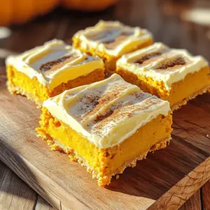 To make these delicious pumpkin bars, gather these key ingredients: - 1 cup canned pumpkin puree - 1 cup granulated sugar - 1/2 cup vegetable oil - 2 large eggs - 1 teaspoon vanilla extract - 1 1/2 cups all-purpose flour - 1 teaspoon baking powder - 1 teaspoon baking soda - 1 teaspoon ground cinnamon - 1/2 teaspoon ground nutmeg - 1/4 teaspoon ground ginger - 1/4 teaspoon salt These ingredients bring the warm flavors of fall to your kitchen. The pumpkin puree adds moisture and a slight sweetness. The spices create a cozy aroma that fills the air as they bake. Next, you will need these ingredients for the creamy frosting: - 6 oz cream cheese, softened - 1/4 cup unsalted butter, softened - 2 cups powdered sugar - 1 teaspoon vanilla extract - 1 tablespoon milk (or more for consistency) This frosting gives the bars a rich and tangy touch. The cream cheese and butter blend smoothly, creating a delightful topping. For a little extra flair, consider these optional garnishes: - Chopped nuts (like pecans or walnuts) - Mini chocolate chips - A sprinkle of cinnamon on top These add-ins can elevate the bars further. They add texture and flavor, making each bite even more enjoyable. Feel free to mix and match! Start by preheating your oven to 350°F (175°C). Take a 9x13 inch baking pan and grease it lightly. Then, line the pan with parchment paper. Make sure to leave some paper hanging over the sides. This helps you lift out the bars later. In a large bowl, mix together the canned pumpkin puree, granulated sugar, and vegetable oil. Add in two large eggs and one teaspoon of vanilla extract. Use a whisk or an electric mixer to blend these until smooth. The mixture should look creamy and well combined. In another bowl, sift together 1 1/2 cups of all-purpose flour, one teaspoon of baking powder, and one teaspoon of baking soda. Then, add one teaspoon of ground cinnamon, 1/2 teaspoon of ground nutmeg, 1/4 teaspoon of ground ginger, and 1/4 teaspoon of salt. Sifting helps remove lumps and mixes the spices evenly. Now, gently fold the dry ingredients into the wet mixture. Use a spatula or a wooden spoon. Stir just until combined. Avoid overmixing to keep the bars tender. Pour the batter into your prepared baking pan. Spread it evenly with the spatula. Place the pan in your preheated oven. Bake for 25-30 minutes. To check if they are done, insert a toothpick into the center. It should come out clean or with a few moist crumbs. While the bars cool, prepare the frosting. In a mixing bowl, combine 6 oz of softened cream cheese and 1/4 cup of softened butter. Use an electric mixer to beat these until creamy and smooth. Gradually add in 2 cups of powdered sugar and one teaspoon of vanilla extract. Start mixing on low speed, then increase the speed. If your frosting is too thick, add milk a bit at a time until it reaches your desired consistency. Once the pumpkin bars are cool, spread the cream cheese frosting evenly over the top. Use a spatula or a knife for this. After frosting, slice the bars into squares. Now, you can serve and enjoy these sweet treats! To get the best texture in your pumpkin bars, always use canned pumpkin puree. It has the right moisture and flavor. Make sure your eggs are at room temperature. This helps them mix better. Avoid overmixing the batter when you combine wet and dry ingredients. A few lumps are okay. This keeps the bars soft and tender. When baking, preheat your oven to 350°F (175°C). This ensures your bars cook evenly. Use a light-colored pan for best results. Dark pans can cause the edges to brown too quickly. Bake your bars for 25-30 minutes, but check them early. Insert a toothpick into the center. If it comes out clean or has a few moist crumbs, they are done. For the cream cheese frosting, start with softened cream cheese and butter. Beat them until creamy and smooth. Add powdered sugar slowly to avoid a mess. If your frosting is too thick, add milk, one tablespoon at a time. Mix well after each addition until you reach your desired consistency. A smooth, spreadable frosting is key for that perfect finish! {{image_4}} You can make your frosting even more special by adding pumpkin spice. Mix in a teaspoon of pumpkin pie spice for a warm, cozy flavor. You can also add a pinch of cinnamon or nutmeg for extra spice. For a sweeter touch, try a splash of maple syrup. This will give your frosting a nice fall twist. If you love a bit of crunch, add nuts to your batter. Chopped walnuts or pecans work great here. You can also add chocolate chips for a sweet surprise. Mix in about a half cup of either right before baking. This will make each bite even more delightful. If you need a gluten-free option, you can easily swap the flour. Use a 1-to-1 gluten-free baking blend instead of all-purpose flour. You can also use almond flour, but the texture may change. Just make sure to check the blend's instructions for best results. This way, everyone can enjoy these tasty treats! To keep your frosted pumpkin bars fresh, start by letting them cool completely. Once cool, cover them tightly with plastic wrap or place them in an airtight container. This step helps prevent drying out and keeps the texture soft. If you use a container, place a piece of parchment paper between the bars and the lid to avoid sticking. You can also freeze these delicious pumpkin bars. First, slice them into squares. Then, wrap each piece with plastic wrap. For extra protection, place the wrapped bars in a freezer bag or container. They can last up to three months in the freezer. When you're ready to enjoy them, simply thaw in the fridge overnight or at room temperature for a few hours. If stored properly in the fridge, frosted pumpkin bars can last for about five to seven days. Make sure to keep them covered to maintain moisture. Enjoy them as a sweet treat any time during the week! Yes, you can use fresh pumpkin! Start by roasting a pumpkin until it is soft. Once it cools, scoop out the flesh and blend it until smooth. Measure one cup of this fresh puree for your recipe. It may taste even better than canned pumpkin. Just make sure to drain any excess water for the best results. If you need a cream cheese substitute, try using Greek yogurt. It adds a nice tang and keeps the frosting creamy. You can also use mascarpone cheese for a richer flavor. For a dairy-free option, use a vegan cream cheese. Just keep in mind that the taste and texture might change slightly. To check if the pumpkin bars are done, insert a toothpick into the center. If it comes out clean or with just a few moist crumbs, they are ready. The edges will also pull away from the pan slightly. Keep an eye on them as they bake, usually between 25 to 30 minutes. Frosted pumpkin bars are simple and enjoyable to make. You now know the main ingredients, step-by-step instructions, and helpful tips. Consider adding variations like nuts or gluten-free options for extra fun. Store them properly to keep them fresh. Baking these bars can be a great way to celebrate fall flavors. With practice, you can create delicious treats every time. Enjoy your baking!
