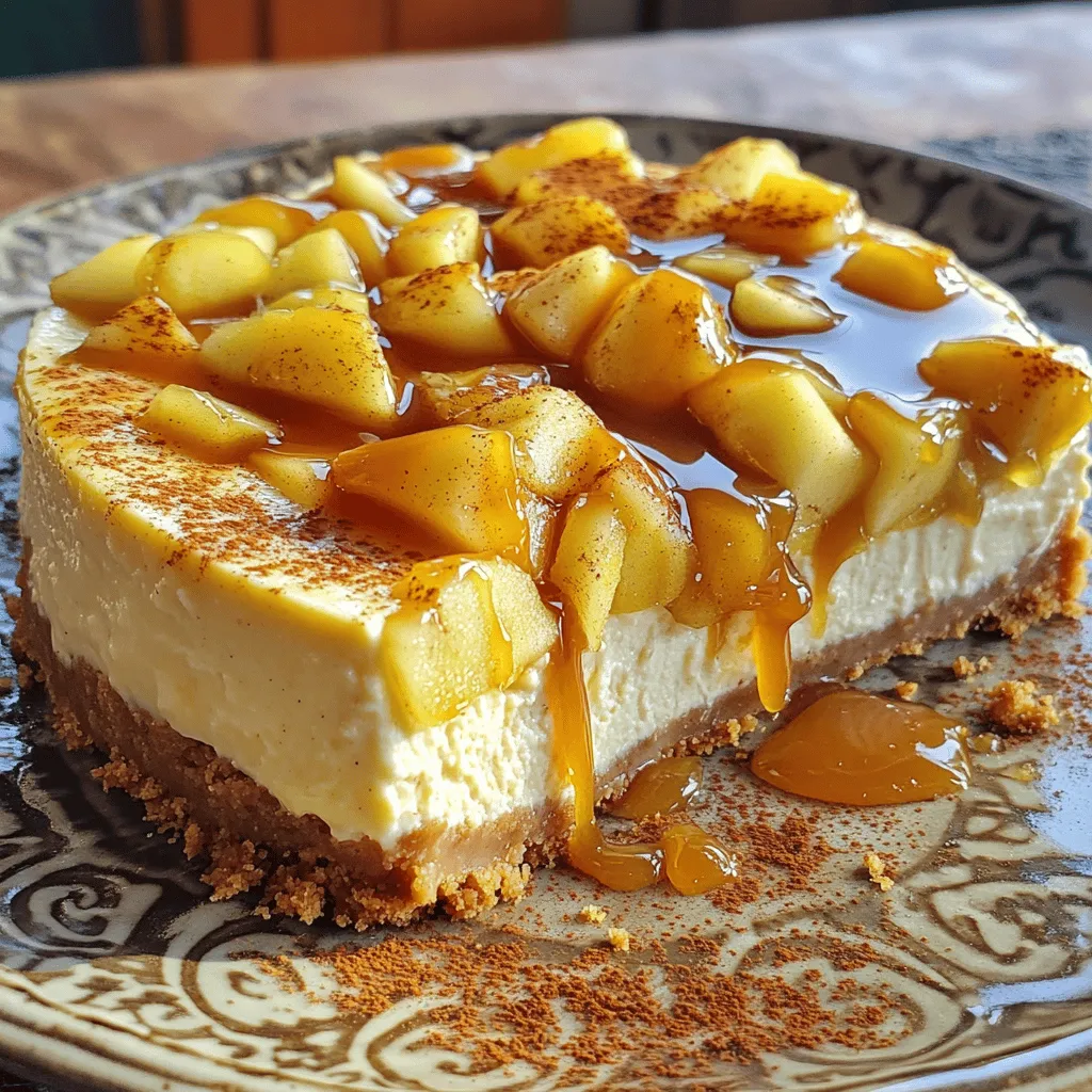 - 1 ½ cups graham cracker crumbs - ½ cup unsalted butter, melted - 2 (8 oz) packages cream cheese, softened - 1 cup granulated sugar - 1 teaspoon vanilla extract - 2 large eggs - 1 cup sour cream - 2 cups diced apples (preferably Granny Smith or Honeycrisp) - 1 teaspoon ground cinnamon - ½ cup caramel sauce (store-bought or homemade) When making this caramel apple cheesecake, gather all your ingredients first. It helps to have everything ready. This makes the process smoother and more fun. Here are the specific weights and volumes for each ingredient: - Graham cracker crumbs: 1 ½ cups - Unsalted butter: ½ cup, melted - Cream cheese: 16 oz, softened (2 packages) - Granulated sugar: 1 cup - Vanilla extract: 1 teaspoon - Eggs: 2 large - Sour cream: 1 cup - Diced apples: 2 cups - Ground cinnamon: 1 teaspoon - Caramel sauce: ½ cup If you have allergies or special tastes, here are some substitutions to consider: - Graham cracker crumbs: Use gluten-free crumbs for a gluten-free option. - Cream cheese: Try a dairy-free cream cheese if needed. - Sour cream: Substitute with Greek yogurt for a lighter option. - Granulated sugar: You can use coconut sugar or a sugar substitute. These adjustments can help you enjoy this cheesecake without worries. Make sure to measure accurately for the best results. If you want more details, check the Full Recipe for a complete guide. 1. Preheat the oven: Start by setting your oven to 325°F (160°C). This will help bake the cheesecake evenly. 2. Prepare the graham cracker crust: In a bowl, mix 1 ½ cups of graham cracker crumbs with ½ cup of melted unsalted butter. Stir until the crumbs are well coated. Press this mixture firmly into the bottom of a 9-inch springform pan. Bake for 10 minutes and let it cool slightly. 3. Mixing cream cheese filling: In a large bowl, beat 2 packages of softened cream cheese with an electric mixer. Mix until it is smooth and creamy. 4. Incorporating apples and spices: Slowly add 1 cup of granulated sugar and 1 teaspoon of vanilla extract to the cream cheese. Mix well. Add 2 large eggs one by one, mixing well after each. Finally, blend in 1 cup of sour cream until smooth. 5. Pouring into crust: In another bowl, toss 2 cups of diced apples with 1 teaspoon of ground cinnamon. Carefully fold the spiced apple mixture into the cream cheese batter. Pour this mixture over the cooled graham cracker crust. 6. Baking time and tips: Bake the cheesecake for 50-60 minutes. The center should look set but still jiggle slightly. After baking, turn off the oven and leave the cheesecake inside for 1 hour. This helps to prevent cracks. 7. Cooling process to prevent cracking: After the hour, move the cheesecake to the fridge. Chill for at least 4 hours or overnight for the best texture. Now, you can drizzle caramel sauce on top before serving. This easy caramel apple cheesecake is ready to impress! For the full recipe and more details, check out the Full Recipe. To get a smooth cheesecake, start with softened cream cheese. Cold cheese can cause lumps. Beat the cream cheese alone first. This helps it get creamy. Then add sugar slowly. Mix until it’s fluffy. For chilling, let your cheesecake cool in the oven first. This helps it set without cracking. After an hour, move it to the fridge. Chill for at least four hours. Overnight is even better. When it’s time to serve, slice the cheesecake into even pieces. Place each slice on a nice plate. Drizzle caramel sauce over the top. Add a sprinkle of cinnamon for flavor. For a pop of color, add a mint leaf to the plate. This makes it look fancy! Pair your cheesecake with hot drinks like coffee or spiced cider. They balance the sweet flavors and add warmth. One big mistake is overmixing the batter. This can add air bubbles, which can crack your cheesecake. Mix just until combined. Another mistake is baking too long or too short. If underbaked, the center will be too jiggly. If overbaked, it will crack. Aim for a slight jiggle in the center when done. Check it at 50 minutes and adjust as needed. For the full recipe, check out the complete guide. Enjoy your baking journey! {{image_4}} You can change the flavor of your caramel apple cheesecake easily. Adding nuts like walnuts or pecans can give it a nice crunch. You can sprinkle them on top or mix them into the filling. They add texture and flavor that pairs well with the creamy cheesecake. You can also switch up the fruit. Instead of apples, try adding diced pears or peaches. Both fruits bring a sweet and juicy twist. Each option creates a unique flavor that makes your cheesecake special. If you need a gluten-free crust, just use gluten-free graham cracker crumbs. They work just like regular crumbs, so you won’t miss a thing. Mix them with melted butter, and you’re all set. For a vegan cheesecake, replace cream cheese with a vegan cream cheese. Use flax eggs or applesauce instead of eggs. You can also swap sour cream for coconut cream. This way, everyone can enjoy the cheesecake! During autumn, add warm spices to your cheesecake. Try mixing in nutmeg or ginger along with cinnamon. This gives your dessert a cozy, seasonal flavor that is perfect for fall. For the holidays, consider adding crushed candy canes or a splash of eggnog. Both give a festive flair and make the cheesecake feel special. You can even top it with seasonal fruits for a bright finish. For the full recipe, check out the details above. To keep your Easy Caramel Apple Cheesecake fresh, refrigerate it right away. - Refrigerating: Wrap the cheesecake tightly with plastic wrap. This helps keep it moist. You can also place it in an airtight container. Store it in the fridge for easy access. - Freezing: If you want to freeze it, slice the cheesecake first. Then, wrap each slice in plastic wrap. Place the wrapped slices in a freezer bag or container. This makes it easy to thaw just what you need. How long will your cheesecake last in the fridge? It stays good for up to five days. Make sure to check for signs of spoilage before eating. - Signs of spoilage: Look for changes in color or texture. If you see mold or it smells off, throw it away. Do you have leftover cheesecake? Here are some great ways to enjoy it again. - Best practices: Serve it cold or let it sit out for about 15 minutes to soften. For a warm option, you can microwave a slice for about 10-15 seconds. This will make the caramel sauce gooey again. Enjoy your delicious cheesecake with a warm cup of coffee or tea! For the complete recipe, refer to the [Full Recipe]. To make a no-bake version, simply skip the baking step. Use the same ingredients for the crust and filling, but chill the cheesecake in the fridge for at least 6 hours. This lets it set without heat. The texture will be creamy and smooth, just like the baked version. Yes, you can use store-bought apple pie filling. It saves time and still gives great flavor. Just mix it into the cheesecake batter as you would with fresh apples. This will add sweetness and spice without extra work. If your cheesecake cracks, don’t worry! This can happen. To fix it, let the cheesecake cool slowly in the oven. Then, cover the cracks with caramel sauce or whipped cream. It will taste just as good, and no one will notice! Chill the cheesecake for at least 4 hours before serving. For best results, chill it overnight. This allows the flavors to meld and the texture to firm up. The longer it chills, the better it tastes! Absolutely! You can use cookie crumbs like Oreos or a nut crust. Just crush the cookies or nuts and mix them with melted butter. The crust will add a unique flavor to your cheesecake. Experiment to find your favorite! For the full recipe, check the details above. You now have a complete guide to making a caramel apple cheesecake. We covered essential ingredients, step-by-step instructions, and useful tips to avoid mistakes. You learned how to customize your cheesecake with different flavors and dietary needs. Proper storage will keep your dessert fresh longer. Now, it's time to bake and enjoy your delicious creation! Trust the process, and don’t be afraid to experiment with your own twists. Happy baking!