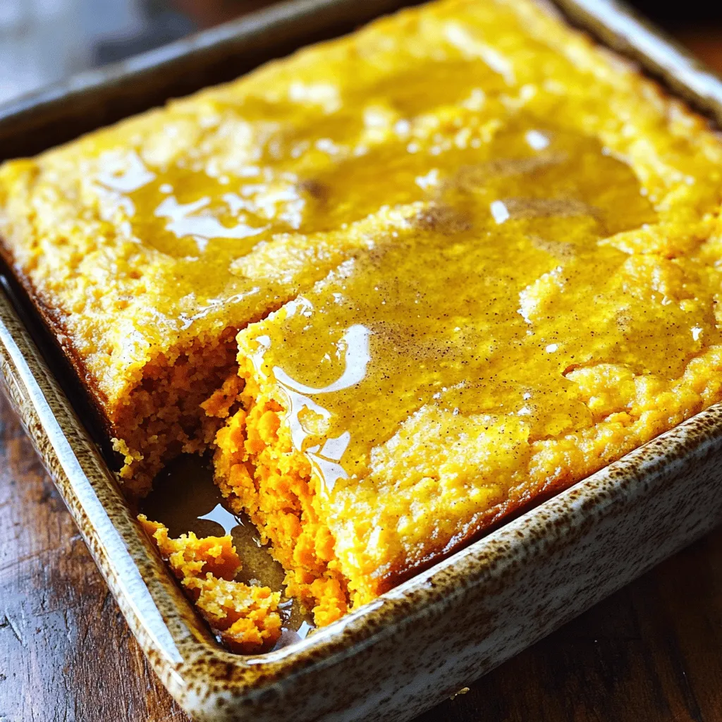 - 1 cup mashed sweet potatoes - 1 cup buttermilk - 2 large eggs - 1/4 cup unsalted butter - 1/2 cup honey - 1 1/2 cups yellow cornmeal - 1 cup all-purpose flour - 2 teaspoons baking powder - 1 teaspoon baking soda - 1 teaspoon ground cinnamon - 1/2 teaspoon sea salt - Choosing the right sweet potatoes: Look for firm, smooth sweet potatoes. Avoid any with soft spots or blemishes. The flavor of your cornbread starts here! - Importance of room temperature buttermilk: Room temperature buttermilk mixes better with the other wet ingredients. This helps create a smooth batter and ensures even baking. For the full recipe, check out the link. This simple approach to gathering your ingredients helps ensure success in your baking journey. Enjoy the process, and let the flavors shine! - Preheat your oven to 400°F (200°C). - Prepare a 9-inch square baking pan by greasing it with cooking spray or butter, or line it with parchment paper. - In a large bowl, mix the cooled mashed sweet potatoes, buttermilk, eggs, melted butter, and honey. - Whisk until the mixture is smooth and well combined. - In another bowl, blend the cornmeal, all-purpose flour, baking powder, baking soda, ground cinnamon, and sea salt. - Stir until everything is evenly mixed. - Gradually fold the dry mix into the wet mixture. - Stir gently. It's okay if the batter has a few lumps; don't over-mix! - Pour the batter into the prepared baking pan. - Spread it evenly with a spatula. - Bake for 20-25 minutes. - Check for doneness by inserting a toothpick in the center. It should come out clean. For the complete recipe, check out the [Full Recipe]. To get the perfect texture for your cornbread, focus on the mixing. Combine wet and dry ingredients gently. Leave a few lumps in the batter; this helps keep it fluffy. Over-mixing can create tough cornbread. Mix just until you see no dry flour. To add more depth, consider extra spices. Nutmeg or ginger can bring a warm twist. You might also add nuts like pecans or walnuts for crunch. For toppings, serve with honey butter or a sprinkle of cinnamon. You can also try adding a dollop of whipped cream for sweetness. Cornbread pairs well with chili or soup. It’s also great with roasted meats. For gatherings, slice the cornbread into squares. Serve warm on a beautiful platter. Top each piece with a slice of sweet potato for a colorful touch. It makes a lovely presentation that everyone will enjoy. {{image_4}} You can play with flavors in this cornbread. Try adding spices like nutmeg or ginger for a warm twist. These spices add depth and enhance the sweet potato flavor. You can also mix in cheese or jalapeños for a savory twist. Cheese will add creaminess, while jalapeños bring heat. Both options make your cornbread unique and delicious. If you need gluten-free options, use almond flour or gluten-free all-purpose flour. These flours give a great texture and flavor. For those avoiding dairy, you can swap buttermilk with almond milk and add a splash of vinegar. Use coconut oil or a dairy-free butter for a richer taste. These swaps keep your cornbread just as tasty. Get creative with how you serve cornbread. You can easily transform it into muffins for a fun twist. Bake them in a muffin tin for a portable snack. Cornbread can also shine in other recipes. Use it in stuffing or casseroles for a hearty meal. Each option showcases this cornbread’s flavor and texture, making every bite special. For the full recipe, check out the main article. To keep your Cinnamon Honey Butter Sweet Potato Cornbread fresh, store it in the fridge. Use an airtight container to prevent it from drying out. This method helps maintain its soft texture and sweet flavor. Your cornbread will stay good for about 3 to 5 days in the refrigerator. Always check for any signs of spoilage before you eat it. You can freeze cornbread for longer storage. First, let it cool completely. Then, wrap it tightly in plastic wrap. After that, place it in a freezer-safe bag or container. This helps protect it from freezer burn. It can last up to 3 months in the freezer. When you want to eat it, thaw it in the fridge overnight for best results. When it’s time to enjoy your cornbread again, you have two options: the oven or the microwave. - Oven: Preheat your oven to 350°F (175°C). Wrap the cornbread in foil to keep it moist. Heat for about 10-15 minutes, or until warm. - Microwave: Place a slice on a microwave-safe plate. Cover it with a damp paper towel. Heat for 20-30 seconds. This method is quick but may dry it out, so be careful. Using these methods, your cornbread will taste fresh and delicious every time! For the full recipe, check out the [Full Recipe]. Yes, you can use canned sweet potatoes. They save time and are easy to use. However, there are some pros and cons. Canned sweet potatoes are soft and already cooked. This means you can skip the cooking step. On the downside, they may have added sugars or preservatives. Fresh sweet potatoes offer more flavor and nutrients. They also let you control the sweetness. You can use several alternatives for buttermilk. Here are some options: - Milk with vinegar: Add 1 tablespoon of vinegar to 1 cup of milk and let it sit for 5 minutes. - Yogurt: Mix plain yogurt with a little water to thin it out. - Sour cream: Use sour cream for a rich flavor, thinned with water if needed. These substitutes work well in the cornbread, keeping it moist and tasty. To check if your cornbread is done, look for these signs: - A golden brown top that looks firm. - The edges may pull away slightly from the pan. - If you press the top gently, it should spring back. A toothpick test is great, but these signs help too! Yes, you can prepare this cornbread ahead of time. Make the batter and store it in the fridge for up to 24 hours. When you’re ready to bake, just pour it into the pan and bake as directed. If you have leftover cornbread, store it in an airtight container. It stays fresh for a few days. If you want to replace honey, there are several options: - Maple syrup: It has a nice flavor and works well in this recipe. - Agave nectar: This sweetener is mild and can easily swap with honey. - Brown sugar: Use it in equal amounts, but dissolve it in the wet ingredients first. Each alternative will change the flavor slightly, so choose what you like best! You can find the full recipe [here]. This recipe for sweet potato cornbread is a delight. We explored the essential ingredients and the step-by-step process to create it. I shared tips for perfect texture and storage methods, ensuring your cornbread stays fresh. You can even try flavor variations and dietary substitutions for your needs. Cornbread enhances many meals or stands alone as a star. Enjoy making this dish and sharing it with loved ones!