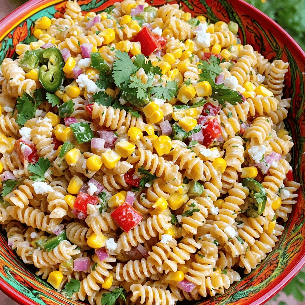 - 8 oz whole wheat pasta - 2 cups fresh corn kernels - 1 red bell pepper, diced - 1/2 red onion, finely chopped - 1 jalapeño, minced - 1/4 cup fresh cilantro, chopped - 1/2 cup creamy Greek yogurt - 2 tablespoons fresh lime juice - 1 teaspoon chili powder - Salt and pepper, to taste - Crumbled feta cheese (optional) Healthy Street Corn Pasta Salad is full of fresh flavors. The main ingredients start with whole wheat pasta, which is a great choice for added fiber. I use fresh corn kernels for sweetness. You can grill them for a smoky taste. Diced red bell pepper adds a nice crunch and beautiful color. Finely chopped red onion gives a mild bite. Minced jalapeño adds heat, but you can adjust it to your liking. Fresh cilantro brings a burst of freshness that ties everything together. The dressing is simple and creamy. I mix Greek yogurt with fresh lime juice for tang. Chili powder adds warmth and depth. Salt and pepper enhance all the flavors. If you want an extra layer of taste, crumbled feta cheese is a delicious topping. - Around 250 calories per serving - 10g protein, 8g fat, 35g carbs - Whole wheat pasta offers fiber - Fresh veggies provide vitamins and minerals This salad packs a nutritional punch. Each serving has about 250 calories, making it a healthy choice. The whole wheat pasta adds fiber, which helps digestion. Fresh corn and veggies boost your vitamin intake. The Greek yogurt dressing gives you protein and healthy fats. Overall, this dish is not only tasty but also supports your health goals. For the complete recipe, check out the Full Recipe. Start by boiling a large pot of water. Add a pinch of salt for flavor. Once the water is bubbling, toss in 8 oz of whole wheat pasta. Cook it for about 8 to 10 minutes. You want it to be al dente, meaning it should still have a slight bite. After cooking, drain the pasta and rinse it under cold water. This stops the cooking and cools it down. If you use fresh corn, grilling gives the best flavor. Preheat your grill or grill pan to medium heat. Grill the corn for around 10 minutes, turning it often. Look for a nice char on the kernels. Once done, let it cool, then slice the kernels off the cob. If you use frozen corn, just thaw it first. You can skip the grilling step, but grilling adds a tasty touch. In a large mixing bowl, combine the cooled pasta with the grilled corn kernels. Add 1 diced red bell pepper, 1/2 finely chopped red onion, 1 minced jalapeño, and 1/4 cup of chopped fresh cilantro. Mix all these ingredients gently. You want each piece to be nicely mixed without squishing anything. In a separate bowl, whisk together 1/2 cup of creamy Greek yogurt, 2 tablespoons of fresh lime juice, and 1 teaspoon of chili powder. Add a pinch of salt and pepper to taste. Whisk until the mixture is smooth and well-combined. This dressing gives the salad its creamy and zesty flavor. Now, pour the dressing over the pasta and veggies. Toss everything together gently, making sure each part is coated well. Take a moment to taste it. You can adjust the seasoning with more salt, pepper, or lime juice if needed. Finally, cover the salad bowl with plastic wrap and refrigerate for at least 30 minutes. Chilling helps the flavors mix and makes it refreshing. Find the full recipe to create this bright and delicious Healthy Street Corn Pasta Salad. To avoid mushy pasta, cook it just until al dente. This means it should be firm when you bite it. Start with a big pot of boiling, salted water. Stir the pasta often. This keeps it from sticking. Check the time on the package. Usually, 8-10 minutes is enough. After cooking, drain it and rinse with cold water. This stops the cooking process and cools the pasta quickly. For great grill marks on corn, use fresh corn on the cob. Preheat your grill to medium heat. Grill the corn for about 10 minutes. Turn it often to get even charring. The goal is to get some nice, dark marks. Once it cools, it's easy to slice the kernels off the cob. To keep your salad fresh, store it in an airtight container. This helps prevent it from drying out. The salad tastes best when chilled for at least 30 minutes. This allows all the flavors to blend well. For serving, I recommend a cool temperature. This salad is refreshing and light. If it sits out too long, it may lose its crispness. Chill it again if needed before serving. To boost the flavor, add spices or herbs. A sprinkle of cumin can add warmth. You might also try adding smoked paprika for a smoky touch. Don't forget fresh herbs! Chopped basil or parsley can brighten up the dish. For extra toppings, think about crumbled cheese like feta. It adds creaminess and tang. You can also use diced avocado for a rich texture. Sunflower seeds or pumpkin seeds give a nice crunch too. They add a fun twist to your Healthy Street Corn Pasta Salad. For the full recipe, check the main section. {{image_4}} You can easily change this salad to fit your diet. To make it vegan, swap Greek yogurt for a plant-based option. Use brands that offer creamy textures, like cashew or coconut yogurt. For gluten-free pasta, choose rice or quinoa pasta. These options keep the dish tasty while meeting your needs. Want to boost the protein? Add chickpeas or black beans. They mix well and add great texture. If you prefer meat, grilled chicken or shrimp works nicely. Just chop them up and toss them into the salad for a hearty meal. You can change the salad flavor to match your mood. For a Mexican twist, add diced avocado. It adds creaminess and richness. If you want a Mediterranean flair, toss in some olives. They bring a briny taste that contrasts well with the sweet corn. Experimenting with flavors makes this dish fun and fresh. For the full recipe, click here: [Full Recipe]. Store your Healthy Street Corn Pasta Salad in an airtight container. This keeps the salad fresh and tasty. It’s best to use a glass or plastic container with a snug lid. If you plan to eat the salad later, refrigerate it right away. This salad lasts for about 3 days in the fridge. You can freeze this salad, but some ingredients may change texture. To freeze, place the salad in a freezer-safe container. Leave space at the top, as the salad may expand. It’s best to eat it within a month. For thawing, move it to the fridge overnight. Serve it cold for the best taste. You can enjoy leftovers cold or warm them up. If you prefer warm pasta, gently heat it in a pan over low heat. Add a splash of water to help steam it. For cold leftovers, just take them out of the fridge and serve. To keep the flavor fresh, add a squeeze of lime juice before eating. Healthy Street Corn Pasta Salad lasts about 3 to 5 days in the fridge. Ensure you store it in an airtight container. This keeps it fresh and safe to eat. Yes, you can make this salad ahead of time. In fact, it tastes even better after chilling for a few hours. Just mix the ingredients and chill it before serving. If you need a substitute for Greek yogurt, try sour cream or a dairy-free yogurt. You can also use mashed avocado for creaminess. These options work well and keep the salad tasty. Yes, you can use canned corn. Just make sure to drain and rinse it first. Canned corn is convenient and saves time. Fresh corn does add a nice texture, but canned works too. To add more spice, include more jalapeños. You can also add diced serrano peppers or a dash of hot sauce. Adjust to your heat level for a perfect kick. Healthy Street Corn Pasta Salad pairs well with grilled chicken, fish, or any protein. You can also serve it with tortilla chips or fresh fruit. These sides enhance the meal and add variety. This blog post discussed a fresh and tasty Healthy Street Corn Pasta Salad. We covered key ingredients like whole wheat pasta, fresh corn, and a creamy yogurt dressing. I shared step-by-step instructions to make cooking simple. You learned tips for storing and serving, along with easy ways to vary the recipe. This salad is not only delicious but also full of nutrition. Enjoy customizing it to fit your taste. This dish is perfect for meal prep or a quick lunch. You’ll love every bite!