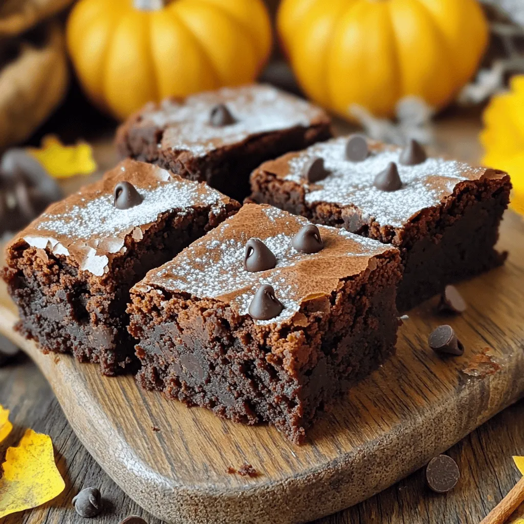 To make your pumpkin brownies, gather these items: - 1 cup canned pumpkin puree - 1/2 cup almond butter - 1/2 cup coconut sugar (or brown sugar) - 1/3 cup pure maple syrup - 2 large eggs, room temperature - 1 teaspoon pure vanilla extract - 1 cup whole wheat flour - 1/2 cup unsweetened cocoa powder - 1 teaspoon baking powder - 1 teaspoon pumpkin spice blend (or a mix of ground cinnamon, nutmeg, and ginger) - 1/2 teaspoon sea salt - 1/2 cup chocolate chips (optional but recommended) You can easily swap some ingredients if needed. If you want a nut-free option, use sunflower seed butter instead of almond butter. For a lower sugar option, try using a sugar substitute like stevia. If you can’t find pumpkin spice, make your own mix with equal parts cinnamon, nutmeg, and ginger. Pumpkin is not just tasty; it’s also healthy! It is low in calories and high in fiber. This helps keep you full and aids digestion. Pumpkin is rich in vitamins A and C, good for your skin and immune health. Plus, it has antioxidants that help reduce inflammation. So, while you enjoy these brownies, you can feel good about the pumpkin inside! First, set your oven to 350°F (175°C). This step is key for even baking. While the oven heats, grab a 9x9-inch baking pan. Grease it lightly or line it with parchment paper. This makes it easy to lift the brownies out later. In a large bowl, add the canned pumpkin puree, almond butter, and coconut sugar. Then, pour in the maple syrup. Crack in the eggs and add the vanilla extract. Use a whisk or an electric mixer to blend everything until it’s smooth. This mix brings all the flavors together. In another bowl, mix the whole wheat flour, cocoa powder, baking powder, pumpkin spice, and sea salt. Whisk them well to avoid lumps. Next, slowly add the dry mix to the wet mix. Stir gently until combined. A few lumps are fine. If you want, fold in the chocolate chips. Pour the batter into the prepared pan. Make sure it spreads evenly. Bake for 25 to 30 minutes. Check with a toothpick; it should have a few moist crumbs. After baking, cool for 10 minutes in the pan. Then, transfer to a wire rack. Once cool, slice and enjoy your pumpkin brownies! For the full recipe, see above. To get that perfect fudgy texture in your brownies, mix the wet and dry ingredients gently. Overmixing can make them tough. When you combine the flour and cocoa powder, stop mixing as soon as you see no dry spots. A few lumps are okay! This helps keep your brownies soft and fudgy. You can also use almond butter in the recipe. It adds moisture and richness. If you have leftover pumpkin brownies, store them in an airtight container. This keeps them fresh and moist. You can keep them at room temperature for up to three days. If you want to save them longer, put them in the fridge. They can last up to a week. Just make sure to let them warm up a bit before serving for the best taste. For the ultimate experience, serve your pumpkin brownies warm. You can dust them with powdered sugar or add a dollop of whipped cream on top. A sprinkle of cinnamon adds a nice touch too. These simple steps make your brownies look great and taste even better! Check out the Full Recipe for more tips and ideas. {{image_4}} You can change the flavor by adding nuts or chocolate. I like to use walnuts or pecans. They add crunch and a rich taste. You can also use milk, dark, or white chocolate chips. This gives a sweet twist. Mix in about 1/2 cup of your choice to the batter. Just fold them in gently to keep the brownies fudgy. If you want gluten-free brownies, swap the whole wheat flour. Use almond flour or a gluten-free blend. Both options work well and keep the brownies moist. Make sure to check the package for the right amount. This change makes the recipe friendly for those with gluten issues. Spices can make your brownies pop! Add a pinch of cayenne for heat or cardamom for warmth. You can also top them with cream cheese frosting or a simple glaze. A drizzle of chocolate on top looks pretty and tastes amazing. These small changes can take your pumpkin brownies to new heights. For the complete recipe, check out the Full Recipe section. To keep your pumpkin brownies fresh, store them in an airtight container. Place a layer of parchment paper between layers to avoid sticking. This simple step helps maintain their soft texture. Store the container in a cool, dry place for up to three days. If you live in a warm area, the fridge may be a better option. If you want to enjoy your brownies later, freezing is a great choice. First, allow the brownies to cool completely. Then, wrap each piece in plastic wrap. Place the wrapped brownies in a freezer-safe bag or container. They can last up to three months in the freezer. When you want to enjoy one, simply thaw it in the fridge overnight or at room temperature for a few hours. Pumpkin brownies can last for about five days at room temperature if stored correctly. However, the flavor may fade over time. To enjoy them at their best, eat them within three days. If you notice any signs of mold or off smells, it's best to throw them away. Always prioritize safety when it comes to food storage. You can find the full recipe for these tasty treats above! Yes, you can use fresh pumpkin. Just make sure to cook and puree it first. This step gives a nice, fresh taste. You will need about 1 cup of cooked pumpkin for this recipe. If you have time, roasting the pumpkin helps bring out its sweetness. The brownies are done when a toothpick comes out with a few moist crumbs. Insert the toothpick in the center of the pan. If it comes out clean, the brownies may be overbaked. Keep an eye on them as they bake. They usually take 25-30 minutes. You can use peanut butter or sunflower seed butter. Both work well and add great flavor. Just remember that each nut butter has its own taste. Choose one that you love! If you want a nut-free option, sunflower seed butter is a great choice. These pumpkin brownies are easy to make and fun to share. You learned about key ingredients, healthy benefits, and step-by-step instructions to bake them perfectly. I shared tips for a fudgy texture, storage, and tasty serving ideas. You can even explore variations, like gluten-free options or different toppings. Remember these simple methods, and you’ll have delicious brownies that impress. Enjoy your baking journey, and savor every bite!