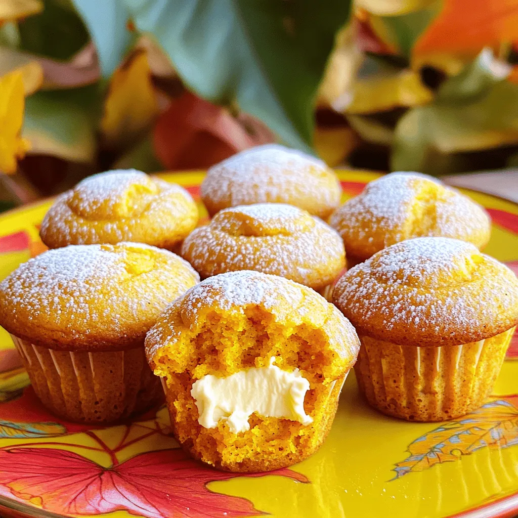 To make mini pumpkin cream cheese muffins, gather these simple ingredients: - 1 cup pumpkin puree - 1 cup all-purpose flour - 1/2 cup brown sugar - 1/4 cup granulated sugar - 1/2 cup vegetable oil - 2 large eggs - 1 teaspoon baking soda - 1/2 teaspoon baking powder - 1 teaspoon pumpkin pie spice - 1/2 teaspoon ground cinnamon - 1/4 teaspoon salt - 4 oz cream cheese, softened - 1 tablespoon pure maple syrup - 1 teaspoon vanilla extract For the best taste and texture, I recommend these brands: - Pumpkin Puree: Libby’s is a great choice for rich flavor. - Flour: King Arthur Flour offers consistent quality. - Sugar: Domino is a trusted brand for both brown and granulated sugar. - Cream Cheese: Philadelphia cream cheese has a smooth texture that works well in recipes. - Maple Syrup: Use pure maple syrup from Grade A for the best sweetness. If you have dietary needs, consider these substitutions: - Flour: Use almond or gluten-free flour for a gluten-free option. - Sugar: Coconut sugar or honey can replace brown and granulated sugar. - Eggs: Replace eggs with flaxseed meal mixed with water for a vegan option. - Dairy: Use dairy-free cream cheese for a non-dairy version. Always check for allergens like nuts or gluten when preparing these muffins. Enjoy baking! First, set your oven to 350°F (175°C). This is the perfect temperature for baking. Next, grab a mini muffin tin. You can use paper liners to line each cup or grease them lightly with oil. This stops the muffins from sticking. In a large bowl, combine the pumpkin puree, vegetable oil, brown sugar, granulated sugar, eggs, and vanilla extract. Use a whisk to mix them well. You want the mixture to be smooth. This step gives the muffins their rich flavor and moist texture. In another bowl, sift the all-purpose flour, baking soda, baking powder, pumpkin pie spice, ground cinnamon, and salt. Sifting helps mix the ingredients and keeps the muffins light. Make sure there are no lumps in the dry mix. Now, add the dry ingredients to the wet mix. Use a spatula to gently fold the two mixtures together. Be careful not to overmix. If you do, your muffins may turn out dense. You want a light and fluffy texture. In a small bowl, blend the softened cream cheese with the maple syrup and a pinch of ground cinnamon. Mix until it is creamy and smooth. This filling adds a delicious surprise inside each muffin. Spoon the pumpkin batter into each muffin cup until they are about halfway full. Then, add a small dollop of the cream cheese mixture in the center of each cup. Finally, top them off with more pumpkin batter to cover the filling completely. Place the muffin tin in the oven and bake for 12-15 minutes. To check for doneness, insert a toothpick into the center of a muffin. If it comes out clean, the muffins are ready. Once they are baked, let the muffins cool in the tin for about 5 minutes. This helps them firm up. Then, transfer them to a wire rack to cool completely. This step is important to keep them from getting soggy. When baking mini pumpkin cream cheese muffins, avoid overmixing the batter. This can make your muffins dense. Mix just until you see no dry flour. Another mistake is skipping the cooling step. Letting them cool helps the flavors develop. Lastly, don’t overfill the muffin cups. Filling them halfway allows room for the muffins to rise properly. Use fresh pumpkin puree for the best taste. If you're unsure, check for a bright orange color. For a fluffy texture, sift your dry ingredients before mixing. This helps incorporate air and ensures even rising. Also, always preheat your oven. This step ensures even cooking and a nice, golden crust. To make your muffins look extra special, dust them with powdered sugar after cooling. A light sprinkle adds charm. Consider adding a small dollop of whipped cream on the side for a treat. You can also top the muffins with chopped nuts or a drizzle of caramel. These little touches make your muffins stand out! {{image_4}} To make your mini pumpkin cream cheese muffins even better, you can add fun mix-ins! Try adding: - 1/2 cup chopped walnuts or pecans - 1/2 cup chocolate chips - 1/2 cup dried cranberries or raisins - 1/4 cup shredded coconut These add-ins give your muffins a new twist. For example, chocolate chips add sweetness, while nuts bring crunch. Mix any of these into your batter before baking. If you need gluten-free muffins, swap the all-purpose flour for a gluten-free blend. Look for one that already has baking powder and baking soda. For a vegan version, use these changes: - Replace eggs with 1/4 cup unsweetened applesauce per egg. - Use plant-based cream cheese for the filling. - Substitute vegetable oil with coconut oil or any neutral oil. These swaps keep your muffins tasty and enjoyable for everyone. Adapting your muffins for the season can be fun! In fall, add a pinch of nutmeg or allspice. In winter, try peppermint extract for a holiday twist. In spring, mix in some lemon zest for brightness. In summer, add fresh berries for a fruity touch. Changing the spices and flavors keeps your muffins exciting all year round! After you bake your mini pumpkin cream cheese muffins, let them cool completely. Place the muffins in an airtight container. Store them at room temperature for up to three days. If you want to keep them fresh longer, consider refrigerating them. Just remember to let them warm up before eating! To freeze your muffins, follow these steps: - Wrap each muffin tightly in plastic wrap. - Place the wrapped muffins in a freezer bag or container. - Label the bag with the date. These muffins can stay fresh in the freezer for up to three months. To enjoy your muffins again, you can reheat them easily: - For the microwave, place a muffin on a plate. Heat for 15-20 seconds. - For the oven, preheat to 350°F (175°C). Bake for 5-10 minutes. This way, your muffins will taste fresh and yummy! Yes, you can make these muffins ahead of time. They keep well for a few days. Store them in an airtight container at room temperature. You can also freeze them for longer storage. Mini muffins last about 3 to 5 days at room temperature. If stored in the fridge, they can last up to a week. Always check for any signs of spoilage before eating. To thaw frozen muffins, place them in the fridge overnight. For a quicker method, microwave them for a few seconds. You can also leave them at room temperature for a couple of hours. Yes, you can use fresh pumpkin. First, cook it until soft and then puree it. Make sure it is not too watery, as this can change the muffin texture. Absolutely, you can double the recipe. Just make sure to mix the wet and dry ingredients in larger bowls. Adjust baking time if needed when using larger pans. This blog post covered how to make delicious muffins using simple steps. We explored the key ingredients, recommended brands, and potential substitutes. You learned step-by-step instructions, tips to avoid common mistakes, and fun ways to personalize your muffins. We also discussed storage options to keep them fresh. When you try these muffins, enjoy the process and get creative in the kitchen. Happy baking!
