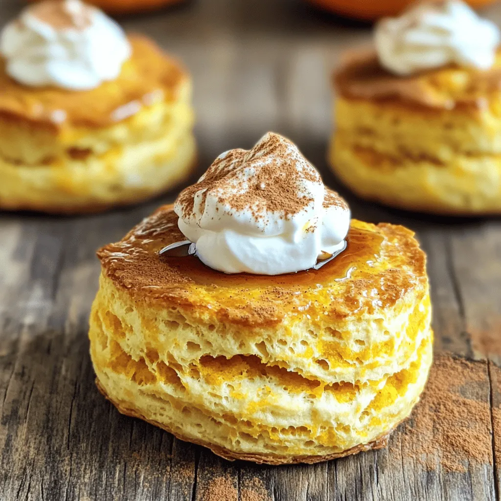 - 2 cups all-purpose flour - 1 tablespoon baking powder - 1/2 teaspoon baking soda - 1 teaspoon ground cinnamon - 1/2 teaspoon ground nutmeg - 1/4 teaspoon ground ginger - 1/2 teaspoon salt - 1/2 cup unsalted butter, cold and cubed - 1 cup canned pumpkin puree - 1/4 cup milk - 1/4 cup pure maple syrup - 1 tablespoon vanilla extract - 1/2 cup chopped pecans (optional) To make pumpkin biscuits, you need simple ingredients. First, gather all-purpose flour, baking powder, and baking soda. Add warm spices like cinnamon, nutmeg, and ginger for flavor. Salt balances the sweetness. Use cold butter for a flaky texture. Next, canned pumpkin puree adds moisture and richness. You will also need milk, pure maple syrup, and vanilla extract for sweetness and flavor. If you like, add chopped pecans for a nice crunch. With these ingredients, you are ready to create soft and fluffy pumpkin biscuits. For the complete recipe, see the Full Recipe. First, preheat your oven to 425°F (220°C). This helps the biscuits rise nicely. Then, line a baking sheet with parchment paper. This step makes cleanup easy and prevents sticking. In a large bowl, combine the following dry ingredients: - 2 cups all-purpose flour - 1 tablespoon baking powder - 1/2 teaspoon baking soda - 1 teaspoon ground cinnamon - 1/2 teaspoon ground nutmeg - 1/4 teaspoon ground ginger - 1/2 teaspoon salt Whisk these ingredients well. Make sure they are evenly mixed for a good rise. Next, add cold, cubed unsalted butter to your flour mix. Use a pastry cutter or your fingers to work the butter in. You want it to look like coarse crumbs with some small butter pieces still visible. This will help keep your biscuits light and fluffy. In a separate bowl, blend together: - 1 cup canned pumpkin puree - 1/4 cup milk - 1/4 cup pure maple syrup - 1 tablespoon vanilla extract Stir these until smooth. This mix adds flavor and moisture to your biscuits. Gently pour the pumpkin mixture into the dry ingredients. Use a spatula to fold the two together. Be careful not to overmix. You want just combined dough for a soft texture. If you like pecans, add 1/2 cup chopped pecans here for a nice crunch. Turn the dough out onto a floured surface. Knead it lightly, about 3-4 times, to bring it together. Flatten it to about 1 inch thick. Use a biscuit cutter or floured glass to cut out biscuits. Place them on the prepared baking sheet. Gather any scraps, re-roll, and cut out more biscuits. Now, bake your biscuits in the oven for 12-15 minutes. They should turn golden brown on top. Once done, remove them and let them cool for a few minutes. Enjoy your delicious pumpkin biscuits warm! For the full recipe, check the earlier section. To get soft and fluffy biscuits, cold butter is key. It helps create layers. When you mix, do it gently. Overmixing makes biscuits tough. You want small bits of butter in the dough. This creates steam when baking, making them rise beautifully. You can boost the flavor of your pumpkin biscuits with spices. Try adding ground cloves or allspice for warmth. You can also mix in chopped pecans for crunch. They add a lovely texture and taste. Another option is to fold in some grated cheese for a savory twist. Serve your biscuits warm for the best taste. Top them with whipped cream or a drizzle of maple syrup. A sprinkle of cinnamon on top adds extra flavor and charm. You can also enjoy them with a side of apple butter or cream cheese for a delightful treat. {{image_4}} You can change the spices in your pumpkin biscuits to create new flavors. Try adding clove or allspice for a warm twist. These spices give depth to the biscuits. They enhance the pumpkin taste too. You can mix and match spices to find your favorite blend. A little extra cinnamon can also be a great touch. Just a pinch can make a big difference. If you want a savory option, add cheese and herbs. Cheddar cheese pairs well with pumpkin. It adds a nice flavor and makes the biscuits extra rich. You could also use herbs like rosemary or thyme. These herbs give a fresh taste. Just mix them into the dough for a delightful surprise. For a sweeter treat, think about adding chocolate chips or dried fruits. Chocolate chips bring a rich sweetness that kids love. Dried fruits like cranberries or raisins can add chewiness. They also pair nicely with pumpkin. You can even mix both for a fun flavor explosion. These sweet variations can turn your biscuits into a dessert. To keep your leftover biscuits fresh, let them cool first. Place them in an airtight container. You can also wrap them in plastic wrap or foil. Store the container at room temperature. This way, they stay soft and fluffy. Avoid placing them in the fridge, as that can make them dry. If you want to freeze your biscuits, cool them completely. Then, wrap each biscuit in plastic wrap. Place the wrapped biscuits in a freezer bag. Remove as much air as possible. They can last up to three months in the freezer. To reheat, take them out and let them thaw at room temperature. Heat them in the oven at 350°F (175°C) for about 10 minutes. These pumpkin biscuits can last up to two days at room temperature. After that, they may start to lose their texture and taste. To keep them nice, check for any signs of mold or dryness before eating. If they look or smell off, it's best to toss them. Enjoy your biscuits fresh for the best flavor! You can use plant-based substitutes. For butter, opt for coconut oil or vegan butter. Use almond milk or oat milk instead of regular milk. These swaps work well and keep the biscuits soft. Yes, you can prepare the dough a day in advance. Wrap it tightly in plastic wrap and store it in the fridge. When ready, cut and bake them fresh. This keeps them fluffy and warm. These biscuits pair great with many options. Try them with honey or maple syrup. You can also serve them with whipped cream or cream cheese. They make a tasty breakfast or dessert treat. Look for a golden brown color on top. The biscuits should feel firm to the touch. You can also insert a toothpick into the center. If it comes out clean, they are ready. You now have a clear plan for making delicious pumpkin biscuits. We covered all the key steps, from mixing dry and wet ingredients to baking perfectly golden biscuits. Remember to use cold butter for the best texture. Feel free to try variations with spices or sweet additions. Store leftovers properly to enjoy them later. With these tips, your pumpkin biscuits will impress everyone. Enjoy the baking and the tasty treats!