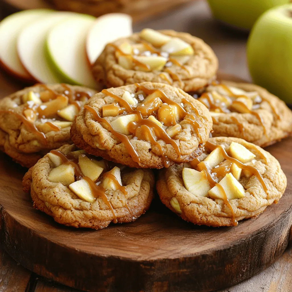 To make these tasty caramel apple cookies, gather the following ingredients: - 1 cup unsalted butter, softened to room temperature - 1 cup packed brown sugar - 1/2 cup granulated sugar - 2 large eggs, at room temperature - 1 teaspoon pure vanilla extract - 2 1/2 cups all-purpose flour - 1 teaspoon baking soda - 1/2 teaspoon sea salt - 1 teaspoon ground cinnamon - 1 cup peeled and diced apples (preferably Granny Smith for tartness) - 1/2 cup caramel bits or finely chopped soft caramel candy - 1/2 cup chopped walnuts or pecans (optional for a nutty crunch) Each ingredient plays a key role in the cookie's flavor and texture. Here are some notes: - Butter: Use unsalted butter for better control over salt levels. If you only have salted butter, reduce salt slightly. - Sugars: Brown sugar gives moisture and a rich taste. You can use all granulated sugar if needed, but it will change the texture. - Eggs: Room temperature eggs mix better, helping the batter become smooth. - Flour: Stick with all-purpose flour for a nice chew. Avoid cake flour as it makes cookies too soft. - Apples: Granny Smith apples add a lovely tartness. Honeycrisp or Fuji are also great choices if you want sweetness. - Caramel Bits: You could use chocolate chips as a fun twist. Just keep in mind, the flavor will change. - Nuts: Nuts add crunch. If you prefer, skip them for a softer bite. When picking apples, it’s key to choose the right kind. Here are my top picks: - Granny Smith: Tart and firm, these apples hold well in baking. - Honeycrisp: Sweet and crunchy, they add a nice flavor to cookies. - Fuji: These are sweet and juicy, making cookies extra delicious. - Braeburn: They offer a balance of sweet and tart, perfect for cookies. Using the right apples ensures your caramel apple cookies are full of flavor. For the full recipe, check the earlier sections. To start, gather your ingredients. You need butter, sugars, eggs, and spices. First, preheat your oven to 350°F (175°C). Line two baking sheets with parchment paper. This helps prevent sticking. In a large bowl, mix the softened butter, brown sugar, and granulated sugar. Beat them together until the mixture looks light and fluffy. This should take about 2-3 minutes. Next, add the eggs one at a time. Mix well after each egg goes in. After that, pour in the vanilla extract and blend until smooth. In another bowl, whisk together flour, baking soda, salt, and cinnamon. Slowly add this dry mix to your wet ingredients. Stir gently until just combined. Don’t overmix; this keeps the cookies soft. Now, fold in the diced apples and caramel bits. If you want a nutty crunch, add chopped walnuts or pecans. Make sure everything is well mixed. You can check that by looking at the dough. It should be thick and sticky. Using a cookie scoop or a tablespoon, place mounds of dough on the baking sheets. Space them about 2 inches apart. This space allows them to spread without sticking together. Bake the cookies in your preheated oven for 10-12 minutes. They should have lightly golden edges but soft centers. Keep a close eye on them. You want them set but still soft to touch. Once baked, take them out and let them sit on the sheets for about 5 minutes. This helps them firm up a bit. After that, move the cookies to a wire rack to cool completely. For the best taste, let the cookies cool completely on the rack. This allows their flavors to settle. To serve, arrange the cookies on a nice plate. A drizzle of caramel sauce on top adds a special touch. You can also sprinkle a little sea salt for extra flavor. Consider serving slices of fresh apple on the side. They add a nice crunch and balance the sweet cookies. For the full recipe, check the earlier section. To get that soft and chewy texture, use room-temperature butter. This helps create a smooth dough. Avoid overmixing when combining the dry and wet ingredients. Mixing too much can lead to tough cookies. Keep an eye on the baking time; cookies should be golden at the edges but soft in the middle. One common mistake is not measuring ingredients accurately. Use measuring cups and spoons for best results. Another mistake is using cold butter, which makes dough hard. Ensure your apples are diced small so they cook evenly in the cookies. Lastly, don’t skip the cooling time. Letting cookies cool helps them set and improves their flavor. You can add a pinch of nutmeg for warmth. Try using different types of apples for a unique taste. Substitute caramel bits with chocolate chips for a twist. To add more crunch, toss in some oats. If you like a nutty flavor, walnuts or pecans work well. For a fun touch, drizzle melted chocolate on top after they cool. For the full recipe, check out the complete guide to making these delicious treats! {{image_4}} You can change the nut content in your caramel apple cookies. If you love nuts, try walnuts or pecans. They add a nice crunch and flavor. If you prefer no nuts, that's fine too! Just leave them out and enjoy the soft texture. The cookies will still taste great and be full of apple and caramel goodness. Want to make these cookies gluten-free? Swap out the all-purpose flour for a gluten-free blend. Many blends work well, but look for one that contains xanthan gum. This helps to mimic the texture of regular flour. Your cookies will still be soft and chewy, with all the delicious flavors intact. Get creative with flavors! You can add spices like nutmeg or ginger for a warm twist. Consider mixing in chocolate chips for a sweet addition. Dried fruit, like cranberries or cherries, can also enhance the flavor. Each variation will give you a fun new cookie to enjoy. Check out the Full Recipe to see how these changes affect the cooking steps! To keep your caramel apple cookies fresh, place them in an airtight container. This will help keep them soft and chewy. You can stack them in layers with parchment paper in between. This prevents them from sticking together. Store the container at room temperature for up to one week. If you want to save cookies for later, freezing is a great option. First, let the cookies cool completely. Then, place them in a single layer on a baking sheet. Freeze them for about an hour. Once firm, move the cookies to a freezer-safe bag. Remove as much air as possible before sealing. You can freeze them for up to three months. To maintain freshness, avoid exposing your cookies to air. Keep them in a cool, dry place. If you live in a humid area, consider adding a slice of bread to the container. This helps absorb moisture and keeps cookies soft. For the best taste, enjoy your caramel apple cookies within the first few days after baking. For the full recipe, check out the detailed steps above. To keep your cookies soft and chewy, use more brown sugar. Brown sugar has molasses, which adds moisture. Also, avoid overbaking them. Pull them from the oven when the edges are golden, but the centers look soft. Let them cool on the baking sheet for a few minutes. This helps them stay chewy. Yes, you can use salted butter. Just cut back on the added salt in the recipe. Salted butter adds flavor, but it can change the taste. If you prefer a sweeter cookie, stick with unsalted butter. It gives a more balanced flavor. Leftover caramel bits are great for many treats! You can melt them for drizzling over ice cream. They also work well in brownies or as toppings for popcorn. Try mixing them into pancake batter for sweet breakfast treats. Use your creativity! Check your cookies at the 10-minute mark. The edges should be golden brown, while the centers remain soft. If they look shiny, give them another minute. They will firm up as they cool. Keep an eye on them to avoid overbaking. Happy baking! Caramel apple cookies combine sweet caramel and tart apples. We explored key ingredients, helpful tips, and variations to suit your taste. By using the right apples and following the steps, you’ll bake perfect cookies every time. Remember, achieving the right texture is crucial for excellent results. Don't forget to store extras properly to keep them fresh. I hope these tips inspire your baking journey and delight your friends and family. Enjoy the sweet moments you create with every batch!