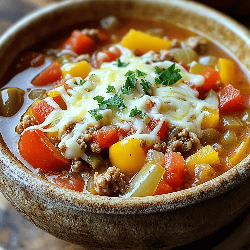 - Ground turkey or beef options: You can use either ground turkey or beef for this soup. Both add rich flavor. I often choose turkey for a lighter dish, but beef gives a hearty taste. - Types of bell peppers to use: I like to use large bell peppers in various colors. Green, red, yellow, or orange all work well. Each type adds its own unique taste and sweetness to the soup. - Suggested cheese varieties: For cheese, I recommend cheddar or mozzarella. Cheddar gives a sharp flavor, while mozzarella melts nicely. You can even mix both for a delightful blend! These ingredients come together to create a warm, filling dish that feels like a hug in a bowl. Start by heating a large pot over medium heat. Add 1 pound of ground turkey or beef. Cook it for about 5 to 7 minutes. Use a spoon to break the meat into small pieces as it cooks. When the meat is brown, drain any extra fat from the pot. This step makes your soup lighter and tastier. Next, add a small onion, finely diced, and 2 minced garlic cloves to the pot. Sauté for 3 to 4 minutes. You want the onion to turn soft and clear. This brings out the sweet flavor of the onion. The garlic will add a nice aroma to your soup, making it more inviting. Once the onions and garlic are ready, stir in 4 large diced bell peppers. You can use any color you like. Cook these for another 5 minutes. This softens the peppers a bit, adding flavor to the mix. After that, pour in 1 can of undrained diced tomatoes and 4 cups of vegetable broth. Stir everything together until well mixed. Now it’s time to make the soup rich in flavor. Add 1 cup of cooked rice, 1 tablespoon of Italian seasoning, and 1 teaspoon of smoked paprika. Season with salt and freshly ground black pepper to taste. Bring the soup to a gentle boil. Once it starts bubbling, reduce the heat to low. Let it simmer for about 20 minutes. This allows all the flavors to blend nicely. In the last few minutes, stir in half of the 1 cup of shredded cheese until it melts. This makes your soup creamy and delicious. Taste it and adjust the seasoning if needed. Serve it hot, topped with the rest of the cheese and a sprinkle of chopped parsley for a pop of color. Enjoy your hearty stuffed bell pepper soup! To make your stuffed bell pepper soup taste great, use fresh herbs. I love adding basil or oregano for a nice boost. You can also try using different types of cheese. Cheddar or mozzarella both melt well and add flavor. For a smoky touch, use smoked paprika. It brings a nice depth to the soup. If you want a thicker soup, let it simmer longer. This helps the flavors blend better. Start with the 20 minutes in the recipe, then taste it. If you want it thicker, keep it on low heat for an extra 10 minutes. If your soup seems too thick, add a little more broth. You can change some ingredients based on your needs. For a lower-calorie option, use lean ground turkey. If you prefer beef, go for lean ground beef. For a vegetarian soup, swap the meat for more veggies or beans. Quinoa can replace rice if you want a gluten-free option. Feel free to experiment! {{image_4}} You can easily make this soup vegetarian or vegan. Instead of meat, use lentils or beans. Both add protein and a great texture. You can use black beans, kidney beans, or chickpeas. Replace the broth with vegetable broth for a vegan option. For a creamy touch, add some coconut milk. This adds richness without any dairy. Feel free to toss in more veggies! Carrots, zucchini, and corn blend well in this soup. You can also use spinach or kale for some greens. Just chop them up and add them to the pot when you cook the bell peppers. The more veggies, the more nutrients and flavor! To spice things up, add some heat! You can use diced jalapeños or a splash of hot sauce. Another option is to sprinkle in some red pepper flakes. If you like it really hot, try using a spicy sausage instead of turkey or beef. Adjust the spice to fit your taste. Enjoy the warmth with every spoonful! To store your stuffed bell pepper soup, let it cool first. Use an airtight container. This helps keep the flavors fresh. Place the soup in the fridge if you plan to eat it within three days. For longer storage, freezing is a great option. When you're ready to reheat, pour the soup into a pot. Heat it on medium until warm. Stir often to avoid sticking. You can also use a microwave. Heat it in a microwave-safe bowl for about 2-3 minutes. Stop to stir halfway through to ensure even heating. If you want to freeze the soup, use freezer-safe containers. Leave some space at the top for expansion. The soup can last up to three months in the freezer. When you're ready to eat it, thaw it in the fridge overnight. Reheat as mentioned before for the best taste. Yes, you can make this soup ahead of time. It tastes even better the next day. To do this, prepare the soup as directed and let it cool. Store it in an airtight container in the fridge. This soup stays fresh for about three to four days. When you’re ready to eat, just reheat it on the stove or in the microwave. This soup pairs well with many sides. Try serving it with crusty bread for dipping. A fresh salad also works well to balance the meal. You can even serve it with a side of garlic bread for extra flavor. If you like cheese, sprinkle some on top for a tasty finish. To make this soup healthier, you can use lean ground turkey or chicken instead of beef. You can also add more vegetables, like zucchini or spinach, for extra nutrients. Using brown rice instead of white rice adds fiber. Lastly, you can cut the cheese in half or use a low-fat option for fewer calories. Stuffed Bell Pepper Soup is easy to make and full of flavor. We explored key ingredients like ground turkey, bell peppers, and various cheeses. I shared simple steps to prepare and cook the soup. Tips for flavor and adjustments ensure your dish meets everyone’s tastes. Finally, try out variations for different diets, store leftovers properly, and reheating tips help for later meals. With these ideas, you can create a delicious and healthy soup that suits your needs. Enjoy cooking and share it with others!