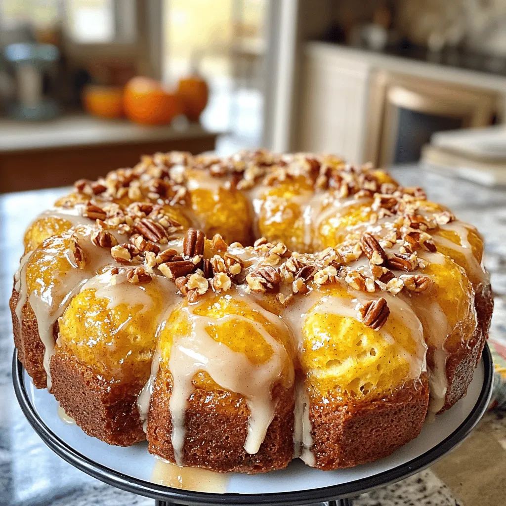 To make pumpkin spice monkey bread, you need the following items: - 2 cans of refrigerator biscuits (16 oz each) - 1 cup pumpkin puree - 1 cup packed brown sugar - 2 teaspoons pumpkin pie spice - 1/2 teaspoon ground cinnamon - 1/2 cup unsalted butter, melted - 1/4 cup granulated sugar - 1/2 cup chopped pecans or walnuts (optional) - Cream cheese icing (optional, for drizzling) Measuring is key for this recipe. You need: - 2 cans of refrigerator biscuits (16 oz each) - 1 cup of pumpkin puree - 1 cup of packed brown sugar - 2 teaspoons of pumpkin pie spice - 1/2 teaspoon of ground cinnamon - 1/2 cup of unsalted butter, melted - 1/4 cup of granulated sugar - 1/2 cup of chopped pecans or walnuts (optional) - Cream cheese icing for drizzling (optional) You can change this recipe to fit your taste. Here are some ideas: - Use different nuts like almonds or hazelnuts. - Swap the pumpkin puree for apple or sweet potato puree. - Add chocolate chips for a sweet twist. - Make it vegan by using dairy-free butter and no cream cheese icing. - Try cinnamon sugar instead of the pumpkin spice. These options let you customize your pumpkin spice monkey bread to your liking! Check the Full Recipe for steps on how to put it all together. 1. Preheat and Prepare: Start by preheating your oven to 350°F (175°C). Lightly grease a bundt pan with cooking spray or butter. This helps the monkey bread come out easily after baking. 2. Mix Sugars and Spices: In a medium bowl, combine 1 cup of packed brown sugar, 2 teaspoons of pumpkin pie spice, and 1/2 teaspoon of ground cinnamon. Whisk them together until mixed well. Set this bowl aside. 3. Prepare the Biscuits: Open the cans of refrigerated biscuits. Using a sharp knife, cut each biscuit into quarters. This creates bite-sized pieces that will soak up all the flavors. 4. Coat the Biscuits: In another bowl, toss the biscuit quarters with 1/4 cup of granulated sugar and half of your brown sugar-spice mix. Make sure each piece is coated evenly for the best taste. 5. Layer the Biscuit Pieces: Place half of the coated biscuit pieces at the bottom of your greased bundt pan. This forms a nice base. If you like, sprinkle half of the chopped pecans or walnuts over this first layer. 6. Add Pumpkin Layer: Spoon the pumpkin puree gently over the biscuit pieces. Spread it out lightly to keep the layer intact. 7. Complete the Layers: Add the rest of the biscuit pieces on top of the pumpkin layer. Then, sprinkle the remaining brown sugar-spice mix and any leftover nuts if you are using them. 8. Drizzle with Butter: Pour the melted butter evenly over the entire mixture in the bundt pan. This adds moisture and flavor. 9. Bake: Place the bundt pan in your preheated oven. Bake for 30 to 35 minutes. The monkey bread should turn golden brown. To check if it’s done, insert a toothpick into the center. It should come out clean. 10. Cool and Serve: After baking, let the monkey bread cool in the pan for about 10 minutes. Then, carefully flip the bundt pan onto a serving plate to release the bread. For a sweet touch, drizzle cream cheese icing over the warm monkey bread. Serve it hot for the best taste and soft, gooey texture. Enjoy this cozy fall treat! One big mistake is not greasing the bundt pan well. This can cause the bread to stick. Another issue is overbaking. Keep an eye on the time. Check for doneness early, as ovens vary. Also, don’t skip the sugar coating. This adds flavor and sweetness. For a soft and gooey texture, coat each biscuit piece well with the sugar mixture. This helps create that lovely caramelized crust. Layer the biscuit pieces loosely in the pan. This allows the heat to flow and bake them evenly. You want each piece to rise and stay soft. To boost flavor, try adding a pinch of nutmeg or ginger. These spices pair well with pumpkin. You can also mix in chocolate chips for a sweet twist. If you love nuts, use walnuts or pecans for crunch. Drizzling cream cheese icing on top adds a rich sweetness, too. For the full recipe, check out the details above. {{image_4}} You can switch up the spices in your pumpkin spice monkey bread. Try using apple pie spice for a fruity twist. You can also mix in a bit of nutmeg or allspice for a warm flavor. If you love ginger, add some ground ginger for a zesty kick. Play with the spices to find your favorite blend. Add fruits or nuts to your monkey bread for extra texture. Chopped apples or pears can bring fresh sweetness. You might choose dried cranberries or raisins for a chewy bite. For nuts, walnuts and pecans work great. They add crunch and richness. You can even sprinkle in some chocolate chips for a sweet surprise. You can make this recipe vegan by using dairy-free butter and non-dairy milk. For the biscuits, look for vegan brands or make your own with flour, baking powder, and plant-based milk. If you need it gluten-free, choose gluten-free biscuit dough or make your own with gluten-free flour. This way, everyone can enjoy pumpkin spice monkey bread. For the Full Recipe, check out the detailed steps to make this cozy fall treat! After enjoying your pumpkin spice monkey bread, store any leftovers in an airtight container. This keeps the bread fresh and moist. You can place it at room temperature for one day. For longer storage, move it to the fridge. It will stay good there for about three days. To enjoy your monkey bread warm again, preheat your oven to 350°F (175°C). Place the leftover pieces in a baking dish. Cover them with foil to prevent drying out. Heat for about 10 to 15 minutes. You can also microwave individual pieces for about 20 to 30 seconds. Just make sure not to overheat, or they might get tough. If you want to save some for later, freezing is a great option. Wrap the monkey bread tightly in plastic wrap, then place it in a freezer bag. It can last up to three months in the freezer. To eat, thaw it in the fridge overnight. Reheat it in the oven or microwave to bring back that cozy warmth. For the full recipe, check out the details above! Pumpkin spice monkey bread stays fresh for about 2 to 3 days when stored properly. To keep it tasty, wrap it tightly in plastic wrap or place it in an airtight container. You can also store it in the fridge for up to 5 days. Just remember, it tastes best when fresh! Yes, you can use homemade biscuits instead of refrigerated ones. Just make sure they are soft and fluffy. Homemade biscuits may add a nice touch of flavor and freshness. If you go this route, prepare your dough and cut it into pieces like the refrigerated biscuits. Pumpkin spice monkey bread pairs well with warm drinks. Serve it with coffee, tea, or hot cider for a cozy treat. You can also drizzle cream cheese icing on top for extra sweetness. Fresh fruits like apples or pears make a great side too. Enjoy this treat any time you want a warm, comforting dessert! In this post, we covered every part of making pumpkin spice monkey bread. We listed essential ingredients and measurements, along with optional changes. You learned the steps to prepare, bake, cool, and serve your dish. We highlighted common mistakes and shared tips for a great texture and flavor. You also saw fun variations and how to store leftovers. I hope these insights help you create a delicious treat. Enjoy your baking journey!