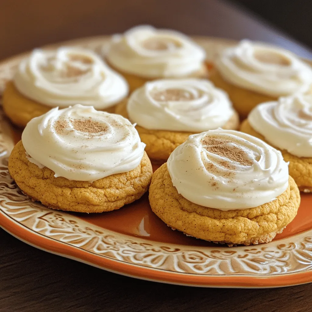 - 1 cup pumpkin puree - 1/2 cup unsalted butter - 1 cup brown sugar - 1/2 cup granulated sugar - 1 large egg - 1 teaspoon pure vanilla extract - 2 cups all-purpose flour - 1 teaspoon baking powder - 1 teaspoon baking soda - 1 teaspoon ground cinnamon - 1/2 teaspoon ground nutmeg - 1/2 teaspoon salt I love using pumpkin puree for these cookies. It adds a rich flavor and keeps them soft. The butter gives them a nice texture, while the sugars add sweetness. I always choose brown sugar for a deeper taste, and granulated sugar for balance. Using just one egg helps bind everything. Vanilla extract adds warmth, making the cookies taste even better. The flour is the base, holding everything together. The baking powder and baking soda help the cookies rise. Spices like cinnamon and nutmeg enhance the flavor, making them feel cozy. Salt is key too; it brings out all the other tastes. - 4 oz cream cheese - 1/4 cup unsalted butter - 2 cups powdered sugar - 1 teaspoon pure vanilla extract - A pinch of salt For the cream cheese frosting, I mix soft cream cheese and butter. This combo creates a smooth and creamy texture. I add powdered sugar for sweetness, and it gives the frosting a fluffy feel. Vanilla extract enhances the flavor, while a pinch of salt balances the sweetness. You can find the Full Recipe to see how to put it all together! - Preheating the oven to 350°F (175°C): Start by turning on your oven. This step is crucial. It ensures that your cookies bake evenly. - Creaming together butter and sugars: In a large bowl, mix softened butter with brown and granulated sugar. Use a hand mixer or stand mixer. Beat until the mix is light and fluffy. This should take about 3-5 minutes. - Adding pumpkin puree, egg, and vanilla: Next, add the pumpkin puree, one egg, and vanilla extract to the butter mixture. Mix on low speed until everything blends smoothly. - Whisking together flour, baking powder, baking soda, spices, and salt: In a separate bowl, whisk together flour, baking powder, baking soda, ground cinnamon, ground nutmeg, and salt. This helps mix the dry ingredients well. - Gradually mixing dry ingredients into the pumpkin mixture: Take your dry mix and add it to the pumpkin mixture slowly. Stir gently with a spatula. Be careful not to overmix; this keeps your cookies soft. - Scoop and drop cookie dough onto baking sheet: Use a tablespoon or cookie scoop. Drop generous amounts of dough onto a lined baking sheet. Make sure to leave space between the cookies. They will spread while baking. - Baking time and checking for doneness: Place the baking sheet in the oven. Bake for 12-15 minutes. The cookies should be set around the edges and slightly cracked on top. - Cooling the cookies on a wire rack: After baking, let the cookies cool on the sheet for 5 minutes. Then, move them to a wire rack to cool completely. - Combining cream cheese and butter: In a medium bowl, combine softened cream cheese and unsalted butter. Beat with an electric mixer until smooth and creamy. - Mixing in powdered sugar and seasonings: Gradually add sifted powdered sugar, vanilla extract, and a pinch of salt. Mix until the frosting is fluffy and well combined. - Techniques for applying frosting: Once cookies are cool, frost each one with a generous amount of cream cheese frosting. Use a spatula or piping bag for a nice swirl on top. - Presentation suggestions for serving: For a lovely display, arrange frosted cookies on a decorative plate. You can sprinkle a bit of ground cinnamon for a festive touch. Enjoy! For the full recipe, check out the detailed steps and ingredients listed above. To keep your pumpkin cookies soft, avoid overmixing the dough. When you mix the wet and dry ingredients, stop as soon as you see no dry flour. Overmixing can lead to tough cookies. Cooling the cookies before frosting them is also key. Let them sit on the baking sheet for about five minutes, then move them to a wire rack. This cooling time helps the cookies set and prevents the frosting from melting. You can easily boost the flavor of your cookies. Adding chocolate chips or nuts gives a delightful crunch. Try mixing in about a cup of your favorite chocolate chips or chopped walnuts. You can also play with spices. Adding a bit of ginger or cloves can give your cookies a warm, cozy flavor. Experiment to find what you love most! Using parchment paper is a simple way to ensure easy cleanup. Line your baking sheet with it before adding the cookie dough. This step prevents sticking and makes it easy to transfer the cookies. Remember, every oven is different. Keep an eye on the cookies as they bake. If your oven runs hot, reduce the baking time by a minute or two. This will help you get perfectly soft cookies every time. For the full recipe, check out the complete instructions at the top of the article. {{image_4}} You can easily make these cookies gluten-free. Simply swap all-purpose flour for gluten-free flour. Look for a blend that works well in baking. You might need to adjust the baking time slightly. Keep an eye on them while baking. Gluten-free cookies can bake faster than regular ones. Want a vegan version? You can replace butter with coconut oil or vegan butter. For cream cheese, use a dairy-free cream cheese. Instead of eggs, mix 1 tablespoon of flaxseed meal with 2.5 tablespoons of water. Let it sit for a few minutes to thicken. This flaxseed mixture works great as an egg substitute. To add a twist, consider mixing in citrus zest. Lemon or orange zest adds a fresh taste. You can also explore different extracts, like almond or maple. For frosting, swap cream cheese with chocolate ganache. This gives the cookies a rich, chocolatey flavor. Feel free to get creative and experiment with your favorite tastes! For the complete step-by-step guide, check out the Full Recipe. To keep your frosted cookies fresh, store them at room temperature. Place them in a single layer on a plate or tray. Cover them loosely with plastic wrap to avoid sticking. If you have a lot, use an airtight container. Make sure the container is not too full; this helps with airflow. For long-term storage, freeze your cookies and frosting separately. First, place the cookies in a single layer on a baking sheet and freeze them for about an hour. Then, transfer them to a freezer-safe bag. For the frosting, spoon it into a container, seal it tightly, and freeze. When you're ready to eat, take them out and thaw them in the fridge overnight for the best texture. When stored properly, soft pumpkin cookies can last about a week at room temperature. In the fridge, they can stay fresh for up to two weeks. If frozen, they can last for three months. Always check for signs of spoilage, like a change in smell or color. If they smell off or look dry, it's best to toss them. For more detailed instructions, check the Full Recipe for making these delightful treats! Yes, you can use fresh pumpkin! Fresh pumpkin gives a unique taste. Just cook and mash the pumpkin until smooth. Make sure it is not too watery. Canned pumpkin is already prepared and works well, too. Both options yield delicious cookies. To boost flavor, add spices like ginger or cloves. You can also mix in chocolate chips or nuts. A splash of maple syrup will add a nice touch. Experimenting with flavors can make your cookies special. To frost soft cookies, use a spatula or a piping bag. Start with a small amount of frosting and spread it evenly. For a fun look, create swirls or curls. Frosting should be fluffy for the best results. Check your cookies at 12 minutes. They should be set around the edges. The tops may look slightly cracked but should not be brown. If they are soft when touched, they are ready to cool. Absolutely! You can decorate these cookies for any event. Use colored sprinkles or edible glitter for a festive touch. For holidays, consider themed designs with icing. Personalizing them makes them even more special for celebrations. For the complete recipe, check out the Full Recipe link. You now have a complete guide to making delicious pumpkin cookies with cream cheese frosting. We covered ingredients, step-by-step instructions, helpful tips, and tasty variations. Remember, with a few adjustments, these cookies can suit different diets, too. Always store them properly to keep them fresh. I hope you enjoy baking and sharing these delightful treats! Your homemade cookies will surely impress everyone. Enjoy every bite!
