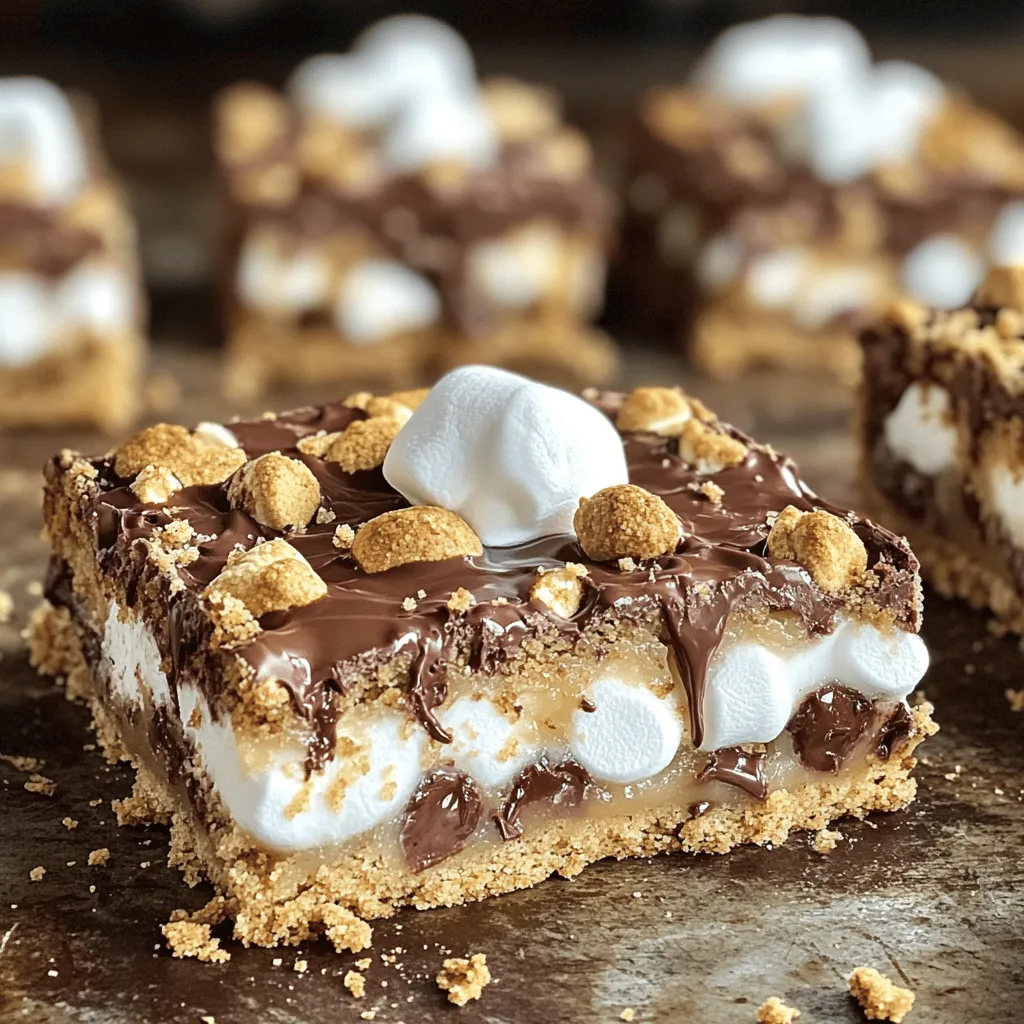 To make S'more Cookie Bars, you need a few key ingredients that come together to create a sweet treat. Here’s what you’ll need: - Butter, sugars, and eggs - 1 cup (226g) unsalted butter, softened - 1 cup (220g) packed brown sugar - 1/2 cup (100g) granulated sugar - 2 large eggs, at room temperature - Dry ingredients: flour, baking powder, baking soda, and salt - 2 1/2 cups (312g) all-purpose flour - 1 teaspoon baking powder - 1/2 teaspoon baking soda - 1/4 teaspoon salt - Mix-ins: chocolate chips, mini marshmallows, and graham cracker crumbs - 1 cup (175g) chocolate chips - 1 cup (about 50g) mini marshmallows - 1/2 cup (50g) graham cracker crumbs (plus extra for topping) These ingredients work together to give the bars their rich flavor and chewy texture. The butter and sugars create a sweet base, while the chocolate chips and marshmallows add gooey goodness. The graham cracker crumbs bring that classic S'mores taste. For the full recipe, check out the details! First, preheat your oven to 350°F (175°C). This helps your bars bake evenly. Next, prepare a 9x13 inch baking pan. You can grease it with butter or line it with parchment paper. Lining the pan makes it easy to remove the bars later. In a large mixing bowl, combine 1 cup of softened butter, 1 cup of brown sugar, and 1/2 cup of granulated sugar. Use a hand mixer or stand mixer on medium speed. Mix until the mixture is light and fluffy, about 2-3 minutes. Then, add 2 large eggs, one at a time. Make sure to mix well after each egg. Finally, stir in 1 teaspoon of pure vanilla extract until everything is smooth. In a separate bowl, whisk together 2 1/2 cups of all-purpose flour, 1 teaspoon of baking powder, 1/2 teaspoon of baking soda, and 1/4 teaspoon of salt. This step ensures your dry ingredients are evenly mixed. Gradually add this dry mixture into the wet mixture. Stir gently with a spatula until no flour streaks remain. Be careful not to overmix. Now, fold in 1 cup of chocolate chips, 1 cup of mini marshmallows, and 1/2 cup of graham cracker crumbs. Mix until everything is well-distributed. Save about 1/4 of the dough for later. Spread the remaining dough evenly in your prepared baking pan. Press it down to create a smooth layer. Now, you can sprinkle a layer of mini marshmallows and chocolate chips over the bottom layer of dough. Finally, take your reserved dough and crumble it over the top. Your S'more Cookie Bars are almost ready to bake! To get the best texture for your S'more cookie bars, focus on your mixing. Cream the butter and sugars until light and fluffy. This step adds air to your dough. It helps create a soft and chewy bar. Avoid overmixing when you add the dry ingredients. Mixing just until combined ensures a tender texture. Baking at the right temperature is key. Preheat your oven to 350°F (175°C). Bake the bars for 25-35 minutes. Keep an eye on them. You want the edges to turn golden brown. The center should feel firm when you touch it. If your oven runs hot, check them a few minutes early. Serve your S'more cookie bars warm for a gooey treat. You can drizzle melted chocolate on top for extra flair. A dollop of whipped cream adds a nice touch. Finish with a sprinkle of graham cracker crumbs for crunch. For the full recipe, check the earlier sections. Enjoy the sweet, campfire-like taste! {{image_4}} You can change the mix-ins to fit your taste. Try using peanut butter chips instead of chocolate chips. You can also add chopped nuts for a crunchy bite. If you love fruit, toss in dried cherries or cranberries for a sweet twist. Swap the marshmallows for caramel bits for a gooey treat. Each mix-in gives a new flavor. If you want a gluten-free version, use gluten-free flour. Check that your chocolate chips are dairy-free for a vegan choice. For the butter, you can use coconut oil or a vegan butter substitute. Replace the eggs with flaxseed meal or applesauce. These swaps keep the great taste while making it suitable for everyone. Seasonal flavors can make these bars even more special. In fall, add pumpkin spice to the dough for a cozy vibe. In winter, mix in peppermint extract and crushed candy canes for a festive touch. For summer, use fresh berries instead of chocolate. Each season lets you play with flavors and create unique bars. To keep your S'more cookie bars fresh, store them in an airtight container. This helps maintain their soft texture and flavor. Place a piece of parchment paper between layers to prevent sticking. These bars stay tasty at room temperature for up to three days. For longer storage, refrigeration works well, extending their shelf life to about a week. You can freeze S'more cookie bars for later enjoyment. First, let them cool completely. Then, cut the bars into pieces. Wrap each piece in plastic wrap, then place them in a freezer-safe bag. They can last up to three months in the freezer. To enjoy, simply thaw them overnight in the fridge or at room temperature for a few hours. To enjoy your S'more cookie bars warm, preheat your oven to 350°F (175°C). Place the bars on a baking sheet. Heat for about 10 minutes, just until warmed through. You can also microwave them for about 15-20 seconds. This will make the chocolate melt slightly, giving that fresh-baked feel. Serve with a scoop of ice cream for an extra treat! You can use applesauce or mashed bananas as a substitute for eggs. Use 1/4 cup of applesauce or 1/2 a mashed banana for each egg. This will keep your bars moist. You can also try using flaxseed meal. Mix 1 tablespoon of flaxseed meal with 2.5 tablespoons of water. Let it sit for a few minutes to thicken. This mix works well in baking. Yes, you can use any type of chocolate you like. Milk, dark, or white chocolate all taste great. You can also mix them for a fun twist. Chopping chocolate bars into chunks adds a rustic feel. Remember to keep the chocolate pieces large so they melt beautifully while baking. You can cut the bars into fun shapes using cookie cutters. Serve them warm with a scoop of ice cream on top. Drizzle melted chocolate over the bars for extra flair. You can also add a sprinkle of sea salt to enhance the flavor. For a fun twist, pair the bars with fresh fruit like strawberries or raspberries. Check out the Full Recipe for more tips! In this article, we explored the simple yet delightful path to making S'more Cookie Bars. We covered the key ingredients, from butter and sugars to those tempting mix-ins like chocolate chips and graham cracker crumbs. I shared step-by-step instructions to guide you in baking these treats. We also discussed tips for achieving the right texture and presented fun variations. As you bake, remember that creativity can elevate your bars. Enjoy experimenting, and share your tasty creations with friends. Happy baking!