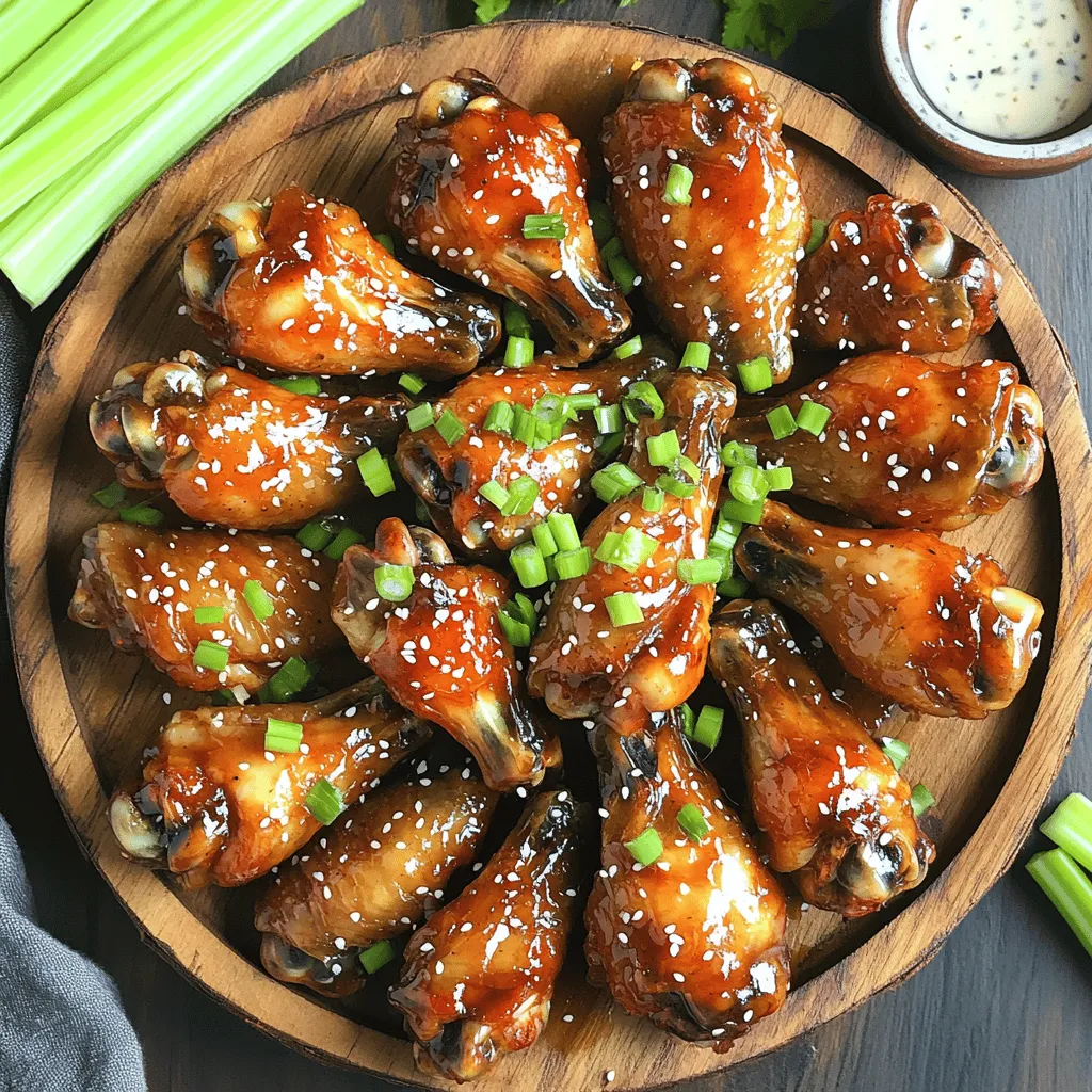 - 2 lbs chicken wings, tips removed - 1/4 cup honey, preferably raw - 1/4 cup low-sodium soy sauce - 5 cloves garlic, finely minced - 1 teaspoon fresh ginger, grated - 1 tablespoon sesame oil - 1 teaspoon freshly cracked black pepper - 1/2 teaspoon red pepper flakes (optional for heat) - Freshly chopped green onions for garnish - Toasted sesame seeds for garnish These ingredients come together to create a tasty dish. The chicken wings are the star here. Choose fresh wings for the best flavor. The honey gives a sweet touch, while soy sauce adds depth. Garlic and ginger kick up the taste, and sesame oil gives a nice finish. If you like it hot, add red pepper flakes! For garnishes, green onions add color and crunch. Toasted sesame seeds bring a nutty flavor. Together, they make the dish pop on the plate. You can mix and match these ingredients to suit your taste. Enjoy the cooking! Start with fresh chicken wings. Rinse them under cold water. This helps clean them. Next, pat them dry with paper towels. This step is key. Removing moisture helps them cook crispy. Make sure the wings are dry before moving on. In a medium bowl, combine the following ingredients: - 1/4 cup honey, preferably raw - 1/4 cup low-sodium soy sauce - 5 cloves garlic, finely minced - 1 teaspoon fresh ginger, grated - 1 tablespoon sesame oil - 1 teaspoon freshly cracked black pepper - 1/2 teaspoon red pepper flakes (optional for heat) Whisk these ingredients together. Mix until they blend well. This sauce adds flavor and glaze to the wings. Place the chicken wings in a large bowl. Pour the honey garlic sauce over them. Toss the wings gently to coat them. Make sure every wing is covered. To get the best flavor, cover the bowl. Let it marinate in the fridge for at least 30 minutes. For a richer taste, marinate them overnight. This step really boosts the flavor! Preheating your air fryer is key for great wings. Set it to 400°F (200°C) and let it heat for about 5 minutes. This helps the wings cook evenly and get that nice crisp. After marinating, take the wings out of the bowl. Let any extra sauce drip off. Place the wings in a single layer in the air fryer basket. If you have a lot of wings, cook them in batches. This makes sure each wing gets enough hot air to crisp up. Cook the wings at 400°F (200°C) for 25 to 30 minutes. Halfway through cooking, flip the wings to help them brown evenly. You want them crispy and golden. When they are done, they will smell amazing and look delicious! {{image_4}} To get your chicken wings nice and crispy, start by drying them well. After rinsing, use paper towels to remove all moisture. The dryer the wings, the better they crisp up. Another key step is to preheat your air fryer. Set it to 400°F (200°C) for five minutes before cooking. This helps start the cooking process right. You can change the flavor of your wings by adjusting the sauce. If you want a sweeter taste, add more honey. For a savory kick, increase the soy sauce. Want them spicy? Just add more red pepper flakes. Play around with the ingredients until you find what you love. Don’t waste that leftover marinade! After cooking, pour it into a saucepan. Heat it over medium heat until it simmers and thickens. This makes a great glaze for your wings. Drizzle it on right after they cook for extra flavor. You can also use it as a dipping sauce. Just make sure to boil it first to ensure it’s safe to eat. Want a kick in your wings? Add some heat with a simple twist. Just mix in 1 teaspoon of cayenne pepper or 1 tablespoon of sriracha sauce to the honey garlic sauce. This adds spice without losing that sweet flavor. Toss your wings in this spicy mix and air fry as usual. You’ll enjoy a tasty blend of sweet and spicy. If you have little ones, you can make these wings sweeter. Use 1/2 cup of honey instead of 1/4 cup. Skip the red pepper flakes to keep things mild. Your kids will love the extra sweetness. These wings are great for family dinners or game day snacks. Everyone will be asking for more! For a more unique twist, add Asian flavors. Mix in 1 tablespoon of hoisin sauce and a splash of rice vinegar to the honey garlic sauce. This gives your wings a rich, tangy taste. You can also add a sprinkle of five-spice powder for an extra layer of flavor. Serve with a side of sesame dipping sauce for a complete experience. After cooking, let your honey garlic chicken wings cool. Place them in an airtight container. Store in the fridge for up to four days. This keeps your wings fresh and tasty. To freeze, wrap the cooled wings in plastic wrap. Place them in a freezer-safe bag or container. They can last for up to three months. Thaw them in the fridge before reheating. To reheat, use the air fryer for extra crispiness. Preheat it to 350°F (175°C). Cook the wings for about 5-10 minutes. Alternatively, you can use the oven at 350°F. Bake for 15-20 minutes. This way, your wings stay juicy and delicious. Yes, you can use frozen wings! However, you need to thaw them first. To do this, leave them in the fridge overnight or put them in a sealed bag and submerge them in cold water for about 30 minutes. Once thawed, follow the same steps in the recipe. Keep in mind that cooking time might be slightly longer, so check for doneness. If you don’t have an air fryer, you can bake the wings in the oven. Preheat your oven to 425°F (220°C). Arrange the wings on a baking sheet lined with parchment paper. Bake them for 40-45 minutes, flipping halfway through. For extra crispiness, broil them for the last 2-3 minutes. Keep a close eye so they don’t burn! These wings are tasty on their own, but dipping sauces can add more flavor. Here are some great options: - Ranch dressing for a creamy taste. - Blue cheese dressing for a tangy kick. - Sriracha for a spicy touch. - Soy sauce mixed with a dash of lime for a fresh twist. Experiment with these to find your favorite combo! We covered all you need for delicious honey garlic chicken wings. You learned about ingredients, cooking steps, and helpful tips. Remember to marinate your wings for extra flavor. Don't forget to experiment with variations for new tastes. Store your leftovers the right way to enjoy later. Now, go ahead and make these wings for your next meal. You'll impress everyone with your tasty dish!