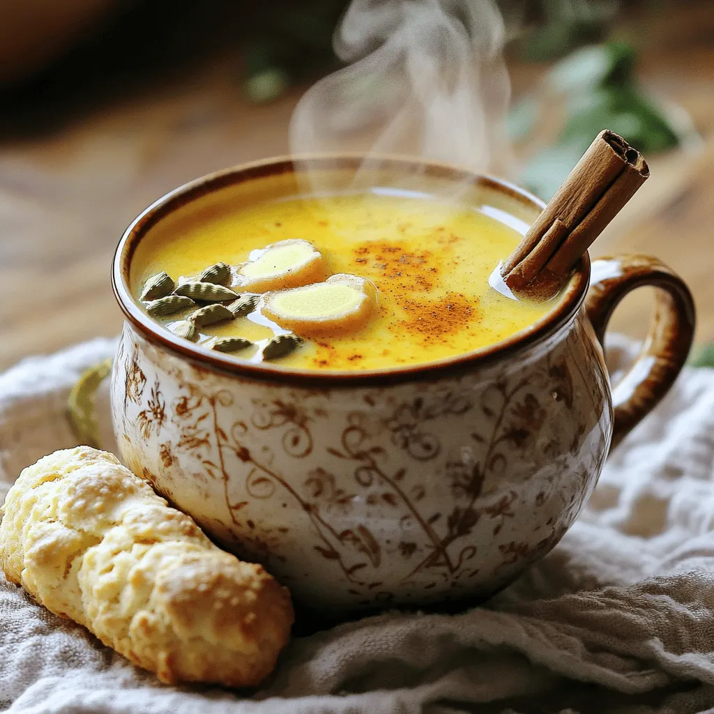 To make real masala chai, you need a few key items. Here’s what you’ll need: - 2 cups water - 1 cup milk (you can use whole, almond, or any non-dairy type) - 2 tablespoons loose black tea (try Assam or Darjeeling) - 1-2 tablespoons sugar (adjust to your taste) - 1 cinnamon stick - 4-5 green cardamom pods, lightly crushed - 4-5 black peppercorns - 1 piece of fresh ginger (about 1 inch), thinly sliced - 2-3 whole cloves These ingredients come together to create a rich and warming drink. You can add some extra flavors to your masala chai. Here are some options: - A pinch of nutmeg for warmth - A few bay leaves for depth - Aniseed for a unique twist - Vanilla extract for sweetness Feel free to experiment with these options. They can elevate your chai to new levels. Choosing the right tea is key for great masala chai. Here’s how to pick the best: - Look for loose leaf tea instead of tea bags for better flavor. - Select strong black tea varieties like Assam or Darjeeling. - Check the freshness; older tea can lose its bold taste. A good quality tea will make your masala chai truly shine. For the complete recipe, refer to the Full Recipe section. First, take a medium saucepan and add 2 cups of water. Place it on medium heat. Wait for the water to boil. As soon as it bubbles, add the sliced ginger, crushed cardamom pods, black peppercorns, whole cloves, and the cinnamon stick. Turn the heat down a bit. Let the mix simmer for about 5 minutes. This makes the spices release their flavors. Now, stir in 2 tablespoons of loose black tea. Let it steep for 2-3 minutes. You can adjust this time based on how strong you want your chai. Keep in mind, a longer steep means a stronger flavor. The tea and spices blend together nicely during this step. Next, slowly add your choice of milk. You can use whole milk, almond milk, or any non-dairy milk. Increase the heat slightly and bring it back to a gentle boil. Once it's bubbling, add 1-2 tablespoons of sugar. Stir until it dissolves completely. Let it simmer for another 2-3 minutes. This helps to blend all the flavors. Finally, remove it from heat and strain the chai into cups using a fine mesh strainer. Serve it hot! You can enjoy your masala chai with biscuits or savory snacks for a great treat. For the full recipe, check out Spiced Delight: Authentic Masala Chai. To make great masala chai, you need the right balance of spices. Start with the basics: ginger, cardamom, and cinnamon. These spices give chai its warm and inviting flavor. You can adjust the amounts based on your taste. If you like it spicy, add more ginger and black pepper. For a sweeter taste, use extra cardamom. Play with the spices until you find your perfect mix. The way you brew your chai can change its taste. Start by boiling the water with the spices first. This step releases their flavors. After that, add the tea leaves. Let them steep for 2-3 minutes. If you want a stronger chai, steep the tea longer. Remember, the longer it brews, the more flavor you will get. Finally, always add the milk after the tea has steeped. This helps keep the chai creamy and rich. Many people make simple mistakes when making masala chai. One common mistake is not boiling the spices long enough. This can lead to a weak flavor. Another mistake is adding the milk too early. Always wait until after the tea has steeped. Also, be careful with the sugar. Start with a little and taste as you go. You can always add more, but you can't take it out. Following these tips will help you create a perfect cup of masala chai every time. For a detailed recipe, check the Full Recipe. {{image_4}} You can change the spices in masala chai to fit your taste. Instead of ginger, try using fennel seeds for a sweet touch. Replace cardamom with star anise for a bold flavor. You can even add turmeric for a warm color and health boost. Each spice brings a new twist to your drink. Masala chai usually uses whole milk for creaminess. However, you can swap it for almond, oat, or soy milk. Each option brings its own flavor. Almond milk gives a nutty taste, while oat milk adds a creamy feel. Experiment to find the best match for your palate. Seasonal chai recipes make each season special. In winter, add a pinch of nutmeg or a splash of vanilla for warmth. In summer, try iced masala chai. Just brew your chai, cool it, and serve over ice. You can garnish with mint leaves for a refreshing twist. Enjoy the flavors of the season with every sip! To keep your leftover masala chai fresh, pour it into a clean container. Make sure it has a tight lid. Place it in the fridge. Use it within two days for the best flavor. This way, you can enjoy your chai later without losing its taste. For the freshest masala chai, always brew it right before serving. Use fresh spices and loose black tea for maximum flavor. If you want to make a larger batch, use the Full Recipe. Always measure your ingredients accurately. This helps create the perfect balance of flavors. When reheating masala chai, do it slowly on the stove. Avoid the microwave, as it can change the taste. Heat it until it's warm, but don’t let it boil again. This keeps the spices and flavors intact. Stir well before serving to blend everything nicely. Authentic masala chai is a spiced tea from India. It blends black tea with milk and spices. The spices usually include cardamom, cinnamon, ginger, and cloves. Each family has its own special recipe. You can adjust the spice levels to fit your taste. Masala chai is warm, rich, and comforting, perfect for any time of day. Yes, you can make masala chai without milk. Use water instead to keep it dairy-free. The taste will differ, but it can still be flavorful. You can also try plant-based milk like almond or oat. These options add a unique twist. Adjust the spices to keep the drink delicious. You can find authentic masala chai ingredients at local Indian grocery stores. Most stores stock spices like cardamom, cloves, and cinnamon. You can also buy loose black tea, such as Assam or Darjeeling, there. For convenience, shop online for specialty items. Websites often offer fresh spices. Check for quality and freshness to ensure the best flavor in your chai. For the complete recipe, see the [Full Recipe]. Masala chai is a delightful drink, rich in flavor and tradition. We explored essential and optional ingredients, ensuring a perfect blend. I shared step-by-step instructions for brewing and tips to enhance your chai experience. You can add your personal touch through variations and learn how to store it properly. Remember, good masala chai comes from using quality ingredients and avoiding common mistakes. Enjoy experimenting with your own recipes and savor each sip of this comforting beverage.