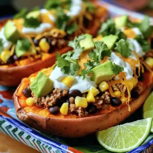 - 4 medium sweet potatoes - 1 pound ground turkey or beef - 1 can (15 oz) black beans, drained and rinsed - 1 cup corn kernels (can be fresh or frozen) - 1 packet taco seasoning (about 1 ounce) - 1 cup diced tomatoes (fresh or canned) - 1 ripe avocado, diced - ½ cup shredded cheese (cheddar or Mexican blend recommended) - ¼ cup sour cream or Greek yogurt - Fresh cilantro, chopped (for garnish) - Lime wedges (for serving) - Olive oil for brushing - Salt and pepper, to taste Taco stuffed sweet potatoes are a healthy choice. Each serving has protein, fiber, and vitamins. Sweet potatoes are high in Vitamin A. Ground turkey offers lean protein, while beans and corn add fiber. Avocado provides healthy fats. This balance keeps you full and satisfied. To make this recipe, you will need: - A baking sheet for the sweet potatoes - A skillet for cooking the meat - A spoon or spatula for mixing - A sharp knife for slicing the sweet potatoes - A fork for piercing the sweet potatoes - Measuring cups for easy portioning - A cutting board for safe prep These tools help ensure a smooth cooking process. They also make your kitchen work more efficient. Enjoy cooking and have fun with your taco stuffed sweet potatoes! First, you need to preheat your oven. Set it to 400°F (200°C). While the oven warms up, wash the sweet potatoes under running water. Take a fork and poke each potato several times. This step helps steam escape while they bake. Place the sweet potatoes on a baking sheet. Brush them lightly with olive oil and sprinkle some salt on top. While the sweet potatoes bake, grab a skillet and heat it over medium heat. Add one pound of ground turkey or beef. Use a spoon to break the meat into small bits. Cook it for about 5 to 7 minutes. You want it to be browned and fully cooked. If there's excess fat, drain it off. Next, stir in taco seasoning, black beans, corn, and diced tomatoes. Let this mixture cook for another 5 to 10 minutes. Stir it occasionally until everything is hot and mixed well. When the sweet potatoes are soft, take them out of the oven. Let them cool for a few minutes. Then, carefully slice each potato in half lengthwise. Use a spoon to scoop out a little bit of the flesh. This creates space for the tasty filling. Now, spoon the meat mixture into each half, filling them nicely. Top them with shredded cheese and put them back in the oven for 5 more minutes. The cheese will melt and bubble. Finally, add diced avocado and a drizzle of sour cream or Greek yogurt on top. Sprinkle fresh cilantro for a finishing touch, and serve them hot with lime wedges. You can mix things up with different proteins. Try shredded chicken or even lentils for a meatless option. You can also swap black beans for pinto beans or chickpeas. For a spicy kick, add jalapeños to the meat mixture. Consider using different spices, like chili powder or cumin, to change the flavor. You can also use quinoa in place of beans for extra texture and protein. Cooking sweet potatoes is easy. First, choose medium-sized sweet potatoes for even cooking. Wash them well to remove dirt. Use a fork to poke holes all over. This lets steam escape while baking. Bake them at 400°F (200°C) for 45-60 minutes. They should be soft when done. You can check doneness by inserting a fork. If it goes in easily, they are ready to fill! Toppings make the dish fun and tasty. Diced avocado adds creaminess. Sour cream or Greek yogurt gives a nice tang. Shredded cheese melts beautifully over the hot potatoes. Fresh cilantro brightens up the flavors. Consider squeezing fresh lime juice on top for extra zest. You can also add salsa for a burst of flavor. Each topping adds a unique touch to your taco stuffed sweet potatoes. {{image_4}} You can easily make this dish meat-free. Instead of using ground turkey or beef, try using lentils or quinoa. These options add protein and texture. You could also add chopped mushrooms or tempeh for a heartier mix. Just make sure to use the taco seasoning to keep that great flavor. For a low-carb twist, skip the sweet potatoes. Use bell peppers or zucchini boats instead. Cut them in half, scoop out the seeds, and fill them with your taco mixture. Bake them until tender. This keeps the dish light but full of flavor. Don’t feel stuck with just one protein. Ground chicken or shrimp work great too. If you want a plant-based option, try black beans or chickpeas. Each protein brings its own unique taste. Mix and match to find your favorite flavor combinations! You can store leftover taco stuffed sweet potatoes in an airtight container. Make sure they cool down first. They will stay fresh in the fridge for about 3 to 5 days. If you want to keep them longer, freezing is a great option. To reheat, place the stuffed sweet potatoes in the microwave. Heat them for about 2-3 minutes on high, or until warm. You can cover them with a damp paper towel to keep them moist. If you prefer the oven, preheat to 350°F and bake for 15-20 minutes. This method will keep the sweet potatoes nice and soft. If you freeze the taco stuffed sweet potatoes, wrap each one in foil or plastic wrap. Store them in a freezer-safe bag or container. They can last for up to 2 months in the freezer. To thaw, place them in the fridge overnight. You can then reheat them as mentioned above. Yes, you can prepare Taco Stuffed Sweet Potatoes ahead of time. Bake the sweet potatoes and cook the filling. Store each part in separate containers. When you are ready to eat, just reheat them in the oven. This method keeps the flavors fresh and tasty. You can save time on busy days with this easy prep. You can add many tasty ingredients to the filling. Here are some ideas: - Chopped bell peppers - Diced onions - Jalapeños for heat - Olives for a briny touch - Quinoa for extra protein - Different beans like pinto or kidney beans Feel free to get creative! Mix and match based on what you like or have at home. To add some heat to your Taco Stuffed Sweet Potatoes, try these tips: - Use spicy taco seasoning instead of regular. - Add fresh jalapeños or serrano peppers to the meat mix. - Stir in hot sauce or chili powder while cooking the filling. - Top with a spicy salsa or pico de gallo before serving. Adjust the spice level to your taste. Enjoy the kick! In this article, we explored how to make Taco Stuffed Sweet Potatoes. We covered the key ingredients, nutritional facts, and tools you need. You learned step-by-step instructions for cooking and assembling. Plus, I shared helpful tips and variations to suit your taste. Remember, these tasty meals are easy to store and reheat. You can customize them to fit your diet. Enjoy cooking, experimenting, and sharing this delicious recipe!