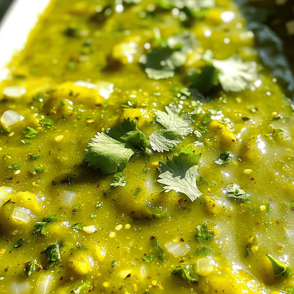 - 5-6 fresh Hatch chiles, roasted and peeled - 2 tablespoons olive oil - 1 medium onion, finely chopped - 3 cloves garlic, minced - 1 teaspoon ground cumin - 1 teaspoon smoked paprika - 2 cups vegetable broth - 1 tablespoon lime juice - Salt and pepper to taste - 1 teaspoon sugar (optional) - Baking sheet - Medium saucepan - Immersion blender (optional) - Plastic wrap - Prep Time: 10 min - Cook Time: 25 min - Total Time: 35 min - Servings: 4 cups This recipe for quick and easy Hatch Chile enchilada sauce is simple. You need fresh Hatch chiles for the best flavor. These chiles are mild but full of taste. Roasting them brings out their sweet, smoky notes. I suggest using a baking sheet to roast them evenly. You can also prepare your cooking tools ahead. A medium saucepan is essential for mixing ingredients. An immersion blender can help you achieve a smooth texture. If you don’t have one, a regular blender works too. Just let the sauce cool a bit before blending. The sauce makes about 4 cups. This is perfect for several meals. You can use it for enchiladas, tacos, or even as a dip. The lime juice adds a bright kick. If you like it sweeter, a teaspoon of sugar can balance the flavors. For the full recipe, you can check the detailed steps later on. Enjoy the process and get creative! - Roast the chiles until blistered and charred. - Steam and peel the skins, then remove seeds. Start by preheating your oven to 400°F. Place the fresh Hatch chiles on a baking sheet. Roast them for 15 to 20 minutes. Turn them occasionally. Look for blistered and charred skins. Once they are done, put them in a bowl. Cover the bowl tightly with plastic wrap. This helps steam the chiles for about 10 minutes. When they are cool enough to handle, peel off the skins. Remove the seeds and chop the chiles finely. - Sauté onions and garlic in olive oil. - Add spices and chopped chiles. In a medium saucepan, heat 2 tablespoons of olive oil over medium heat. Add the finely chopped onion. Cook for about 5 minutes. Stir often until the onion is soft and clear. Next, add 3 cloves of minced garlic. Cook for another minute. Make sure the garlic smells nice but does not burn. Now, mix in the chopped Hatch chiles, 1 teaspoon of ground cumin, and 1 teaspoon of smoked paprika. Cook this for 2 to 3 minutes. This lets the flavors blend well together. - Simmer with vegetable broth. - Adjust seasoning and blend to desired consistency. Pour in 2 cups of vegetable broth. Turn up the heat to bring it to a gentle simmer. Let it cook for 10 to 15 minutes. Stir occasionally. The sauce should thicken and become rich in flavor. After that, remove the saucepan from the heat. Stir in 1 tablespoon of fresh lime juice. Taste the sauce and add salt and pepper as needed. If you like, add 1 teaspoon of sugar to balance the acidity. For a smooth sauce, use an immersion blender. Blend until you reach your desired consistency. You can also leave it slightly chunky if you prefer more texture. For the full recipe, check out Quick & Easy Hatch Chile Enchilada Sauce. To roast your chiles evenly, place them on a baking sheet. Turn them often while they roast. This way, all sides get blistered and charred. You can also use a grill or broiler for roasting. If you use a grill, set it to medium heat. For a broiler, keep it on high and watch closely. Both methods work well to bring out great flavor. Want to change the heat? To make your sauce spicier, add more roasted chiles. For a milder sauce, remove the seeds and membranes. You can also swap Hatch chiles for other chiles. Try jalapeños for heat or poblanos for a milder taste. Store your enchilada sauce in an airtight container. It keeps well in the fridge for up to one week. To reheat, pour it into a saucepan. Heat it over low heat, stirring often. This helps to keep the flavor rich and vibrant. If you have leftovers, use them in soups or as a dip. {{image_4}} You can make this sauce even better! Try adding chopped tomatoes or tomatillos. These will add freshness and a nice tang. Just toss them in with the chiles when cooking. You can also mix in herbs like cilantro or oregano. Fresh herbs will brighten the sauce. Dried herbs can work too, but use less. Experiment with spices as well. Try adding chili powder for more heat or coriander for a hint of sweetness. Want to make it gluten-free? This recipe is already good for you! Just check your broth for gluten. For a vegan version, use vegetable broth and skip any animal products. You can also make a low-sodium sauce. Simply choose low-sodium broth and use less salt. This helps keep it tasty without the extra sodium. There are many ways to enjoy this sauce! Of course, it’s perfect for enchiladas. Just pour it over your rolled tortillas, add cheese, and bake. You can also use it as a dip. Serve it with tortilla chips or fresh veggies. It pairs well with rice or beans too. Try drizzling it over grilled chicken or fish for a zesty kick. The flavors work in many dishes! For the full recipe, check out the Quick & Easy Hatch Chile Enchilada Sauce! You can store the enchilada sauce in the fridge for up to one week. To keep it fresh, use an airtight container. Glass jars or plastic containers work great. Make sure the lid seals tightly to prevent air from getting in. To freeze the sauce, pour it into freezer-safe bags or containers. Leave some space at the top to allow for expansion. When you want to use it, thaw the sauce in the fridge overnight or warm it gently in a pot. The sauce can last up to three months in the freezer. You can use leftover enchilada sauce in many ways. It makes a great dip for chips or veggies. Try adding it to soups or stews for extra flavor. You can also drizzle it over grilled meats or roasted veggies. The possibilities are endless! Yes, you can use dried Hatch chiles, but the flavor will change. Fresh chiles have a vibrant taste, while dried chiles are deeper and smokier. If you use dried chiles, soak them in hot water for about 30 minutes. This will help soften them before blending. The sauce might not be as bright, but it will still be tasty. If you want a thicker sauce, try these tips: - Simmer longer: Cook the sauce for a few extra minutes to reduce it. - Add a thickener: You can mix in a bit of cornstarch or flour. Mix one tablespoon with cold water first, and then stir it in. - Blend less: If you blend the sauce, stop before it gets too smooth. A little texture can help it feel thicker. This sauce is not just for enchiladas! Here are some fun ideas: - Pour it over tacos for a spicy kick. - Use it as a topping for burritos or quesadillas. - Serve it as a dip with tortilla chips or veggies. - Drizzle it over grilled chicken or fish for extra flavor. Feel free to explore and get creative with this sauce! For the complete recipe, check out the Full Recipe section. In this article, we covered how to create a delicious enchilada sauce using fresh Hatch chiles. You learned about the ingredients, cooking tools, and step-by-step instructions. We also explored tips for roasting chiles, adjusting spice levels, and storage ideas. Finally, we discussed ways to customize the sauce and various dishes to pair it with. Enjoy making this sauce and tasting the flavors it brings to your meals!