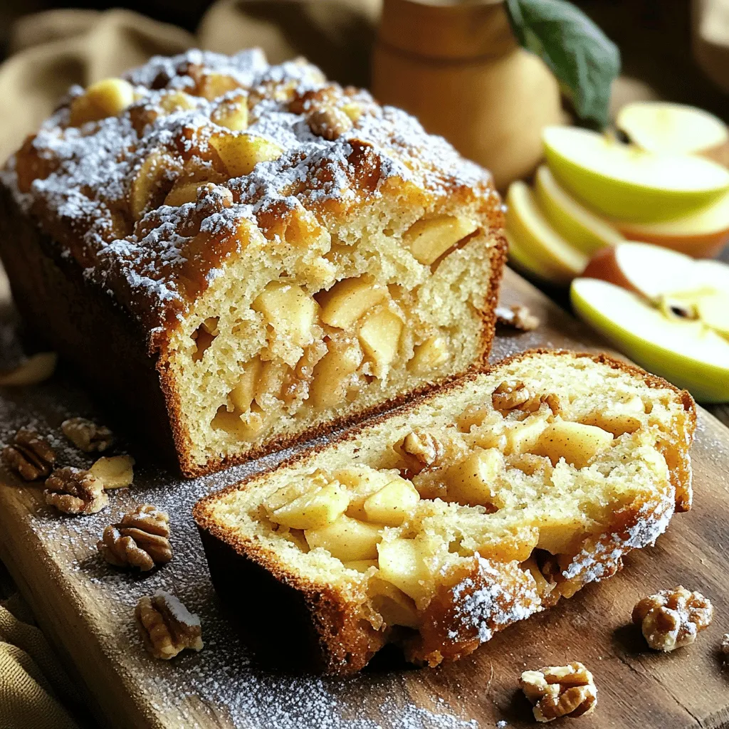 To make Country Apple Fritter Bread, gather these simple items: - 2 cups all-purpose flour - 1 tablespoon baking powder - 1/2 teaspoon baking soda - 1/2 teaspoon salt - 1 teaspoon ground cinnamon - 1/2 teaspoon ground nutmeg - 1/2 cup granulated sugar - 1/3 cup packed brown sugar - 1/4 cup unsalted butter, melted - 2 large eggs - 1 cup buttermilk - 2 cups apples, peeled and diced (about 2 medium apples) - 1/2 cup chopped walnuts or pecans (optional) - 1 tablespoon lemon juice - 1 teaspoon vanilla extract - 1/4 cup powdered sugar (for glaze) - 1-2 tablespoons milk (for glaze) You can enhance the flavor with some fun add-ins: - 1/2 cup raisins or dried cranberries - 1 teaspoon orange zest for a citrus twist - 1/2 teaspoon ground ginger for added warmth If you need to swap ingredients, here are some ideas: - Use whole wheat flour for a healthier option. - Swap buttermilk with regular milk mixed with 1 teaspoon of vinegar. - Replace apples with pears or peaches for a different taste. - Use coconut oil instead of unsalted butter for a dairy-free choice. These tweaks can help fit your tastes and needs while keeping the bread delicious. Happy baking! First, you need to preheat your oven. Set it to 350°F (175°C). This step ensures that the bread bakes evenly. While the oven warms up, grab a 9x5-inch loaf pan. Grease it well to stop the bread from sticking. A little butter or cooking spray works great. In a large bowl, gather your dry ingredients. You will need: - 2 cups all-purpose flour - 1 tablespoon baking powder - 1/2 teaspoon baking soda - 1/2 teaspoon salt - 1 teaspoon ground cinnamon - 1/2 teaspoon ground nutmeg - 1/2 cup granulated sugar - 1/3 cup packed brown sugar Whisk these together until they blend well. This helps to avoid lumps and makes the bread fluffy. Next, find another bowl for your wet ingredients. Whisk together: - 1/4 cup unsalted butter, melted - 2 large eggs - 1 cup buttermilk - 1 tablespoon lemon juice - 1 teaspoon vanilla extract Mix until it’s smooth. This step adds moisture and flavor to your bread. Now, it's time for the fun part! Add your apples and nuts to the batter. Use about: - 2 cups apples, peeled and diced - 1/2 cup chopped walnuts or pecans (optional) Gently fold these into the mixture using a spatula. Be careful not to mash the apples. You want them to stay chunky for bites of delicious fruit. Next, pour the batter into your prepared loaf pan. Spread it evenly in the pan. Smooth the top with your spatula. Place it in the preheated oven and bake for 55 to 65 minutes. To check if it's done, insert a toothpick into the center. If it comes out clean, your bread is ready! After baking, let the bread cool in the pan for about 10 minutes. Then, carefully remove it from the pan and place it on a wire rack. Allow it to cool completely. For the glaze, mix: - 1/4 cup powdered sugar - 1-2 tablespoons milk Whisk until smooth, then drizzle it over the cooled bread. This glaze adds a sweet finish that makes the bread even more special. To get the best texture, it is key to mix well but not too much. When you combine the dry and wet ingredients, stir gently. You want the batter to be lumpy, not smooth. This helps keep the bread light and fluffy. Also, be sure to use fresh apples. They add moisture and flavor, making every bite enjoyable. One mistake is overmixing the batter. This can lead to dense bread. Another common error is using old baking powder or baking soda. Always check the dates on your ingredients. If they are expired, your bread may not rise well. Lastly, don’t skip the cooling step. If you cut the bread too soon, it may crumble. Serve this bread warm for the best taste. You can slice it and add a pat of butter. For a special touch, drizzle some glaze over each slice. Pair it with coffee or tea for a cozy treat. You can also garnish with fresh apple slices. This makes it look nice and adds extra flavor. {{image_4}} You can choose many apples for this bread. Each type brings a unique taste. I like using Granny Smith apples. They add a nice tartness. Honeycrisp apples also work well for their sweet crunch. Fuji apples give a great balance of sweet and juicy. You can mix different apples too. This adds depth to the flavor. Just remember to peel and dice them before adding them to the batter. If you need a nut-free option, it's easy! Just skip the nuts in the recipe. The bread will still taste great without them. You can replace them with more apples if you want. This will keep the bread moist and delicious. Or, you could add some raisins or dried cranberries for extra sweetness and texture. To make this bread gluten-free, use a gluten-free flour blend. Make sure it has xanthan gum. This helps mimic the texture of regular flour. Swap out the all-purpose flour with the blend in a 1:1 ratio. The taste may slightly change, but it will still be tasty. You may need to adjust the baking time. Keep an eye on the bread while it bakes, and do the toothpick test to check for doneness. To keep your Country Apple Fritter Bread fresh, store it in an airtight container. Place a piece of parchment paper between slices to prevent sticking. You can keep it at room temperature for up to three days. If you want to keep it longer, the fridge is a good option. It can last for about a week in the fridge. Just make sure to seal it well to avoid drying out. Freezing is a great way to save this bread for later. Slice the bread first, then wrap each slice in plastic wrap. Place the wrapped slices in a freezer bag. Remove as much air as you can before sealing. This bread will freeze well for up to three months. When you’re ready to enjoy it, just thaw it overnight in the fridge. For the best taste, reheat the bread in the oven. Preheat your oven to 350°F (175°C). Place the slices on a baking sheet and warm them for about 10 minutes. You can also use the microwave for quick warming. Heat each slice for about 15-20 seconds. Just be careful not to overheat, or it may become tough. Enjoy the warm, sweet aroma as it fills your kitchen! Country Apple Fritter Bread stands out due to its sweet and spiced flavor. It combines apples with a soft, moist bread and a sweet glaze. The spices like cinnamon and nutmeg give it warmth. This bread captures the essence of classic apple fritters but in a sliceable form. You get the joy of apple fritters without the frying. Yes, you can use other fruits. Pears, peaches, or berries work well too. Just make sure to adjust the amount. Use about 2 cups like with the apples. The cooking time may change slightly based on the fruit's moisture. This bread stays fresh for about 3 to 4 days at room temperature. Store it in an airtight container to keep it moist. You can also keep it in the fridge for up to a week. If you want it to last longer, freeze it! You can use whole wheat flour instead of all-purpose flour. The texture will be denser, but it adds a nice nutty flavor. Start with a 50-50 mix of whole wheat and all-purpose flour. This way, you keep some lightness in the bread while boosting nutrients. You can check if the bread is done by inserting a toothpick into the center. If it comes out clean, the bread is ready. You can also gently press the top; it should spring back. If it leaves an imprint, it needs more time. This blog post covered how to make country apple fritter bread. We discussed the key ingredients and optional add-ins. You now know the step-by-step process and tips to avoid common mistakes. We also explored different variations like nut-free and gluten-free options. Lastly, we reviewed how to store and reheat the bread. Making this bread can be fun and rewarding. With the right ingredients and a bit of care, you’ll enjoy a tasty treat!